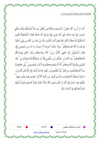  ‫א‬‫א‬‫א‬‫א‬


9,ù=sƒ¿2 ÏNù'tƒuρ öΝä3ö7Ïδõ‹ãƒ ù't±o„ βÎ) 4 Èd,ptø:$$Î/ uÚö‘F{$#uρ ÏN≡uθ≈yϑ¡¡9$# šYn=y{ ©!$# χr& ts? óΟs9r&
t⎦⎪Ï%©#Ï9 (#àσ≈xyè‘Ò9$# tΑ$s)sù $YèŠÏΗsd ¬! (#ρã—t/uρ ∩⊄⊄∪ 9“ƒÌ“yèÎ/ «!$# ’n?tã y7Ï9≡sŒ $tΒuρ ∩⊄⊇∪ 7‰ƒÏ‰y`
t
(#θä9$s% 4 &™ó©« ⎯ÏΒ «!$# ÅU#x‹tã ô⎯ÏΒ $¨Ψtã tβθãΖøó•Β ΟçFΡr& ö≅yγsù $Yèt7s? öΝä3s9 $¨Ζà2 $¯ΡÎ) (#ÿρçy9õ3tGó™$#
x
∩⊄⊂∪ <ÈŠÅs¨Β ⎯ÏΒ $uΖs9 $tΒ $tΡ÷y9|¹ ÷Πr& !$oΨôãÌ“y_r& !$uΖøŠn=tã í™!#uθy™ ( öΝà6≈uΖ÷ƒy‰oλm; ª!$# $uΖ1y‰yδ öθs9
ö/ä3›?‰tãuρuρ Èd,ptø:$# y‰ôãuρ öΝà2y‰tãuρ ©!$# χÎ) ãøΒF{$# z©ÅÓ% $£ϑs9 ß⎯≈sÜø‹¤±9$# tΑ$s%uρ
è
Ÿξsù ( ’Í< óΟçGö6yftGó™$$ù ÷Λälè?öθtãyŠ βr& HωÎ) ?⎯≈sÜù=ß™ ⎯ÏiΒ Νä3ø‹n=tæ ’Í< tβ%x. $tΒuρ ( öΝà6çFøn=÷zr'sù
s
ßNöxŸ2 ’ÎoΤÎ) (  †ÅÎóÇßϑÎ/ ΟçFΡr& !$tΒuρ öΝà6ÅzÎóÇßϑÎ/ O$tΡr& !$¨Β ( Νà6|¡àΡr& (#þθãΒθä9uρ ’ÎΤθãΒθè=s?
š⎥⎪Ï%©!$# Ÿ≅Åz÷Šé&uρ ∩⊄⊆∪ ÒΟŠÏ9r& ë>#x‹tã öΝßγs9 š⎥⎫ÏϑÎ=≈©à9$# ¨βÎ) 3 ã≅7s% ⎯ÏΒ ÈβθßϑçGò2uõ°r& !$yϑÎ/
ö
( óΟÎγÎn/u‘ ÈβøŒÎ*Î/ $pκÏù t⎦⎪Ï$Î#≈yz ã≈pκ÷ΞF{$# $pκÉJøtrB ⎯ÏΒ “ÌøgrB ;M≈¨Ζy_ ÏM≈ysÎ=≈¢Á9$# (#θè=Ïϑtãuρ (#θãΖtΒ#u™
$yγè=ô¹r& Bπt7Íh‹sÛ ;οtyft±x. Zπt6ÍhŠsÛ ZπyϑÎ=x. WξsWtΒ ª!$# z>uŸÑ y#ø‹x. ts? öΝs9r& ∩⊄∈∪ íΝ≈n=y™ $pκÏù öΝåκçJ¨ŠÏtrB
∩⊄∉∪ Ï™!$yϑ¡¡9$# ’Îû $yγããösùuρ ×MÎ/$rO

‫اﻹﻣﺎﻟﺔ‬

‫اﻹدﻏﺎم‬
www.islamweb.net

‫اﻟﺤﺮف اﻟﻤﺨﺎﻟﻒ ﻟﺤﻔﺺ‬
‫ﺍﻟﺸﺒﻜﺔ ﺍﻹﺴﻼﻤﻴﺔ‬

 