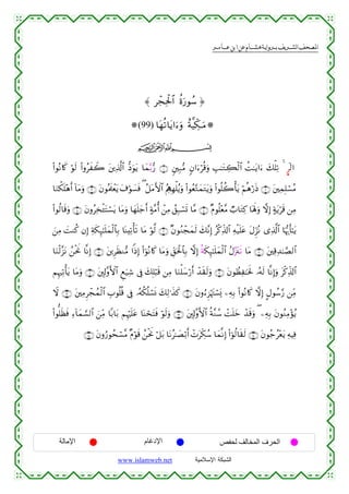  ‫א‬‫א‬‫א‬‫א‬



≈ ôfÏtø:$# äοu‘θß™ …
(99) $tγè?$tƒ#u™uρ îπ©ŠeÅ3⊗uuΒ
ijk
(#θçΡ%x. öθs9 (#ρãxŸ2 t⎦⎪Ï%©!$# –Šuθtƒ $yϑ−/•‘ ∩⊇∪ &⎦⎫Î7•Β 5β#u™öè%uρ É=≈tGÅ6ø9$# àM≈tƒ#u™ y7ù=Ï? 4 Χ!9#
$uΖõ3n=÷δr& !$tΒuρ ∩⊂∪ tβθçΗs>ôètƒ t∃öθ|¡sù ( ã≅tΒF{$# ãΛÏιÎγù=ãƒuρ (#θãè−GyϑtGtƒuρ (#θè=à2ù'tƒ öΝèδö‘sŒ ∩⊄∪ t⎦⎫ÏϑÎ=ó¡ãΒ
(#θä9$s%uρ ∩∈∪ βρãÏ‚ø↔tFó¡tƒ $tΒuρ $yγn=y_r& >π¨Βé& ô⎯ÏΒ ß,Î7ó¡n@ $¨Β ∩⊆∪ ×Πθè=÷è¨Β Ò>$tGÏ. $oλm;uρ ωÎ) >πtƒös% ⎯ÏΒ
t
z⎯ÏΒ |MΖä. βÎ) Ïπs3Í×≈n=yϑø9$$Î/ $oΨÏ?ù's? $tΒ öθ©9 ∩∉∪ ×βθãΖôfyϑs9 y7¨ΡÎ) ãø.Ïe%!$# Ïµø‹n=tã tΑÌh“çΡ “Ï%©!$# $pκš‰r'≈tƒ
$uΖø9¨“tΡ ß⎯øtwΥ $¯ΡÎ) ∩∇∪ t⎦⎪ÌsàΖ•Β #]ŒÎ) (#þθçΡ%x. $tΒuρ Èd,ptø:$$Î/ ωÎ) èπs3Í×≈n=yϑø9$# ãΑ−”t∴s? $tΒ ∩∠∪ t⎦⎫Ï%Ï‰≈¢Á9$#
ΝÍκÏ?ù'tƒ $tΒuρ ∩⊇⊃∪ t⎦,Î!¨ρF{$# Æìu‹Ï© ’Îû y7Î=ö6s% ⎯ÏΒ $uΖù=y™ö‘& ô‰s)s9uρ ∩®∪ tβθÝàÏ≈ptm: …çµs9 $¯ΡÎ)uρ tø.Ïe%!$#
r
Ÿω ∩⊇⊄∪ t⎦⎫ÏΒÌôfßϑø9$# É>θè=è% ’Îû …çµä3è=ó¡nΣ y7Ï9≡x‹x. ∩⊇⊇∪ tβρâ™Ì“öκtJó¡o„ ⎯ÏµÎ/ (#θçΡ%x. ωÎ) @Αθß™§‘ ⎯ÏiΒ
(#θ=sàsù Ï™!$yϑ¡¡9$# z⎯ÏiΒ $/$t/ ΝÍκön=tã $oΨóstFsù öθs9uρ ∩⊇⊂∪ t⎦,Î!¨ρF{$# èπ¨Ζß™ ôMn=yz ô‰s%uρ ( ⎯ÏµÎ/ tβθãΖÏΒ÷σãƒ
∩⊇∈∪ tβρâ‘θßsó¡¨Β ×Πöθs% ß⎯øtwΥ ö≅t/ $tΡã≈|Áö/r& ôNtÅj3ß™ $yϑ¯ΡÎ) (#þθä9$s)s9 ∩⊇⊆∪ tβθã_ã÷ètƒ ÏµŠÏù

‫اﻹﻣﺎﻟﺔ‬

‫اﻹدﻏﺎم‬
www.islamweb.net

‫اﻟﺤﺮف اﻟﻤﺨﺎﻟﻒ ﻟﺤﻔﺺ‬
‫ﺍﻟﺸﺒﻜﺔ ﺍﻹﺴﻼﻤﻴﺔ‬

 