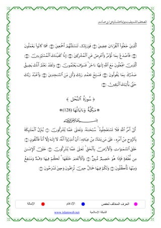  ‫א‬‫א‬‫א‬‫א‬


tβθè=yϑ÷ètƒ (#θçΡ%x. $¬Ηxå ∩®⊄∪ t⎦⎫ÏèuΗødr& óΟßγ¨Ψn=t↔ó¡oΨs9 šÎn/u‘uθsù ∩®⊇∪ t⎦⎫ÅÒÏã tβ#u™öà)ø9$# (#θè=yèy_ t⎦⎪Ï%©!$#
∩®∈∪ š⎥⎪Ï™Ì“öκtJó¡ßϑø9$# y7≈oΨø‹xx. $¯ΡÎ) ∩®⊆∪ t⎦⎫Ï.Îô³ßϑø9$# Ç⎯tã óÚÌôãr&uρ ãtΒ÷σè? $yϑÎ/ ÷íy‰ô¹$$sù ∩®⊂∪
ß,ŠÅÒtƒ y7¯Ρr& ÞΟn=÷ètΡ ô‰s)s9uρ ∩®∉∪ šχθßϑn=ôètƒ t∃öθ|¡sù 4 tyz#u™ $·γ≈s9Î) «!$# yìtΒ tβθè=yèøgs† š⎥⎪Ï%©!$#
y7−/u‘ ô‰ç6ôã$#uρ ∩®∇∪ t⎦⎪Ï‰Éf≈¡¡9$# z⎯ÏiΒ ⎯ä.uρ y7În/u‘ Ï‰ôϑpt¿2 ôxÎm7|¡sù ∩®∠∪ tβθä9θà)tƒ $yϑÎ/ x8â‘ô‰|¹
∩®®∪ Ú⎥⎫É)u‹ø9$# y7u‹Ï?ù'tƒ 4©®Lym

≈ ≅ôs®Ψ9$# äοu‘θß™ …
(128) $tγè?$tƒ#u™uρ îπ©ŠeÅ3⊗uuΒ
ijk
sπs3Í×≈n=yϑø9$# ãΑÍi”t∴ãƒ ∩⊇∪ šχθä.Îô³ç„ $£ϑtã 4’n?≈yès?uρ …çµoΨ≈ysö7ß™ 4 çνθè=Éf÷ètGó¡n@ Ÿξsù «!$# ãøΒr& #’tAr&
∩⊄∪ Èβθà)¨?$$sù O$tΡr& HωÎ) tµ≈s9Î) Iω …çµ¯Ρr& (#ÿρâ‘É‹Ρr& ÷βr& ÿ⎯ÍνÏŠ$t6Ïã ô⎯ÏΒ â™!$t±o„ ⎯tΒ 4’n?tã ⎯ÍνÌøΒr& ô⎯ÏΒ Çyρ”9$$Î/
z⎯≈|¡ΣM}$# šYn=y{ ∩⊂∪ šχθä.Ìô±ç„ $£ϑtã 4’n?≈yès? 4 Èd,ysø9$$Î/ š⇓ö‘F{$#uρ ÅV≡uθ≈yϑ¡¡9$# t,n=y{
ßìÏ≈oΨtΒuρ Ö™ô∃ÏŠ $yγŠÏù öΝà6s9 3 $yγs)n=yz zΟ≈yè÷ΡF{$#uρ ∩⊆∪ ×⎦⎫Î7•Β ÒΟ‹ÅÁyz uθèδ #sŒÎ*sù 7πxõÜœΡ ⎯ÏΒ
∩∉∪ tβθãmuô£n@ t⎦⎫Ïnuρ tβθçt†Ìè? š⎥⎫Ïm îΑ$uΗsd $yγŠÏù öΝä3s9uρ ∩∈∪ tβθè=à2ù's? $yγ÷ΨÏΒuρ

‫اﻹﻣﺎﻟﺔ‬

‫اﻹدﻏﺎم‬
www.islamweb.net

‫اﻟﺤﺮف اﻟﻤﺨﺎﻟﻒ ﻟﺤﻔﺺ‬
‫ﺍﻟﺸﺒﻜﺔ ﺍﻹﺴﻼﻤﻴﺔ‬

 