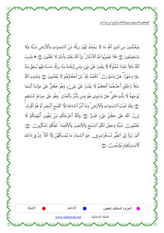  ‫א‬‫א‬‫א‬‫א‬


Ÿωuρ $↔ø‹x© ÇÚö‘F{$#uρ ÏN≡uθ≈yϑ¡¡9$# z⎯ÏiΒ $]%ø—Í‘ óΟßγs9 à7Î=ôϑtƒ Ÿω $tΒ «!$# ÈβρßŠ ⎯ÏΒ tβρß‰ç6÷ètƒuρ
z>uŸÑ * ∩∠⊆∪ tβθçΗs>÷ès? Ÿω óΟçFΡr&uρ ÞΟn=÷ètƒ ©!# ¨βÎ) 4 tΑ$sVøΒF{$# ¬! (#θç/ÎôØs? Ÿξsù ∩∠⊂∪ tβθãè‹ÏÜtGó¡o„
$
çµ÷ΨÏΒ ß,ÏΖãƒ uθßγsù $YΖ|¡ym $»%ø—Í‘ $¨ΖÏΒ çµ≈oΨø%y—§‘ ⎯tΒuρ &™ó©x« 4’n?tã â‘Ï‰ø)tƒ ω %Z.θè=ôϑ¨Β #Y‰ö6tã ¸ξsVtΒ ª!$#
ª!$# z>uŸÑuρ ∩∠∈∪ tβθßϑn=ôètƒ Ÿω öΝèδçsYò2r& ö≅t/ 4 ¬! ß‰ôϑptø:$# 4 šχ…âθtGó¡o„ ö≅yδ ( #·ôγy_uρ #uÅ 
$yϑuΖ÷ƒr& çµ9s9öθtΒ 4’n?tã <≅Ÿ2 uθèδuρ &™ó_x« ’n?tã â‘Ï‰ø)tƒ Ÿω ãΝx6ö/r& !$yϑèδß‰tnr& È⎦÷,s#ã_§‘ WξsWtΒ
4
8Λ⎧É)Fó¡•Β :Þ≡uÅÀ 4’n?tã uθèδuρ   ÉΑô‰yèø9$$Î/ ããΒù'tƒ ⎯tΒuρ uθèδ “ÈθtGó¡o„ ö≅yδ ( Aösƒ¿2 ÏNù'tƒ Ÿω –µγÅh_uθãƒ
t
4 Ü>tø%r& uθèδ ÷ρr& Ì|Át6ø9$# Ëxôϑn=x. ωÎ) Ïπtã$¡¡9$# ãøΒr& !$tΒuρ 4 ÇÚö‘F{$#uρ ÏN≡uθ≈yϑ¡¡9$# Ü=ø‹xî ¬!uρ ∩∠∉∪
Ÿω öΝä3ÏF≈yγ¨Βé& ÈβθäÜç/ .⎯ÏiΒ Νä3y_t÷zr& ª!$#uρ ∩∠∠∪ ÖƒÏ‰s% &™ó©x« Èe≅à2 4’n?tã ©!$# χÎ)
∩∠∇∪ šχρãä3ô±s? öΝä3ª=yès9   nοy‰Ï↔øùF{$#uρ t≈|Áö/F{$#uρ yìôϑ¡¡9$# ãΝä3s9 Ÿ≅yèy_uρ $↔ø‹x© šχθßϑn=÷ès?
y7Ï9≡sŒ ’Îû ¨βÎ) 3 ª!$# ωÎ) £⎯ßγä3Å¡ôϑãƒ $tΒ Ï™!$yϑ¡¡9$# Èhθy_ †Îû ;N≡t¤‚|¡ãΒ ÌøŠ©Ü9$# ’n<Î) (#÷ρts? óΟs9r&
∩∠®∪ šχθãΨÏΒ÷σãƒ 5Θöθs)Ïj9 ;M≈tƒUψ

‫اﻹﻣﺎﻟﺔ‬

‫اﻹدﻏﺎم‬
www.islamweb.net

‫اﻟﺤﺮف اﻟﻤﺨﺎﻟﻒ ﻟﺤﻔﺺ‬
‫ﺍﻟﺸﺒﻜﺔ ﺍﻹﺴﻼﻤﻴﺔ‬

 