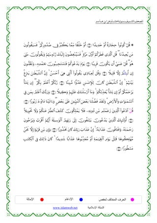  ‫א‬‫א‬‫א‬‫א‬


tβθä9θà)uŠ|¡sù 4 ö/ä.Í‘ρß‰ß¹ †Îû çã9ò6tƒ $£ϑÏiΒ $Z)ù=yz ÷ρr& ∩∈⊃∪ #´‰ƒÏ‰tn ÷ρr& ¸οu‘$yfÏm (#θçΡθä. ö≅è% *
4©tLtΒ šχθä9θà)tƒuρ öΝåκyρâ™â‘ y7ø‹s9Î) tβθàÒÉó÷Ζã|¡sù 4 ;ο§tΒ tΑ¨ρr& öΝä.tsÜsù “Ï%©!$# È≅è% ( $tΡß‰‹Ïèãƒ ⎯tΒ
tβθ‘ΖÝàs?uρ ⎯ÍνÏ‰ôϑpt¿2 šχθç7‹ÉftGó¡tFsù öΝä.θããô‰tƒ tΠöθtƒ ∩∈⊇∪ $Y6ƒÌs% šχθä3tƒ βr& #©|¤tã ö≅è% ( uθèδ
éøu”∴tƒ z⎯≈sÜø‹¤±9$# ¨βÎ) 4 ß⎯|¡ômr& }‘Ïδ ©ÉL©9$# (#θä9θà)tƒ “ÏŠ$t7ÏèÏj9 ≅è%uρ ∩∈⊄∪ Wξ‹Î=s% ωÎ) óΟ›F[Î6©9 βÎ)
ù't±o„ βÎ) ( ö/ä3Î/ ÞΟn=ôãr& ö/ä3š/§‘ ∩∈⊂∪ $YΖÎ7•Β #xρß‰tã Ç⎯≈|¡ΣM∼Ï9 šχ%x. z⎯≈sÜø‹¤±9$# ¨βÎ) 4 öΝæηuΖ÷t/
’Îû ⎯yϑÎ/ ÞΟn=ôãr& y7š/u‘uρ ∩∈⊆∪ Wξ‹Å2uρ öΝÍκön=tã y7≈oΨù=y™ö‘r& !$tΒuρ 4 öΝä3ö/Éj‹yèãƒ ù't±o„ βÎ) ÷ρr& ö/ä3ôϑymötƒ
∩∈∈∪ #Y‘θç/y— yŠ…ãρ#yŠ $oΨ÷s?#u™uρ ( <Ù÷èt/ 4’n?tã z⎯↵ÍhŠÎ;¨Ψ9$# uÙ÷èt/ $uΖù=Òsù ô‰s)s9uρ 3 ÇÚö‘F{$#uρ ÏN≡uθ≈yϑ¡¡9$#
¸ξƒÈθøtrB Ÿωuρ öΝä3Ψtã Îh‘Ø9$# y#ô±x. šχθä3Î=ôϑtƒ Ÿξù ⎯ÏµÏΡρßŠ ⎯ÏiΒ ΟçFôϑtãy— t⎦⎪Ï%©!$# (#θãã÷Š$# ç≅è%
s
tβθã_ötƒuρ Ü>tø%r& öΝåκš‰r& s's#‹Å™uθø9$# ÞΟÎγÎn/u‘ 4’n<Î) šχθäótGö6tƒ šχθããô‰tƒ t⎦⎪Ï%©!$# y7Í×≈s9'ρé& ∩∈∉∪
ß⎯øtwΥ ωÎ) >πtƒös% ⎯ÏiΒ βÎ)uρ ∩∈∠∪ #Y‘ρä‹øtxΧ tβ%x. y7În/u‘ z>#x‹tã ¨βÎ) 4 ÿ…çµt/#x‹tã šχθèù$sƒs†uρ …çµtGyϑômu‘
É=≈tGÅ3ø9$# ’Îû y7Ï9≡sŒ tβ%x. 4 #Y‰ƒÏ‰x© $/#x‹tã $yδθç/Éj‹yèãΒ ÷ρr& Ïπyϑ≈uŠÉ)ø9$# ÏΘöθtƒ Ÿ≅ö6s% $yδθà6Î=ôγãΒ
∩∈∇∪ #Y‘θäÜó¡tΒ

‫اﻹﻣﺎﻟﺔ‬

‫اﻹدﻏﺎم‬
www.islamweb.net

‫اﻟﺤﺮف اﻟﻤﺨﺎﻟﻒ ﻟﺤﻔﺺ‬
‫ﺍﻟﺸﺒﻜﺔ ﺍﻹﺴﻼﻤﻴﺔ‬

 