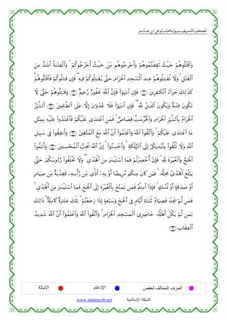  ‫א‬‫א‬‫א‬‫א‬


z⎯ÏΒ ‘‰x©r& èπuΖ÷FÏø9$#uρ 4 öΝä.θã_t÷zr& ß]ø‹ym ô⎯ÏiΒ Νèδθã_Ì÷zr&uρ öΝèδθßϑçGøÉ)rO ß]ø‹ym öΝèδθè=çFø%$#uρ
%öΝèδθè=çFø%$$sù öΝä.θè=tG≈s% βÎ*sù ( ÏµŠÏù öΝä.θè=ÏF≈s)ãƒ 4©®Lym ÏΘ#tptø:$# Ï‰Éfó¡pRùQ$# y‰ΖÏã öΝèδθè=ÏG≈s)è? Ÿωuρ 4 È≅÷Gs)ø9$#
Ÿω 4©Lym öΝèδθè=ÏG≈s%uρ ∩⊇®⊇∪ ×Λ⎧Ïm§‘ Ö‘θàxî ©!$# ¨βÎ*sù (#öθpκtJΡ$# ÈβÎ*sù ∩⊇®⊃∪ t⎦⎪ÍÏ≈s3ø9$# â™!#t“y_ y7Ï9≡x‹x.
®
ãöκ¤¶9$# ∩⊇®⊄∪ t⎦⎫ÏΗÍ>≈©à9$# ’n?tã ωÎ) tβ≡uρô‰ãã Ÿξsù (#öθpκtJΡ$# ÈβÎ*sù ( ¬! ß⎦⎪Ïe$!$# tβθä3tƒuρ ×πoΨ÷FÏù tβθä3s?
È≅÷VÏϑÎ/ Ïµø‹n=tã (#ρß‰tFôã$$sù öΝä3ø‹n=tæ 3“y‰tGôã$# Ç⎯yϑsù 4 ÒÉ$|ÁÏ% àM≈tΒãçtø:#uρ ÏΘ#tptø:$# Ìöκ¤¶9$$Î/ ãΠ#tptø:$#
$
È≅‹Î6y™ ’Îû (#θà)ÏΡr&uρ ∩⊇®⊂∪ t⎦⎫É)−Fßϑø9$# yìtΒ ©!$# ¨βr& (#þθßϑn=ôã$#uρ ©!$# (#θà)¨?$#uρ 4 öΝä3ø‹n=tæ 3“y‰tGôã$# $tΒ
(#θ‘ϑÏ?r&uρ ∩⊇®⊆∪ t⎦⎫ÏΖÅ¡ósßϑø9$# =Ïtä† ©!$# ¨βÎ) ¡ (#þθãΖÅ¡ômr&uρ ¡ Ïπs3è=öκ−J9$# ’n<Î) ö/ä3ƒÏ‰÷ƒr'Î/ (#θà)ù=è? Ÿωuρ «!$#
4©®Lym óΟä3y™ρâ™â‘ (#θà)Î=øtrB Ÿωuρ ( Ä“ô‰oλù;$# z⎯ÏΒ uy£øŠtGó™$# $yϑsù öΝè?÷ÅÇômé& ÷βÎ*sù 4 ¬! nοt÷Κãèø9$#uρ ¢kptø:$#
BΘ$uŠÏ¹ ⎯ÏiΒ ×πtƒô‰Ïsù ⎯ÏµÅ™ù&§‘ ⎯ÏiΒ “]Œr& ÿ⎯ÏµÎ/ ÷ρr& $³ÒƒÍ£∆ Νä3ΖÏΒ tβ%x. ⎯uΚsù 4 …ã&©#ÏtxΧ ß“ô‰oλù;$# xè=ö7tƒ
4 Ä“ô‰oλù;$# z⎯ÏΒ uy£øŠtGó™$# $yϑsù Ædkptø:$# ’n<Î) Íοt÷Κãèø9$$Î/ yì−Gyϑs? ⎯yϑsù ÷Λä⎢ΨÏΒr& !#sŒÎ*sù 4 77Ý¡èΣ ÷ρr& >πs%y‰|¹ ÷ρr&
y7Ï9≡sŒ 3 ×'s#ÏΒ%x. ×οu|³tã y7ù=Ï? 3 öΝçF÷èy_u‘ #sŒÎ) >πyèö7y™uρ Ædkptø:$# ’Îû 5Θ$−ƒr& ÏπsW≈n=rO ãΠ$u‹ÅÁsù ô‰Ågs† öΝ©9 ⎯yϑsù
ß‰ƒÏ‰x© ©!$# ¨βr& (#þθßϑn=ôã$#uρ ©!$# (#θà)¨?$#uρ 4 ÏΘ#tptø:$# Ï‰Éfó¡yϑø9$# “ÎÅÑ$ym …ã&é#÷δr& ô⎯ä3tƒ öΝ©9 ⎯yϑÏ9
∩⊇®∈∪ É>$s)Ïèø9$#

‫اﻹﻣﺎﻟﺔ‬

‫اﻹدﻏﺎم‬
www.islamweb.net

‫اﻟﺤﺮف اﻟﻤﺨﺎﻟﻒ ﻟﺤﻔﺺ‬
‫ﺍﻟﺸﺒﻜﺔ ﺍﻹﺴﻼﻤﻴﺔ‬

 