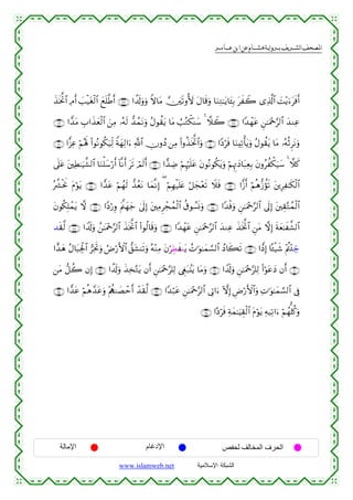  ‫א‬‫א‬‫א‬‫א‬


x‹sƒªB$# ÏΘr& |=ø‹tóø9$# yìn=©Ûr& ∩∠∠∪ #µ$s!uρuρ Zω$tΒ ⎥y⎫s?ρ_{ tΑ$s%uρ $uΖÏG≈tƒ$t↔Î/ txŸ2 “Ï%©!$# |M÷ƒu™tsùr&
∩∠®∪ #t‰tΒ É>#x‹yèø9$# z⎯ÏΒ …çµs9 ‘‰ßϑtΡuρ ãΑθà)tƒ $tΒ Ü=çGõ3Ψy™ 4 ξŸ2 ∩∠∇∪ #Y‰ôγtã Ç⎯≈uΗ÷q§9$# y‰ΖÏã
o
∩∇⊇∪ #x“Ïã öΝçλm; (#θçΡθä3u‹Ïj9 ZπyγÏ9#u™ «!$# ÂχρßŠ ⎯ÏΒ (#ρä‹sƒªB$#uρ ∩∇⊃∪ #YŠösù $uΖÏ?ù'tƒuρ ãΑθà)tƒ $tΒ …çµèOÌtΡuρ
’n?tã t⎦⎫ÏÜ≈uŠ¤±9$# $uΖù=y™ö‘r& !$¯Ρr& ts? óΟs9r& ∩∇⊄∪ #ƒ‰ÅÊ öΝÍκön=tã tβθçΡθä3tƒuρ öΝÍκÌEyŠ$t7ÏèÎ/ tβρãàõ3u‹y™ 4 ξx.
çà³øtwΥ tΠöθtƒ ∩∇⊆∪ #t‰tã öΝßγs9 ‘‰ãètΡ $yϑ¯ΡÎ) ( öΝÎγø‹n=tæ ö≅yf÷ès? Ÿξsù ∩∇⊂∪ #x—r& öΝèδ–—àσs? t⎦⎪ÍÏ≈s3ø9$#
tβθä3Î=ôϑtƒ ω ∩∇∉∪ #YŠö‘Íρ tΛ©⎝yγy_ 4’n<Î) t⎦⎫ÏΒÌôfßϑø9$# ä−θÝ¡nΣuρ ∩∇∈∪ #Y‰øùuρ Ç⎯≈uΗ÷q§9$# ’n<Î) t⎦⎫É)−Gßϑø9$#
‰s)©9 ∩∇∇∪ #V$s!uρ ß⎯≈oΗ÷q§9$# x‹sƒªB$# (#θä9$s%uρ ∩∇∠∪ #Y‰ôγtã Ç⎯≈uΗ÷q§9$# y‰ΖÏã x‹sƒªB$# Ç⎯tΒ ωÎ) sπyè≈x¤±9$#
#ƒ‰yδ ãΑ$t6Ågø:$# ”ÏƒrBuρ ÞÚö‘F{$# ‘,t±Ψs?uρ çµ÷ΖÏΒ tβöÉÜxΨtƒ ßN≡uθ≈yϑ¡¡9$# ßŠ%x6s? ∩∇®∪ #tŠÎ) $º↔ø‹x© ÷Λä⎢÷∞Åc_
⎯tΒ ‘≅à2 βÎ) ∩®⊄∪ #µ$s!uρ x‹Ï‚−Gtƒ βr& Ç⎯≈uΗ÷q§=Ï9 ©Èöt7.⊥tƒ $tΒuρ ∩®⊇∪ #V$s!uρ Ç⎯≈uΗ÷q§=Ï9 (#öθtãyŠ βr& ∩®⊃∪
∩®⊆∪ #t‰tã öΝèδ£‰tãuρ ÷Λàι9|Áômr& ô‰s)©9 ∩®⊂∪ #Y‰ö7tã Ç⎯≈uΗ÷q§9$# ’ÎA#u™ HωÎ) ÇÚö‘F{$#uρ ÏN≡uθ≈yϑ¡¡9$# ’Îû
∩®∈∪ #·Šösù Ïπyϑ≈uŠÉ)ø9# tΠöθtƒ Ïµ‹Ï?#u™ öΝßγ=ä.uρ
$

‫اﻹﻣﺎﻟﺔ‬

‫اﻹدﻏﺎم‬
www.islamweb.net

‫اﻟﺤﺮف اﻟﻤﺨﺎﻟﻒ ﻟﺤﻔﺺ‬
‫ﺍﻟﺸﺒﻜﺔ ﺍﻹﺴﻼﻤﻴﺔ‬

 