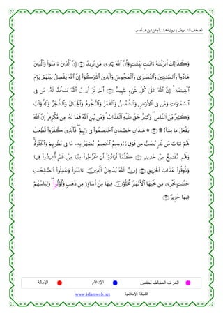  ‫א‬‫א‬‫א‬‫א‬


t⎦⎪Ï%©!$#uρ (#θãΖtΒ#u™ t⎦⎪Ï%©!$# ¨βÎ) ∩⊇∉∪ ß‰ƒÌãƒ ⎯tΒ “Ï‰öκu‰ ©!$# ¨βr&uρ ;M≈oΨÉit/ ¤M≈tƒ#u™ çµ≈oΨø9t“Ρr& y7Ï9≡x‹Ÿ2uρ
tΠöθtƒ óΟßγoΨ÷t/ ã≅ÅÁøtƒ ©!$# ¨βÎ) (#þθà2uõ°r& t⎦⎪Ï%©!$#uρ }¨θàfyϑø9$#uρ 3“t≈|Á¨Ψ9$#uρ t⎦⎫Ï↔Î7≈¢Á9$#uρ (#ρßŠ$yδ
’Îû ⎯tΒ …çµs9 ß‰àfó¡o„ ©!$# χr& ts? óΟs9r& ∩⊇∠∪ î‰‹Íκy− &™ó©x« Èe≅ä. 4’n?tã ©!$# ¨βÎ) 4 Ïπyϑ≈uŠÉ)ø9$#
>!#uρ¤$!$#uρ ãyf¤±9$#uρ ãΑ$t7Ågø:$#uρ ãΠθàf‘Ζ9$#uρ ãyϑs)ø9$#uρ ß§ôϑ¤±9$#uρ ÇÚö‘F{$# ’Îû ⎯tΒuρ ÏN≡uθ≈yϑ¡¡9$#
©!$# ¨βÎ) 4 BΘÌõ3•Β ⎯ÏΒ …çµs9 $yϑsù ª!$# Ç⎯Íκç‰ ⎯tΒuρ 3 Ü>#x‹yèø9$# Ïµø‹n=tã ¨,ym îÏWx.uρ ( Ä¨$¨Ζ9$# z⎯ÏiΒ ×ÏVŸ2uρ
ôMyèÏeÜè% (#ρãxŸ2 t⎦⎪Ï%©!$$sù ( öΝÍκÍh5u‘ ’Îû (#θßϑ|ÁtG÷z$# Èβ$yϑóÁyz Èβ#x‹≈yδ * ∩⊇∇∪ ) â™!$t±o„ $tΒ ã≅yèøtƒ
ß#Šθè=ègø:$#uρ öΝÍκÍΞθäÜç/ ’Îû $tΒ ⎯ÏµÎ/ ãyγóÁãƒ ãΝ‹Ïϑptø:$# ãΝÍκÅρâ™â‘ É−öθsù ⎯ÏΒ =|Áãƒ 9‘$¯Ρ ⎯ÏiΒ Ò>$uŠÏO öΝçλm;
$pκÏù (#ρß‰‹Ïãé& AdΟxî ô⎯ÏΒ $pκ÷]ÏΒ (#θã_ãøƒs† βr& (#ÿρßŠ#u‘r& !$yϑ¯=à2 ∩⊇®∪ 7‰ƒÏ‰tn ô⎯ÏΒ ßìÏϑ≈s)¨Β Νçλm;uρ
M≈ysÎ=≈¢Á9$# (#θè=Ïϑtãuρ (#θãΖtΒ#u™ š⎥⎪Ï%©!$# ã≅Åzô‰ãƒ ©!$# χÎ) ∩⊄⊃∪ È,ƒÍptø:$# z>#x‹tã (#θè%ρèŒuρ
Ï
öΝßγß™$t7Ï9uρ ( (#<υä9÷σä9uρ 5=yδsŒ ⎯ÏΒ u‘Íρ$y™r& ô⎯ÏΒ $yγŠÏù šχöθ¯=ptä† ã≈yγ÷ΡF{$# $yγÏFøtrB ⎯ÏΒ “ÌøgrB ;M≈¨Ζy_
∩⊄⊇∪ ÖƒÌym $yγŠÏù

‫اﻹﻣﺎﻟﺔ‬

‫اﻹدﻏﺎم‬
www.islamweb.net

‫اﻟﺤﺮف اﻟﻤﺨﺎﻟﻒ ﻟﺤﻔﺺ‬
‫ﺍﻟﺸﺒﻜﺔ ﺍﻹﺴﻼﻤﻴﺔ‬

 