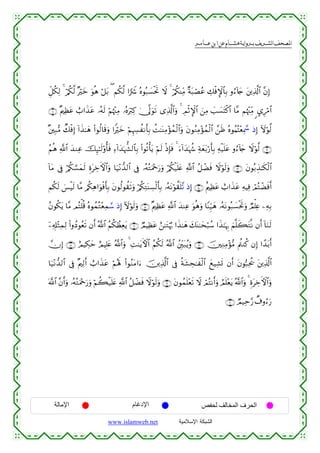  ‫א‬‫א‬‫א‬‫א‬


Èe≅ä3Ï9 4 ö/ä3©9 ×öyz uθèδ ö≅t/ ( Νä3©9 #uŸ° çνθç7|¡øtrB Ÿω 4 ö/ä3ΨÏiΒ ×πt6óÁãã Å7øùM}$$Î/ ρâ™!%y` t⎦⎪Ï%©!$# ¨βÎ)
∩⊇⊇∪ ×Λ⎧Ïàtã ë>#x‹tã …çµs9 öΝåκ÷]ÏΒ …çνuö9Ï. 4†¯<uθs? “Ï%©!$#uρ 4 ÉΟøOM}$# z⎯ÏΒ |=|¡tFø.$# $¨Β Νåκ÷]ÏiΒ <›Íö∆$#
×⎦⎫Î7•Β Ô7øùÎ) !#x‹≈yδ (#θä9$s%uρ #Zöyz öΝÍκÅ¦àΡr'Î/ àM≈oΨÏΒ÷σßϑø9$#uρ tβθãΖÏΒ÷σßϑø9$# £⎯sß çνθãΚçF÷èÏÿ£œ ŒÎ) Iωöθ©9
ãΝèδ «!$# y‰ΖÏã šÍ×≈s9'ρé'sù Ï™!#y‰pκ’¶9$$Î/ (#θè?ù'tƒ öΝs9 øŒÎ*sù 4 u™!#y‰pκà− Ïπyèt/ö‘r'Î/ Ïµø‹n=tã ρâ™!%y` Ÿωöθ©9 ∩⊇⊄∪
!$tΒ ’Îû ö/ä3¡¡yϑs9 ÍοtÅzFψ$#uρ $u‹÷Ρ‘‰9$# ’Îû …çµçGuΗ÷qu‘uρ ö/ä3ø‹n=tæ «!$# ã≅ôÒsù Ÿωθs9uρ ∩⊇⊂∪ tβθç/É‹≈s3ø9$#
ö
Νä3s9 }§øŠs9 $¨Β /ä3Ïδ#uθøùr'Î/ tβθä9θà)s?uρ ö/ä3ÏGoΨÅ¡ø9r'Î/ …çµtΡöθ¤)n=¨? ŒÎ) ∩⊇⊆∪ îΛ⎧Ïàtã ë>#x‹tã ÏµŠÏù óΟçFôÒsùr&
ãβθä3tƒ $¨Β ΟçFù=è% çνθßϑçG÷èÏϑ¢™ ŒÎ) Iωöθs9uρ ∩⊇∈∪ ×Λ⎧Ïàtã «!$# y‰ΨÏã uθèδuρ $YΨÍh‹yδ …çµtΡθç7|¡øtrBuρ ÒΟù=Ïæ ⎯ÏµÎ/
ÿ⎯Ï&Î#÷WÏϑÏ9 (#ρßŠθãès? βr& ª!$# ãΝä3ÝàÏètƒ ∩⊇∉∪ ÒΟŠÏàtã í⎯≈tGöκæ5 #x‹≈yδ y7oΨ≈ysö6ß™ #x‹≈pκÍ5 zΝ¯=x6tG¯Ρ βr& !$uΖs9
χÎ) ∩⊇∇∪ íΟŠÅ3ym íΟŠÎ=tæ ª!$#uρ 4 ÏM≈tƒFψ$# ãΝä3s9 ª!$# ß⎦Îi⎫t7ãƒuρ ∩⊇∠∪ š⎥⎫ÏΖÏΒ÷σ•Β Λä⎢Ζä. βÎ) #´‰t/r&
$u‹÷Ρ‘‰9$# ’Îû ×Λ⎧Ï9r& ë>#x‹tã öΝçλm; (#θãΖtΒ#u™ š⎥⎪Ï%©!$# ’Îû èπt±Ås≈xø9$# yì‹Ï±n@ βr& tβθ™7Ïtä† t⎦⎪Ï%©!$#
©!$# ¨βr&uρ …çµçGuΗ÷qu‘uρ öΝà6ø‹n=tæ «!$# ã≅ôÒsù Ÿωöθs9uρ ∩⊇®∪ tβθßϑn=÷ès? Ÿω óΟçFΡr&uρ ÞΟn=÷ètƒ ª!$#uρ 4 ÍοtÅzFψ$#uρ
∩⊄⊃∪ ÒΟ‹Ïm§‘ Ô∃ρâ™u‘

‫اﻹﻣﺎﻟﺔ‬

‫اﻹدﻏﺎم‬
www.islamweb.net

‫اﻟﺤﺮف اﻟﻤﺨﺎﻟﻒ ﻟﺤﻔﺺ‬
‫ﺍﻟﺸﺒﻜﺔ ﺍﻹﺴﻼﻤﻴﺔ‬

 