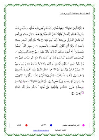  ‫א‬‫א‬‫א‬‫א‬


…çµ¯ΡÎ*sù Ç⎯≈sÜø‹¤±9$# ÏN≡uθäÜäz ôìÎ7®Ktƒ ⎯tΒuρ 4 Ç⎯≈sÜø‹¤±9$# ÏN≡uθäÜäz (#θãèÎ6−Gs? Ÿω (#θãΖtΒ#u™ t⎦⎪Ï%©!$# $pκš‰r'≈tƒ *
>‰tnr& ô⎯ÏiΒ Νä3ΖÏΒ 4’s1y— $tΒ …çµçGuΗ÷qu‘uρ ö/ä3ø‹n=tæ «!$# ã≅ôÒsù Ÿωöθs9uρ 4 Ìs3Ζßϑø9$#uρ Ï™!$t±ósxø9$$Î/ âß∆ù'tƒ
óΟä3ΖÏΒ È≅ôÒxø9$# #θä9'ρé& È≅s?ù'tƒ Ÿωuρ ∩⊄⊇∪ ÒΟŠÎ=tæ ìì‹Ïÿxœ ª!$#uρ 3 â™!$t±o„ ⎯tΒ ’Éj1t“ãƒ ©!$# £⎯Å3≈s9uρ #Y‰t/r&
(
(#θà÷èu‹ø9uρ ( «!$# È≅‹Î6y™ ’Îû š⎥⎪ÌÉf≈yγßϑø9$#uρ t⎦⎫Å3≈|¡yϑø9$#uρ 4’n1öà)ø9$# ’Í<'ρé& (#þθè?÷σãƒ βr& Ïπyè¡¡9$#uρ
šχθãΒötƒ t⎦⎪Ï%©!$# ¨βÎ) ∩⊄⊄∪ îΛ⎧Ïm§‘ Ö‘θàxî ª!$#uρ 3 óΟä3s9 ª!$# tÏøótƒ βr& tβθ™7ÏtéB Ÿωr& 3 (#þθßsxóÁu‹ø9uρ
∩⊄⊂∪ ×Λ⎧Ïàtã ë>#x‹tã öΝçλm;uρ ÍοtÅzFψ$#uρ $u‹÷Ρ‘‰9$# ’Îû (#θãΖÏèä9 ÏM≈oΨÏΒ÷σßϑø9$# ÏM≈n=Ï≈tóø9$# ÏM≈uΖ|ÁósãΚø9$#
ãΝÍκÏjùuθãƒ 7‹Í≥tΒöθtƒ ∩⊄⊆∪ tβθè=yϑ÷ètƒ (#θçΡ%x. $yϑÎ/ Νßγè=ã_ö‘r&uρ öΝÍκ‰Ï‰÷ƒr&uρ öΝßγçFt⊥Å¡ø9r& öΝÍκön=tã ß‰pκô¶s? tΠöθtƒ
t⎦⎫ÏWÎ7y‚ù=Ï9 àM≈sWÎ7sƒø:$# ∩⊄∈∪ ß⎦⎫Î7ßϑø9$# ‘,ysø9$# uθèδ ©!$# ¨βr& tβθßϑn=÷ètƒuρ ¨,ysø9$# ãΝßγΨƒÏŠ ª!$#
o
šχρâ™§y9ãΒ y7Í×≈s9'ρé& 4 ÏM≈t6Íh‹©Ü=Ï9 tβθç7ÍhŠ©Ü9$#uρ t⎦⎫Î6Íh‹©Ü=Ï9 àM≈t6Íh‹©Ü9$#uρ ( ÏM≈sWÎ7y‚ù=Ï9 šχθèWÎ7y‚ø9$#uρ
uöxî $·?θçŠÍ/ (#θè=äzô‰s? Ÿω (#θãΖtΒ#u™ t⎦⎪Ï%©!$# $pκš‰r'≈tƒ ∩⊄∉∪ ÒΟƒÌŸ2 ×−ø—Í‘uρ ×οtÏøó¨Β Νßγs9 ( tβθä9θà)tƒ $£ϑÏΒ
öΝä3ª=yès9 öΝä3©9 ×öyz öΝä3Ï9≡sŒ 4 $yγÎ=÷δr& #’n?tã (#θßϑÏk=|¡è@uρ (#θÝ¡ÎΣù'tGó¡n@ 4_®Lym öΝà6Ï?θçŠÍ/
∩⊄∠∪ šχρã©.¤‹s?

‫اﻹﻣﺎﻟﺔ‬

‫اﻹدﻏﺎم‬
www.islamweb.net

‫اﻟﺤﺮف اﻟﻤﺨﺎﻟﻒ ﻟﺤﻔﺺ‬
‫ﺍﻟﺸﺒﻜﺔ ﺍﻹﺴﻼﻤﻴﺔ‬

 