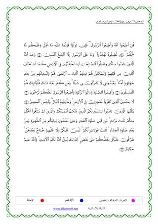  ‫א‬‫א‬‫א‬‫א‬


$¨Β Νà6ø‹n=tæuρ Ÿ≅ÏiΗäq $tΒ Ïµø‹n=tã $yϑ¯ΡÎ*sù (#öθ©9uθs? χÎ*sù ( tΑθß™§9$# (#θãè‹ÏÛr&uρ ©!$# (#θãè‹ÏÛr& ö≅è%
ª!$# y‰tãuρ ∩∈⊆∪ Ú⎥⎫Î7ßϑø9$# à≈n=t7ø9$# ωÎ) ÉΑθß™§9$# ’n?tã $tΒuρ 4 (#ρß‰tGôγs? çνθãè‹ÏÜè? βÎ)uρ ( óΟçFù=ÏiΗäq
y#=÷‚tGó™$# $yϑŸ2 ÇÚö‘F{$# ’Îû óΟßγ¨ΖxÎ=ø⇐tGó¡uŠs9 ÏM≈ysÎ=≈¢Á9$# (#θè=Ïϑtãuρ óΟä3ΖÏΒ (#θãΖtΒ#u™ t⎦⎪Ï%©!$#
n
Ï‰÷èt/ .⎯ÏiΒ Νåκ¨]s9Ïd‰t7ãŠs9uρ öΝçλm; 4©|Ós?ö‘$# ”Ï%©!$# ãΝåκs]ƒÏŠ öΝçλm; £⎯uΖÅj3uΚã‹s9uρ öΝÎγÎ=ö6s% ⎯ÏΒ š⎥⎪Ï%©!$#
ãΝèδ y7Í×≈s9'ρé'sù y7Ï9≡sŒ y‰÷èt/ txŸ2 ⎯tΒuρ 4 $↔ø‹x© ’Î1 šχθä.Îô³ç„ Ÿω ©Í_tΡρß‰ç6÷ètƒ 4 $YΖøΒr& öΝÎγÏùöθyz
∩∈∉∪ tβθçΗxqöè? öΝà6¯=yès9 tΑθß™§9$# (#θãè‹ÏÛr&uρ nο4θx.¨“9$# (#θè?#u™uρ nο4θn=¢Á9$# (#θßϑŠÏ%r&uρ ∩∈∈∪ tβθà)Å¡≈xø9$#
∩∈∠∪ çÅÁyϑø9$# }§ø⁄Î6s9uρ ( â‘$¨Ψ9$# ãΝßγ1uρù'tΒuρ 4 ÇÚö‘F{$# ’Îû š⎥⎪Ì“Éf÷èãΒ (#ρãxx. t⎦⎪Ï%©!$# ¨⎦t⎤|¡øsqƒ Ÿω
zΝè=çtø:$# (#θäóè=ö7tƒ óΟs9 t⎦⎪Ï%©!$#uρ óΟä3ãΖ≈yϑ÷ƒr& ôMs3n=tΒ t⎦⎪Ï%©!$# ãΝä3ΡÉ‹ø↔tGó¡uŠÏ9 (#θãΖtΒ#u™ š⎥⎪Ï%©!$# $yγ•ƒr'≈tƒ
.⎯ÏΒuρ ÍοuÎγ©à9$# z⎯ÏiΒ Νä3t/$u‹ÏO tβθãèŸÒs? t⎦⎫Ïnuρ Ìôfxø9$# Íο4θn=|¹ È≅ö7s% ⎯ÏiΒ 4 ;N≡§tΒ y]≈n=rO óΟä3ΖÏΒ
4 £⎯èδy‰÷èt/ 7y$uΖã_ öΝÎγøŠn=tæ Ÿωuρ ö/ä3ø‹n=tæ š[ø‹s9 4 öΝä3©9 ;N≡u‘öθtã ß]≈n=rO 4 Ï™!$t±Ïèø9$# Íο4θn=|¹ Ï‰÷èt/
íΟŠÎ=tæ ª!$#uρ 3 ÏM≈tƒFψ$# ãΝä3s9 ª!$# ß⎦Îi⎫t7ãƒ y7Ï9≡x‹x. 4 <Ù÷èt/ 4’n?tã öΝ6àÒ÷èt/ /ä3ø‹n=tæ šχθèù≡§θsÛ
à
∩∈∇∪ ÒΟŠÅ3ym

‫اﻹﻣﺎﻟﺔ‬

‫اﻹدﻏﺎم‬
www.islamweb.net

‫اﻟﺤﺮف اﻟﻤﺨﺎﻟﻒ ﻟﺤﻔﺺ‬
‫ﺍﻟﺸﺒﻜﺔ ﺍﻹﺴﻼﻤﻴﺔ‬

 