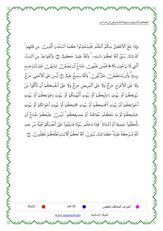  ‫א‬‫א‬‫א‬‫א‬


4 öΝÎγÎ=ö6s% ⎯ÏΒ š⎥⎪Ï%©!$# tβx‹ø↔tGó™$# $yϑŸ2 (#θçΡÉ‹ø↔tFó¡u‹ù=sù zΟè=ßsø9$# ãΝä3ΖÏΒ ã≅≈xôÛF{$# xn=t/ #sŒÎ)uρ
Ï™!$|¡ÏiΨ9$# z⎯ÏΒ ß‰Ïã≡uθs)ø9$#uρ ∩∈®∪ ÒΟŠÅ6ym íΟŠÎ=tæ ª!$#uρ 3 ⎯ÏµÏG≈tƒ#u™ öΝà6s9 ª!$# ß⎦Îi⎫t7ãƒ šÏ9≡x‹x.
¤M≈y_Îhy9tFãΒ uöxî  ∅ßγt/$uŠÏO š∅÷èŸÒtƒ βr& îy$oΨã_  ∅ÎγøŠn=tæ }§øŠn=sù %[n%s3ÏΡ tβθã_ötƒ Ÿω ©ÉL≈©9$#
Óltym 4‘yϑôãF{$# ’n?tã }§øŠ©9 ∩∉⊃∪ ÒΟŠÎ=tæ ìì‹Ïϑy™ ª!$#uρ 3  ∅ßγ©9 ×öyz š∅øÏ÷ètFó¡o„ βr&uρ ( 7πuΖƒÌ“Î/
.⎯ÏΒ (#θè=ä.ù's? βr& öΝà6Å¡àΡr& #’n?tã Ÿωuρ Óltym ÇÙƒÌyϑø9$# ’n?tã Ÿωuρ Óltym ÆltôãF{$# ’n?tã Ÿωuρ
ÏNθçŠÍ/ ÷ρr& öΝà6ÏΡ≡uθ÷zÎ) ÏNθçŠÍ/ ÷ρr& öΝä3ÏG≈yγ¨Βé& ÏNθçŠÍ/ ÷ρr& öΝà6Í←!$t/#u™ ÏNθçŠÍ/ ÷ρr& öΝà6Ï?θçŠÍ/
ÏNθçŠÍ/ ÷ρr& öΝä3Ï9≡uθ÷zr& ÏNθçŠÍ/ ÷ρr& öΝà6ÏG≈¬Ηxå ÏNθçŠÍ/ ÷ρr& öΝà6Ïϑ≈uΗùår& ÏNθçŠÍ/ ÷ρ& öΝà6Ï?≡uθyzr&
r
βr& îy$oΨã_ öΝà6ø‹n=tæ š[ø‹s9 4 öΝà6É)ƒÏ‰|¹ ÷ρr& ÿ…çµptÏB$x¨Β ΟçFò6n=tΒ $tΒ ÷ρr& öΝà6ÏG≈n=≈yz
Ï‰ΨÏã ô⎯ÏiΒ Zπ¨ŠÏtrB öΝä3Å¡àΡr& #’n?tã (#θßϑÏk=|¡sù $Y?θçŠÍ/ ΟçFù=yzyŠ #sŒÎ*sù 4 $Y?$tGô©r& ÷ρr& $·èŠÏϑy_ (#θè=à2ù's?
∩∉⊇∪ šχθè=É)÷ès? öΝà6¯=yès9 ÏM≈tƒFψ$# ãΝà6s9 ª!$# Ú⎥Îi⎫t7ãƒ šÏ9≡x‹Ÿ2 4 Zπt6ÍhŠsÛ ZπŸ2t≈t7ãΒ «!$#

‫اﻹﻣﺎﻟﺔ‬

‫اﻹدﻏﺎم‬
www.islamweb.net

‫اﻟﺤﺮف اﻟﻤﺨﺎﻟﻒ ﻟﺤﻔﺺ‬
‫ﺍﻟﺸﺒﻜﺔ ﺍﻹﺴﻼﻤﻴﺔ‬

 