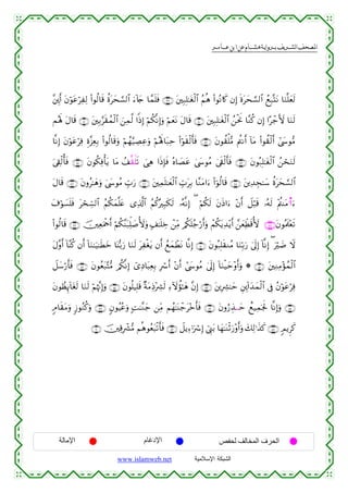  ‫א‬‫א‬‫א‬‫א‬


¨⎦Éλ⎩r& tβöθtãöÏÏ9 (#θä9$s% äοtys¡¡9$# u™!%y` $£ϑn=sù ∩⊂®∪ t⎦⎫Î7Î=≈tóø9$# ãΝèδ (#θçΡ%x. βÎ) nοtys¡¡9$# ßìÎ7®KtΡ $uΖ¯=yès9
Μçλm; tΑ$s% ∩⊆⊇∪ t⎦⎫Î/§s)ßϑø9$# z⎯Ïϑ©9 #]ŒÎ) öΝä3¯ΡÎ)uρ öΝyètΡ tΑ$s% ∩⊆⊃∪ t⎦⎫Î7Î=≈tóø9$# ß⎯øtwΥ $¨Ζä. βÎ) #·ô_V{ $uΖs9
$¯ΡÎ) tβöθtãöÏù Íο¨“ÏèÎ/ (#θä9$s%uρ öΝßγ§‹ÅÁÏãuρ öΝçλm;$t7Ïm (#öθs)ø9r'sù ∩⊆⊄∪ tβθà)ù=•Β Λä⎢Ρr& !$tΒ (#θà)ø9r& #©y›θ•Β
u’Å+ø9é'sù ∩⊆⊆∪ tβθä3Ïùù'tƒ $tΒ ß#©)r=s? }‘Ïδ #sŒÎ*sù çν$|Átã 4©y›θãΒ 4’s+ø9r'sù ∩⊆⊂∪ tβθç7Î=≈tóø9$# ß⎯ósuΖs9
tΑ$s% ∩⊆∠∪ tβρã≈yδuρ 4©y›θãΒ Éb>u‘ ∩⊆∉∪ t⎦⎫Ïϑn=≈yèø9$# Éb>tÎ/ $¨ΖtΒ#u™ (#þθä9$s% ∩⊆∈∪ t⎦⎪Ï‰Éf≈y™ äοtys¡¡9$#
t∃öθ|¡n=sù tósÅb¡9$# ãΝä3yϑ=tæ “Ï%©!$# ãΝä.çÎ6s3s9 …çµ¯ΡÎ) ( öΝä3s9 tβsŒ#u™ ÷βr& Ÿ≅ö6s% …çµs9 ÷Λä⎢ΨtΒ≡⊕Ε#u™
¯
(#θä9$s% ∩⊆®∪ š⎥⎫ÏèuΗødr& öΝä3¨Ψt7Ïk=|¹_{uρ 7#≈n=Åz ô⎯ÏiΒ /ä3n=ã_ö‘r&uρ ôΜä3tƒÏ‰÷ƒr& £⎯yèÏeÜs%_{ ∩⊆∇∪tβθçΗs>÷ès?
tΑ¨ρr& !$¨Ψä. βr& !$uΖ≈u‹≈sÜyz $oΨš/u‘ $uΖs9 tÏøótƒ βr& ßìyϑôÜtΡ $¯ΡÎ) ∩∈⊃∪ tβθç7Î=s)ΖãΒ $uΖÎn/u‘ 4’n<Î) !$¯ΡÎ) ( uö|Ê Ÿω
Ÿ≅y™ö‘r'sù ∩∈⊄∪ tβθãèt7−F•Β /ä3ΡÎ) ü“ÏŠ$t6ÏèÎ/ Îó r& ÷βr& #©y›θãΒ 4’n<Î) !$uΖø‹ym÷ρr&uρ * ∩∈⊇∪ t⎦⎫ÏΖÏΒ÷σßϑø9$#
¯
tβθÝàÍ←!$tós9 $uΖs9 öΝåκ¨ΞÎ)uρ ∩∈⊆∪ tβθè=‹Î=s% ×πtΒÏŒ÷Å³s9 Ï™Iωàσ≈yδ ¨βÎ) ∩∈⊂∪ t⎦⎪ÎÅ³≈ym È⎦É⎩!#y‰yϑø9$# ’Îû ãβöθtãöÏù
5Θ$s)tΒuρ :—θãΖä.uρ ∩∈∠∪ 5βθãŠããuρ ;M≈¨Ζy_ ⎯ÏiΒ Νßγ≈oΨô_t÷zr'sù ∩∈∉∪ tβρâ‘É‹⊗⊗ym ìì‹Ïϑpgm: $¯ΡÎ)uρ ∩∈∈∪
∩∉⊃∪ š⎥⎫Ï%Îô³•Β Νèδθãèt6ø?r'sù ∩∈®∪ Ÿ≅ƒÏ™ℜuó Î) û©Í_t/ $yγ≈oΨøOu‘÷ρr&uρ y7Ï9≡x‹x. ∩∈∇∪ 5ΟƒÌx.

‫اﻹﻣﺎﻟﺔ‬

‫اﻹدﻏﺎم‬
www.islamweb.net

‫اﻟﺤﺮف اﻟﻤﺨﺎﻟﻒ ﻟﺤﻔﺺ‬
‫ﺍﻟﺸﺒﻜﺔ ﺍﻹﺴﻼﻤﻴﺔ‬

 