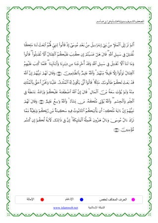  ‫א‬‫א‬‫א‬‫א‬


$Z6Î=tΒ $uΖs9 ô]yèö/$# ãΝçλ°; %c©É<uΖÏ9 (#θä9$s% øŒÎ) #©y›θãΒ Ï‰÷èt/ .⎯ÏΒ Ÿ≅ƒÏ™ℜuó Î) û©Í_t/ .⎯ÏΒ Z∼yϑø9$# ’n<Î) ts? öΝs9r&
(#θä9$s% ( (#θè=ÏG≈s)è? ωr& ãΑ$tFÉ)ø9$# ãΝà6ø‹n=tæ |=ÏGà2 βÎ) ΟçFøŠ|¡tã ö≅yδ tΑ$s% ( «!$# È≅‹Î6y™ ’Îû ö≅ÏF≈s)œΡ
ó
ãΝÎγøŠn=tæ |=ÏGä. $£ϑn=sù ( $uΖÍ←!$oΨö/r&uρ $tΡÌ≈tƒÏŠ ⎯ÏΒ $oΨô_Ì÷zé& ô‰s%uρ «!$# È≅‹Î6y™ ’Îû Ÿ≅ÏG≈s)çΡ ωr& !$uΖs9 $tΒuρ
©!$# ¨βÎ) óΟßγ–ŠÎ;tΡ óΟßγs9 tΑ$s%uρ ∩⊄⊆∈∪ š⎥⎫ÏϑÎ=≈©à9$$Î/ 7ΟŠÎ=tæ ª!$#uρ 3 óΟßγ÷ΖÏiΒ WξŠÎ=s% ωÎ) (#öθ©9uθs? ãΑ$tFÉ)ø9$#
Å7ù=ßϑø9$$Î/ ‘,ymr& ß⎯øtwΥuρ $uΖøŠn=tã Ûù=ßϑø9$# ã&s! ãβθä3tƒ 4’¯Τr& (#þθä9$s% 4 %Z3Î=tΒ šVθä9$sÛ öΝà6s9 y]yèt/ ô‰s%
’Îû ZπsÜó¡o0 …çνyŠ#y—uρ öΝà6ø‹n=tæ çµ8xsÜô¹$# ©!$# ¨βÎ) tΑ$s% 4 ÉΑ$yϑø9$# š∅ÏiΒ Zπyèy™ |N÷σãƒ öΝs9uρ çµ÷ΖÏΒ
Οßγs9 tΑ$s%uρ ∩⊄⊆∉∪ ÒΟŠÎ=tæ ììÅ™≡uρ ª!$#uρ 4 â™!$t±o„ ∅tΒ …çµx6ù=ãΒ ’ÎA÷σãƒ ª!$#uρ ( ÉΟó¡Éfø9$#uρ ÉΟù=Ïèø9$#
ó
$£ϑÏiΒ ×π¨ŠÉ)t/uρ öΝà6În/§‘ ⎯ÏiΒ ×πuΖŠÅ6y™ Ïµ‹Ïù ßNθç/$−G9$# ãΝà6u‹Ï?ù'tƒ βr& ÿ⎯ÏµÅ6ù=ãΒ sπtƒ#u™ ¨βÎ) öΝßγ–ŠÎ;tΡ
ΟçFΖä. βÎ) öΝà6©9 ZπtƒUψ šÏ9≡sŒ ’Îû ¨βÎ) 4 èπs3Í≥≈n=uΚø9$# ã&é#ÏϑøtrB tβρã≈yδ ãΑ#u™uρ 4†y›θãΒ ãΑ#u™ x8ts?
∩⊄⊆∠∪ š⎥⎫ÏΖÏΒ÷σ•Β

‫اﻹﻣﺎﻟﺔ‬

‫اﻹدﻏﺎم‬
www.islamweb.net

‫اﻟﺤﺮف اﻟﻤﺨﺎﻟﻒ ﻟﺤﻔﺺ‬
‫ﺍﻟﺸﺒﻜﺔ ﺍﻹﺴﻼﻤﻴﺔ‬

 