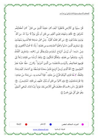  ‫א‬‫א‬‫א‬‫א‬


ΟèδçsYò2r& tβ%x. 4 ã≅ö6s% ⎯ÏΒ t⎦⎪Ï%©!$# èπt7É)≈tã tβ%x. y#ø‹x. (#ρãÝàΡ$$sù ÇÚö‘F{$# ’Îû (#ρçÅ™ ö≅è%
( «!$# z⎯ÏΒ …çµs9 ¨ŠttΒ ω ×Πöθtƒ u’ÎAù'tƒ βr& È≅ö6s% ⎯ÏΒ ÉΟÍhŠs)ø9$# È⎦⎪Ïe$#Ï9 y7yγô_uρ óΟÏ%r'sù ∩⊆⊄∪ t⎦⎫Ï.Îô³•Β
tβρß‰yγôϑtƒ öΝÍκÅ¦àΡL|sù $[sÎ=≈|¹ Ÿ≅ÏΗxå ô⎯tΒuρ ( …çνãøä. Ïµø‹n=yèsù txx. ⎯tΒ ∩⊆⊂∪ tβθãã£‰¢Átƒ 7‹Í×tΒöθtƒ
∩⊆∈∪ t⎦⎪ÍÏ≈s3ø9$# =Ïtä† Ÿω …çµ¯ΡÎ) 4 ÿ⎯Ï&Î#ôÒsù ⎯ÏΒ ÏM≈ysÎ=≈¢Á9$# (#θè=ÏΗxåuρ (#θãΖtΒ#u™ t⎦⎪Ï%©!$# y“Ì“ôfu‹Ï9 ∩⊆⊆∪
à7ù=àø9$# y“ÌôftGÏ9uρ ⎯ÏµÏFuΗ÷q§‘ ⎯ÏiΒ /ä3s)ƒÉ‹ã‹Ï9uρ ;N≡uÅe³t6ãΒ yy$tƒÌh9$# Ÿ≅Å™öãƒ βr& ÿ⎯ÏµÏG≈tƒ#u™ ô⎯ÏΒuρ
4’n<Î) ¸ξß™â‘ y7Î=ö6s% ⎯ÏΒ $uΖù=y™ö‘r& ô‰s)s9uρ ∩⊆∉∪ tβρãä3ô±n@ ö/ä3¯=yès9uρ ⎯Ï&Î#ôÒsù ⎯ÏΒ (#θäótGö;tGÏ9uρ ⎯ÍνÌøΒr'Î/
çóÇnΣ $oΨø‹n=tã $ˆ)ym šχ%x.uρ ( (#θãΒtô_r& t⎦⎪Ï%©!$# z⎯ÏΒ $uΖôϑs)tFΡ$$sù ÏM≈uΖÉit7ø9$$Î/ Οèδρâ™!$yfsù öΝÎγÏΒöθs%
â™!$t±o„ y#ø‹x. Ï™!$yϑ¡¡9$# ’Îû …çµäÜÝ¡ö6u‹sù $/$ysy™ çÏWçGsù yx≈tƒÌh9$# ã≅Å™öãƒ “Ï%©!# ª!$# ∩⊆∠∪ t⎦⎫ÏΖÏΒ÷σßϑø9$#
$
ÿ⎯ÍνÏŠ$t7Ïã ô⎯ÏΒ â™!$t±o„ ⎯tΒ ⎯ÏµÎ/ z>$|¹r& !#ŒÎ*sù ( ⎯ÏµÎ=≈n=Åz ô⎯ÏΒ ßlãøƒs† s−øŠsθø9$# “utIsù $Zô¡Ï. …ã&é#yèøgs†uρ
s
∩⊆®∪ š⎥⎫Å¡Î=ö7ßϑs9 ⎯Ï&Î#ö7s% ⎯ÏiΒ ΟÎγøŠn=tã tΑ¨”t∴ãƒ βr& È≅ö6s% ⎯ÏΒ (#θçΡ%x. βÎ)uρ ∩⊆∇∪ tβρçÅ³ö;tGó¡o„ ö/ãφ #sŒÎ)
4∃’tAöθyϑø9$# Ç‘ósßϑs9 šÏ9≡sŒ ¨βÎ) 4 !$pκÌEöθtΒ y‰÷èt/ uÚö‘F{$# Ç‘øtä† y#ø‹Ÿ2 «!$# ÏMuΗ÷qu‘ Ì≈rO#u™ #’n<Î) öÝàΡ$$sù
∩∈⊃∪ ÖƒÏ‰s% &™ó©x« Èe≅ä. 4’n?tã uθèδuρ

‫اﻹﻣﺎﻟﺔ‬

‫اﻹدﻏﺎم‬
www.islamweb.net

‫اﻟﺤﺮف اﻟﻤﺨﺎﻟﻒ ﻟﺤﻔﺺ‬
‫ﺍﻟﺸﺒﻜﺔ ﺍﻹﺴﻼﻤﻴﺔ‬

 