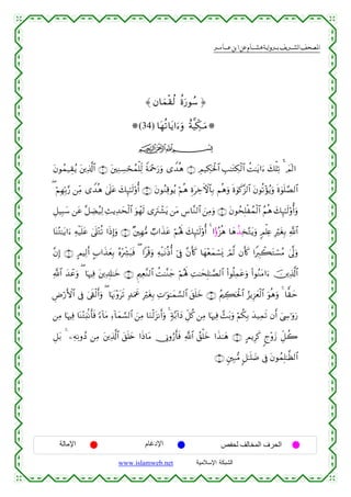  ‫א‬‫א‬‫א‬‫א‬



≈ β$zzϑø)ä9 äοu‘θß™ …
(34) $tγè?$tƒ#u™uρ îπ©ŠeÅ3⊗uuΒ
ijk
tβθßϑ‹É)ãƒ t⎦⎪Ï%©!$# ∩⊄∪ t⎦⎫ÏΖÅ¡ósßϑù=Ïj9 ZπuΗ÷qu‘uρ “W‰èδ ∩⊇∪ ÉΟ‹Å3ptø:$# É=≈tGÅ3ø9$# àM≈tƒ#u™ y7ù=Ï? # $Ο!9#
( öΝÎγÎn/§‘ ⎯ÏiΒ “W‰èδ 4’n?tã y7Í×≈s9'ρé& ∩⊂∪ tβθãΖÏ%θãƒ öΝèδ ÍοtÅzFψ$$/ Νèδuρ nο4θx.¨“9$# tβθè?÷σãƒuρ nο4θn=¢Á9$#
Î
È≅‹Î6™ ⎯tã ¨≅ÅÒã‹Ï9 Ï]ƒÏ‰ysø9$# uθôγs9 “ÎtIô±tƒ ⎯tΒ Ä¨$¨Ζ9$# z⎯ÏΒuρ ∩⊆∪ tβθßsÎ=øßϑø9$# ãΝèδ y7Í×≈s9'ρé&uρ
y
$oΨçG≈tƒ#u™ Ïµø‹n=tã 4’n?÷Gè? #sŒÎ)uρ ∩∈∪ ×⎦⎫Îγ•Β Ò>#x‹tã öΝçλm; y7Í×≈s9'ρé& 4 #·τç“èδ $yδà‹Ï‚−Gtƒuρ 5Οù=Ïæ ÎötóÎ/ «!$#
¨βÎ) ∩∉∪ AΟŠÏ9r& A>#x‹yèÎ/ çν÷Åe³t6sù ( #ø%uρ Ïµø‹tΡèŒé& þ’Îû ¨βr(x. $yγ÷èyϑó¡o„ óΟ©9 βr(x. #ZÉ9ò6tGó¡ãΒ 4’¯<uρ
«!$# y‰ôãuρ ( $pκÏù t⎦⎪Ï$Î#≈yz ∩∠∪ ËΛ⎧Ïè¨Ζ9$# àM≈¨Ζy_ öΝçλm; ÏM≈ysÎ=≈¢Á9$# (#θè=Ïϑtãuρ (#θãΖtΒ#u™ š⎥⎪Ï%©!$#
ÇÚö‘F{$# ’Îû 4’s+ø9r&uρ ( $pκtΞ÷ρts? 7‰uΗxå ÎötóÎ/ ÏN≡uθ≈yϑ¡¡9$# t,n=yz ∩∇∪ ãΛ⎧Å6ptø:$# â“ƒÍ“yèø9$# uθèδuρ 4 $y)ym
⎯ÏΒ $pκÏù $oΨ÷Gu;/Ρr'sù [™!$tΒ Ï™!$yϑ¡¡9$# z⎯ÏΒ $uΖø9t“Ρr&uρ 4 7π−/!#yŠ Èe≅ä. ⎯ÏΒ $pκÏù £]t/uρ öΝä3Î/ y‰‹Ïϑs? βr& z©Å›≡uρu‘
È≅t/ 4 ⎯ÏµÏΡρßŠ ⎯ÏΒ t⎦⎪Ï%©!$# t,n=y{ #sŒ$tΒ †ÎΤρâ‘r'sù «!$# ß,ù=yz #x‹≈yδ ∩®∪ AΟƒÍx. 8l÷ρy— Èe≅à2
∩⊇⊃∪ &⎦⎫Î7•Β 9≅≈n=|Ê ’Îû tβθßϑÎ=≈©à9$#

‫اﻹﻣﺎﻟﺔ‬

‫اﻹدﻏﺎم‬
www.islamweb.net

‫اﻟﺤﺮف اﻟﻤﺨﺎﻟﻒ ﻟﺤﻔﺺ‬
‫ﺍﻟﺸﺒﻜﺔ ﺍﻹﺴﻼﻤﻴﺔ‬

 