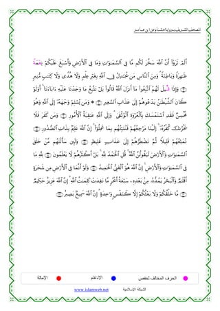  ‫א‬‫א‬‫א‬‫א‬


Zπyϑ÷èÏΡ öΝä3ø‹n=tæ xt7ó™r&uρ ÇÚö‘F{$# ’Îû $tΒuρ ÏN≡uθ≈yϑ¡¡9$# ’Îû $¨Β Νä3s9 t¤‚y™ ©!$# ¨βr& (#÷ρts? óΟs9r&
9ÏΖ•Β 5=≈tGÏ. Ÿωuρ “W‰èδ Ÿωuρ 5Οù=Ïæ ÎötóÎ/ «!$# †Îû ãΑÏ‰≈pgä† ⎯tΒ Ä¨$¨Ζ9$# z⎯ÏΒuρ 3 ZπuΖÏÛ$t/uρ ZοtÎγ≈sß
öθs9uρr& 4 !$tΡu™!$t/#u™ Ïµø‹n=tã $tΡô‰y`uρ $tΒ ßìÎ7®KtΡ ö≅t/ (#θä9$s% ª!$# tΑt“Ρr& !$tΒ (#θãèÎ7®?$# ãΝßγs9 Ÿ≅Š⊗Ε⊗% #sŒÎ)uρ ∩⊇®∪
uθèδuρ «!$# ’n<Î) ÿ…çµyγô_uρ öΝÎ=ó¡ç„ ⎯tΒuρ * ∩⊄⊃∪ ÎÏè¡¡9$# É>#x‹tã 4’n<Î) öΝèδθããô‰tƒ ß⎯≈sÜø‹¤±9$# tβ%Ÿ2
Ÿξsù txx. ⎯tΒuρ ∩⊄⊇∪ Í‘θãΒW{$# èπt7É)≈tã «!$# ’n<Î)uρ 3 4’s+øOâθø9$# Íορöãèø9$$Î/ y7|¡ôϑtGó™$# Ï‰s)sù Ö⎯Å¡øtèΧ
u
∩⊄⊄∪ Í‘ρß‰Á9$# ÏN#x‹Î/ 7Λ⎧Î=tæ ©!$# ¨βÎ) 4 (#þθè=ÏΗxå $yϑÎ/ Νßγã∞Îm7t⊥ãΖsù öΝßγãèÅ_ötΒ $uΖø‹s9Î) 4 ÿ…çνãøä. šΡâ“øts†
t,n=y{ ô⎯¨Β ΝßγtFø9r'y™ ⎦È⌡s9uρ ∩⊄⊂∪ 7áŠÎ=xî >U#x‹tã 4’n<Î) öΝèδ”sÜôÒtΡ §ΝèO Wξ‹Î=s% öΝßγãèÏnFyϑçΡ
$tΒ ¬! ∩⊄⊆∪ tβθßϑn=ôètƒ Ÿω öΝèδçsYò2r& ö≅t/ 4 ¬! ß‰ôϑptø:$# È≅è% 4 ª!$# £⎯ä9θà)u‹s9 uÚö‘F{$#uρ ÏN≡uθ≈yϑ¡¡9$#
>οtyfx© ⎯ÏΒ ÇÚö‘F{$# ’Îû $yϑ¯Ρr& öθs9uρ ∩⊄∈∪ ß‰‹Ïϑptø:$# ©Í_tóø9$# uθèδ ©!$# ¨βÎ) 4 ÇÚö‘F{$#uρ ÏN≡uθ≈yϑ¡¡9$# ’Îû
ÒΟŠÅ3ym î“ƒÌ“tã ©!$# ¨βÎ) 3 «!$# àM≈yϑÎ=x. ôNy‰ÏtΡ $¨Β 9çtø2r& èπyèö7y™ ⎯ÍνÏ‰÷èt/ .⎯ÏΒ …çν‘‰ßϑtƒ ãóst7ø9$#uρ ÒΟ≈n=ø%r&
∩⊄∠∪ îÅÁt/ 7ì‹Ïÿxœ ©!$# ¨βÎ) 3 >οy‰Ïn≡uρ <§øuΖŸ2 ωÎ) öΝä3èW÷èt/ Ÿωuρ öΝä3à)ù=yz $¨Β ∩⊄∉∪

‫اﻹﻣﺎﻟﺔ‬

‫اﻹدﻏﺎم‬
www.islamweb.net

‫اﻟﺤﺮف اﻟﻤﺨﺎﻟﻒ ﻟﺤﻔﺺ‬
‫ﺍﻟﺸﺒﻜﺔ ﺍﻹﺴﻼﻤﻴﺔ‬

 