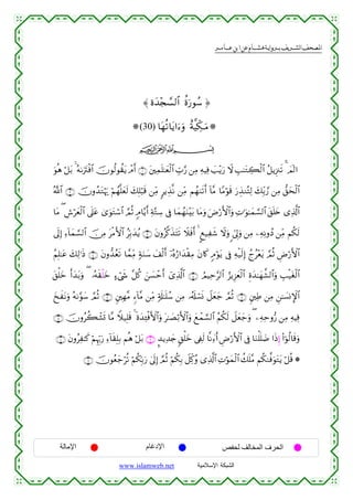  ‫א‬‫א‬‫א‬‫א‬



≈ οyy‰÷∨¤9$# äοu‘θß™ …
(30) $tγè?$tƒ#u™uρ îπ©ŠeÅ3⊗uuΒ
ijk
uθèδ ö≅t/ 4 çµ1utIøù$# šχθä9θà)tƒ ôΘr& ∩⊇∪ t⎦⎫Ïϑn=≈yèø9$# Éb>§‘ ⎯ÏΒ ÏµŠÏù |=÷ƒu‘ Ÿω É=≈tGÅ6ø9$# ã≅ƒÍ”∴s? # $Ο!9#
ª!$# ∩⊄∪ šχρß‰tGöκu‰ öΝßγ¯=yès9 y7Î=ö6s% ⎯ÏiΒ 9ƒÉ‹¯Ρ ⎯ÏiΒ Νßγ9s?& !$¨Β $YΒöθs% u‘É‹ΖçFÏ9 y7Îi/¢‘ ⎯ÏΒ ‘,ysø9$#
r
$tΒ ( Ä¸yèø9$# ’n?tã 3“uθtGó™$# ¢ΟèO 5Θ$−ƒr& Ïπ−GÅ™ ’Îû $yϑßγuΖ÷t/ $tΒuρ uÚö‘F{$#uρ ÏN≡uθ≈yϑ¡¡9$# t,n=y{ “Ï%©!$#
ö
’n<Î) Ï™!$yϑ¡¡9$# š∅ÏΒ tøΒF{$# ãÎn/y‰ãƒ ∩⊂∪ tβρã©.x‹tFs? Ÿξsùr& 4 ?ì‹Ïx© Ÿωuρ <c’Í<uρ ⎯ÏΒ ⎯ÏµÏΡρßŠ ⎯ÏiΒ Νä3s9
ãΝÎ=≈tã y7Ï9≡sŒ ∩⊆∪ tβρ‘‰ãès? $£ϑÏiΒ 7πuΖy™ y#ø9r& ÿ…çνâ‘#y‰ø)ÏΒ tβ%x. 5Θöθtƒ ’Îû Ïµø‹s9Î) ßlã÷ètƒ ¢ΟèO ÇÚö‘F{$#
t,ù=yz r&y‰t/uρ ( …çµs)ø=yz >™ó©x« ¨≅ä. z⎯|¡ômr& ü“Ï%©!$# ∩∈∪ ÞΟŠÏm§9$# â“ƒÍ“yèø9$# Íοy‰≈yγ¤±9$#uρ É=ø‹tóø9$#
y‡xtΡuρ çµ1§θy™ ¢ΟèO ∩∠∪ &⎦⎫Îγ¨Β &™!$¨Β ⎯ÏiΒ 7's#≈n=ß™ ⎯ÏΒ …ã&s#ó¡nΣ Ÿ≅yèy_ ¢ΟèO ∩∉∪ &⎦⎫ÏÛ ⎯ÏΒ Ç⎯≈|¡ΣM}$#
∩∇∪ šχρãà6ô±n@ $¨Β Wξ‹Î=s% 4 nοy‰Ï↔øùF{$#uρ t≈|Áö/F{$#uρ yìôϑ¡¡9$# ãΝä3s9 Ÿ≅yèy_uρ ( ⎯ÏµÏmρ•‘ ⎯ÏΒ ÏµŠÏù
∩⊇⊃∪ tβρãÏ≈x. öΝÍκÍh5u‘ Ï™!$s)Î=Î/ Νèδ ö≅t/ ∩®∪ ¤‰ƒÏ‰y` 9,ù=yz ’Å∀s9 $¯ΡÏ∑™r⊕& ÇÚö‘F{$# ’Îû $uΖù=n=|Ê #sŒÍ) (#þθä9$s%uρ
∩⊇⊇∪ šχθãèy_öè? öΝä3În/u‘ 4’n<Î) ¢ΟèO öΝä3Î/ Ÿ≅Ïj.ãρ “Ï%©!$# ÏNöθyϑø9$# à7n=¨Β Νä39©ùuθtGtƒ ö≅è% *

‫اﻹﻣﺎﻟﺔ‬

‫اﻹدﻏﺎم‬
www.islamweb.net

‫اﻟﺤﺮف اﻟﻤﺨﺎﻟﻒ ﻟﺤﻔﺺ‬
‫ﺍﻟﺸﺒﻜﺔ ﺍﻹﺴﻼﻤﻴﺔ‬

 