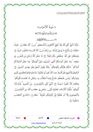  ‫א‬‫א‬‫א‬‫א‬



≈ >#t“ômF{$# äοu‘θß™ …
(73) $tγè?$tƒ#u™uρ îπ−ŠÏΡy‰yΒ
ijk
$¸ϑŠÎ=tã šχ%Ÿ2 ©!$# χÎ) 3 t⎦⎫É)Ï≈uΖßϑø9$#uρ t⎦⎪ÍÏ≈s3ø9$# ÆìÏÜè? Ÿωuρ ©!$# È,¨?$# ©É<¨Ζ9$# $pκš‰r'≈tƒ
∩⊄∪ #ZÎ7yz tβθè=yϑ÷ès? $yϑÎ/ tβ%x. ©!$# χÎ) 4 y7Îi/¢‘ ⎯ÏΒ šø‹s9Î) #©yrθãƒ $tΒ ôìÎ7¨?$#uρ ∩⊇∪ $VϑŠÅ3ym
’Îû É⎥÷⎫t7ù=s% ⎯ÏiΒ 9≅ã_tÏ9 ª!$# Ÿ≅yèy_ $¨Β ∩⊂∪ Wξ‹Ï.uρ «!$$Î/ 4‘xŸ2uρ 4 «!$# ’n?tã ö≅2uθs?uρ
öΝä.u™!$uŠÏã÷Šr& Ÿ≅yèy_ $tΒuρ 4 ö/ä3ÏG≈yγ¨Βé& £⎯åκ÷]ÏΒ tβρãtγ≈¤àt? ‘Ï↔≈©9$# ãΝä3y_≡uρø—r& Ÿ≅yèy_ $tΒuρ 4 ⎯ÏµÏùöθy_
∩⊆∪ Ÿ≅‹Î6¡¡9$# “Ï‰ôγtƒ uθèδuρ ¨,sø9$# ãΑθà)tƒ ª!$#uρ ( öΝä3Ïδ≡uθøùr'Î/ Νä3ä9öθs% öΝä3Ï9≡sŒ 4 öΝä.u™!$oΨö/r&
y
È⎦⎪Ïe$!$# ’Îû öΝà6çΡ≡uθ÷zÎ*sù öΝèδu™!$t/#u™ (#þθßϑn=÷ès? öΝ©9 βÎ*sù 4 «!$# y‰ΖÏã äÝ|¡ø%r& uθèδ öΝÎγÍ←!$t/Kψ öΝèδθãã÷Š$#
4 öΝä3ç/θè=è% ôNy‰£ϑyès? $¨Β ⎯Å3≈s9uρ ⎯ÏµÎ/ Οè?ù'sÜ÷zr& !$yϑ‹Ïù Óy$uΖã_ öΝà6ø‹n=tæ }§øŠ9uρ 4 öΝä3‹Ï9≡uθtΒuρ
s
ÿ…çµã_≡uρø—r&uρ ( öΝÍκ¦àΡr& ô⎯ÏΒ š⎥⎫ÏΖÏΒ÷σßϑø9$$Î/ 4’n<÷ρr& ©É<¨Ζ9$# ∩∈∪ $¸ϑŠÏm§‘ #Y‘θàxî ª!$# tβ%Ÿ2uρ
Å
š⎥⎫ÏΖÏΒ÷σßϑø9$# z⎯ÏΒ «!$# É=≈tFÅ2 ’Îû <Ù÷èt7Î/ 4†n<÷ρr& öΝåκÝÕ÷èt/ ÏΘ%tnö‘F{$# (#θä9'ρé&uρ 3 öΝåκçJ≈yγ¨Βé&
É=≈tGÅ6ø9$# ’Îû y7Ï9≡sŒ šχ%Ÿ2 4 $]ùρã÷è¨Β Νä3Í←!$uŠÏ9÷ρr& #’n<Î) (#þθè=yèøs? βr& HωÎ) t⎦⎪ÌÉf≈yγßϑø9$#uρ
∩∉∪ #Y‘θäÜó¡tΒ

‫اﻹﻣﺎﻟﺔ‬

‫اﻹدﻏﺎم‬
www.islamweb.net

‫اﻟﺤﺮف اﻟﻤﺨﺎﻟﻒ ﻟﺤﻔﺺ‬
‫ﺍﻟﺸﺒﻜﺔ ﺍﻹﺴﻼﻤﻴﺔ‬

 