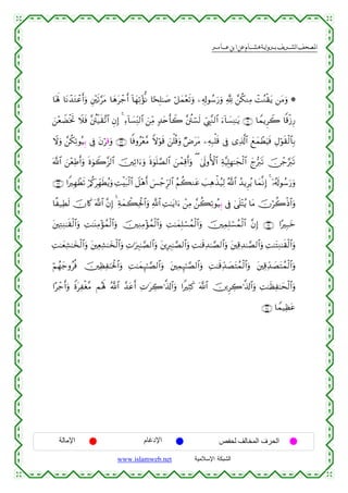  ‫א‬‫א‬‫א‬‫א‬


$oλm; $tΡô‰tGôãr&uρ È⎦÷⎫s?§tΒ $yδtô_r& !$yγÏ?÷σœΡ $[sÎ=≈|¹ ö≅yϑ÷ès?uρ ⎯Ï&Î!θß™u‘uρ ¬! £⎯ä3ΖÏΒ ôMãΖø)tƒ ⎯tΒuρ *
z⎯÷èŸÒøƒrB Ÿξsù ¨⎦ä⎠ø‹s)¨?$# ÈβÎ) 4 Ï™!$|¡ÏiΨ9$# z⎯ÏiΒ ‰tnr'Ÿ2 ¨⎦ä⎠ó¡s9 Äc©É<¨Ζ9$# u™!$|¡ÏΨ≈tƒ ∩⊂⊇∪ $VϑƒÌŸ2 $]%ø—Í‘
7
Ÿωuρ £⎯ä3Ï?θçŠÍ/ ’Îû tβöÅÇ%uρ ∩⊂⊄∪ $]ùρã÷è¨Β Zωöθs% z⎯ù=è%uρ ÖÚttΒ ⎯ÏµÎ7ù=s% ’Îû “Ï%©!$# yìyϑôÜuŠsù ÉΑöθs)ø9$$Î/
©!$# z⎯÷èÏÛr&uρ nο4θŸ2¨“9$# š⎥⎫Ï?#u™uρ nο4θn=¢Á9$# z⎯ôϑÏ%r&uρ ( 4’n<ρW{$# Ïπ¨ŠÎ=Îγ≈yfø9$# yl•y9s? š∅ô_§y9s?
∩⊂⊂∪ #ZÎγôÜs? ö/ä.tÎdγsÜãƒuρ ÏMøt7ø9$# Ÿ≅÷δr& }§ô_Íh9$# ãΝà6Ζtã |=Ïδõ‹ã‹Ï9 ª!$# ß‰ƒÌãƒ $yϑ¯ΡÎ) 4 ÿ…ã&s!θß™u‘uρ
$¸‹ÏÜs9 šχ%x. ©!$# ¨βÎ) 4 Ïπyϑò6Ïtø:$#uρ «!$# ÏM≈tƒ#u™ ô⎯ÏΒ £⎯à6Ï?θçŠÍ/ ’Îû 4‘n=÷Fãƒ $tΒ šχöà2øŒ$#uρ
t⎦⎫ÏGÏΖ≈s)ø9$#uρ ÏM≈oΨÏΒ÷σßϑø9$#uρ š⎥⎫ÏΖÏΒ÷σßϑø9$#uρ ÏM≈yϑÎ=ó¡ßϑø9$#uρ š⎥⎫ÏϑÎ=ó¡ßϑø9$# ¨βÎ) ∩⊂⊆∪ #·Î7yz
ÏM≈yèÏ±≈y‚ø9$#uρ t⎦⎫ÏèÏ±≈y‚ø9$#uρ ÏN≡uÉ9≈¢Á9$#uρ t⎦⎪ÎÉ9≈¢Á9$#uρ ÏM≈s%Ï‰≈¢Á9$#uρ t⎦⎫Ï%Ï‰≈¢Á9$#uρ ÏM≈tFÏΖ≈s)ø9$#uρ
öΝßγy_ρãèù š⎥⎫ÏàÏ≈ptø:$#uρ ÏM≈yϑÍ×≈¢Á9$#uρ t⎦⎫ÏϑÍ×≈¢Á9$#uρ ÏM≈s%Ïd‰|ÁtFßϑø9$#uρ t⎦⎫Ï%Ïd‰|ÁtFßϑø9$#uρ
#·ô_r&uρ ZοtÏøó¨Β Μçλm; ª!$# £‰tãr& ÏN≡tÅ2≡©%!$#uρ #ZÏVx. ©!$# š⎥⎪ÌÅ2≡©%!$#uρ ÏM≈sàÏ≈ysø9$#uρ
∩⊂∈∪ $Vϑ‹Ïàtã

‫اﻹﻣﺎﻟﺔ‬

‫اﻹدﻏﺎم‬
www.islamweb.net

‫اﻟﺤﺮف اﻟﻤﺨﺎﻟﻒ ﻟﺤﻔﺺ‬
‫ﺍﻟﺸﺒﻜﺔ ﺍﻹﺴﻼﻤﻴﺔ‬

 