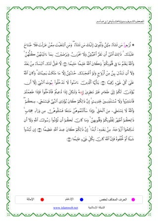  ‫א‬‫א‬‫א‬‫א‬


yy$uΖã_ Ÿξsù |Mø9z•tã ô⎯£ϑÏΒ |Mø‹tótGö/$# Ç⎯tΒuρ ( â™!$t±n@ ⎯tΒ y7ø‹s9Î) ü“Èθø↔è?uρ £⎯åκ÷]ÏΒ â™!$t±n@ ⎯tΒ ç⋅Åeöè? *
4 £⎯ßγ=à2 £⎯ßγtG÷s?#u™ !$yϑÎ/ š⎥÷⎫|Êötƒuρ χt“øts† Ÿωuρ £⎯åκß]Šôãr& §s)s? βr& #’oΤ÷Šr& y7Ï9≡sŒ 4 šø‹n=tã
ã
ß‰÷èt/ .⎯ÏΒ â™!$|¡ÏiΨ9$# šs9 ‘≅Ïts† ω ∩∈⊇∪ $VϑŠÎ=ym $¸ϑŠÎ=tã ª!$# tβ%Ÿ2uρ 4 öΝä3Î/θè=è% ’Îû $tΒ ãΝn=÷ètƒ ª!$#uρ
ª!$# tβ%x.uρ 3 y7ãΨŠÏϑtƒ ôMs3n=tΒ $tΒ ωÎ) £⎯åκß]ó¡ãm št7yfôãr& öθs9uρ 8l≡uρø—r& ô⎯ÏΒ £⎯ÍκÍ5 tΑ£‰t7s? βr& Iωuρ
χr& HωÎ) Äc©É<¨Ζ9$# |NθçŠÍ/ (#θè=äzô‰s? Ÿω (#θãΖtΒ#u™ š⎥⎪Ï%©!$# $pκš‰r'≈tƒ ∩∈⊄∪ $Y7ŠÏ%§‘ &™ó©x« Èe≅ä. 4‘n=tã
óΟçFôϑÏèsÛ #sŒÎ*sù (#θè=äz÷Š$$sù ÷Λä⎢ŠÏãßŠ #sŒÎ) ô⎯Å3≈s9uρ çµ91ΡÉ) t⎦⎪ÌÏà≈tΡ uöxî BΘ$yèsÛ 4’n<Î) öΝä3s9 šχsŒ÷σãƒ
( öΝà6ΖÏΒ ⎯Ä©÷∏tFó¡uŠsù ¢©É<¨Ζ9$# “ÏŒ÷σãƒ tβ%Ÿ2 öΝä3Ï9≡sŒ ¨βÎ) 4 B]ƒÏ‰ptÎ: t⎦⎫Å¡Ï⊥ø↔tGó¡ãΒ Ÿωuρ (#ρçÅ³tFΡ$$sù
4 5>$pgÉo Ï™!#u‘uρ ⎯ÏΒ  ∅èδθè=t↔ó¡sù $Yè≈tFtΒ £⎯èδθßϑçGø9r'y™ #sŒÎ)uρ 4 Èd,ysø9$# z⎯ÏΒ ⎯Ä©÷∏Fó¡o„ Ÿω ª!$#uρ
t
βr& Iωuρ «!$# š^θß™u‘ (#ρèŒ÷σè? βr& öΝà6s9 šχ%x. $tΒuρ 4 £⎯ÎγÎ/θè=è%uρ öΝä3Î/θè=à)Ï9 ãyγôÛr& öΝà6Ï9≡sŒ
(#ρß‰ö7è? βÎ) ∩∈⊂∪ $¸ϑŠÏàtã «!$# y‰ΖÏã tβ%Ÿ2 öΝä3Ï9≡sŒ ¨βÎ) 4 #´‰t/r& ÿ⎯ÍνÏ‰÷èt/ .⎯ÏΒ …çµy_≡uρø—r& (#þθßsÅ3Ζs?
∩∈⊆∪ $VϑŠÎ=tã >™ó©x« Èe≅ä3Î/ šχ%x. ©!$# ¨βÎ*sù çνθàƒéB ÷ρr& $º↔ø‹x©
ø

‫اﻹﻣﺎﻟﺔ‬

‫اﻹدﻏﺎم‬
www.islamweb.net

‫اﻟﺤﺮف اﻟﻤﺨﺎﻟﻒ ﻟﺤﻔﺺ‬
‫ﺍﻟﺸﺒﻜﺔ ﺍﻹﺴﻼﻤﻴﺔ‬

 