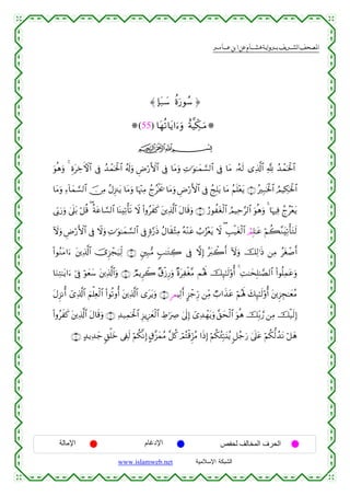  ‫א‬‫א‬‫א‬‫א‬



≈ *t7|™ äοu‘θß™ …
(55) $tγè?$tƒ#u™uρ îπ©ŠeÅ3⊗uuΒ
ijk
uθèδuρ 4 ÍοtÅzFψ$# ’Îû ß‰ôϑptø:$# ã&s!uρ ÇÚö‘F{$# ’Îû $tΒuρ ÏN≡uθ≈yϑ¡¡9$# ’Îû $tΒ …çµs9 “Ï%©!$# ¬! ß‰ôϑptø:$#
$tΒuρ Ï™!$yϑ¡¡9$# š∅ÏΒ ãΑÍ”∴tƒ $tΒuρ $pκ÷]ÏΒ ßlãøƒs† $tΒuρ ÇÚö‘F{$# ’Îû ßkÎ=tƒ $tΒ ãΝn=÷ètƒ ∩⊇∪ çÎ7sƒø:$# ÞΟŠÅ3ptø:$#
’În1u‘uρ 4’n?t/ ö≅è% ( èπtã$¡¡9$# $oΨÏ?ù's? Ÿω (#ρãxx. t⎦⎪Ï%©!$# tΑ$s%uρ ∩⊄∪ â‘θàtóø9$# ÞΟŠÏm§9$# uθèδuρ 4 $pκÏù ßlã÷ètƒ
Iωuρ ÇÚö‘F{$# ’Îû Ÿωuρ ÏN≡uθ≈yϑ¡¡9$# ’Îû ;ο§‘sŒ ãΑ$s)÷WÏΒ çµ÷Ζtã Ü>â“÷ètƒ Ÿω ( É=ø‹tóø9$# ÜΟÎ=≈tã öΝà6¨ΖtÏ?ù'tGs9
(#θãΖtΒ#u™ t⎦⎪Ï%©!$# š”Ì“ôfu‹Ïj9 ∩⊂∪ &⎦⎫Î7•Β 5=≈tGÅ2 ’Îû ωÎ) çt9ò2r& Iωuρ šÏ9≡sŒ ⎯ÏΒ ãtóô¹r&
$uΖÏF≈tƒ#u™ þ’Îû öθyèy™ t⎦⎪Ï%©!$#uρ ∩⊆∪ ÒΟƒÌŸ2 ×−ø—Í‘uρ ×οtÏøó¨Β Μçλm; šÍ×≈s9'ρé& 4 ÏM≈ysÎ=≈¢Á9$# (#θè=Ïϑtãuρ
tΑÌ“Ρé& ü“Ï%©!$# zΝù=Ïèø9$# (#θè?ρé& t⎦⎪Ï%©!$# “ttƒuρ ∩∈∪ =ΟŠÏ9r& @“ô_Íh‘ ⎯ÏiΒ Ò>#x‹tã öΝçλm; y7Í×≈s9'ρé& t⎦⎪Ì“Éf≈yèãΒ
(#ρãxx. t⎦⎪Ï%©!$# tΑ$s%uρ ∩∉∪ Ï‰‹Ïϑptø:$# Í“ƒÍ•yèø9$# ÅÞ≡uÅÀ 4’n<Î) ü“Ï‰ôγtƒuρ ¨,ysø9$# uθèδ šÎi/¢‘ ⎯ÏΒ šø‹s9Î)
∩∠∪ >‰ƒÏ‰y_ 9,ù=yz ’Å∀s9 öΝä3¯ΡÎ) A−¨“yϑãΒ ¨≅ä. óΟçFø%Ìh“Β #sŒÎ) öΝä3ã∞Îm7t⊥ãƒ 9≅ã_u‘ 4’n?tã öΝä3—9ß‰tΡ ö≅yδ
ã

‫اﻹﻣﺎﻟﺔ‬

‫اﻹدﻏﺎم‬
www.islamweb.net

‫اﻟﺤﺮف اﻟﻤﺨﺎﻟﻒ ﻟﺤﻔﺺ‬
‫ﺍﻟﺸﺒﻜﺔ ﺍﻹﺴﻼﻤﻴﺔ‬

 