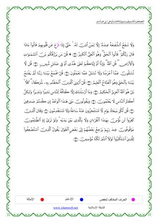  ‫א‬‫א‬‫א‬‫א‬


#sŒ$tΒ (#θä9$s% óΟÎγÎ/θè=è% ⎯tã tí§“rù #sŒÎ) #©¨Lym 4 …çµs9 šχÏŒr& ô⎯yϑÏ9 ωÎ) ÿ…çνy‰ΨÏã èπyè≈x¤±9$# ßìxΖs? Ÿωuρ
ÏN≡uθ≈yϑ¡¡9$# š∅ÏiΒ Νä3è%ã—ötƒ ⎯tΒ ö≅è% * ∩⊄⊆∪ çÎ6s3ø9$# ’Í?yèø9$# uθèδuρ ( ¨,ysø9$# (#θä9$s% ( öΝä3š/u‘ tΑ$s%

ω ≅è% ∩⊄∈∪ &⎥⎫Î7•Β 9≅≈n=|Ê ’Îû ÷ρr& “´‰èδ 4’n?yès9 öΝà2$−ƒÎ) ÷ρr& !$¯ΡÎ)uρ ( ª!$# È≅è% ( Ä⇓ö‘F{$#uρ
ßxtGøtƒ ¢ΟèO $oΨš/u‘ $uΖoΨ÷t/ ßìyϑøgs† ö≅è% ∩⊄∉∪ tβθè=yϑ÷ès? $£ϑtã ã≅t↔ó¡çΡ Ÿωuρ $oΨøΒtô_r& !$£ϑtã šχθè=t↔ó¡è?
4 ξx. ( u™!%Ÿ2uà° ⎯ÏµÎ/ ΟçFø)ysø9r& š⎥⎪Ï%©!$# u’ÎΤρâ‘r& ö≅è% ∩⊄∠∪ ÞΟŠÎ=yèø9$# ßy$−Fxø9$# uθèδuρ Èd,ysø9$$Î/ $uΖoΨ÷t/
£⎯Å3≈s9uρ #ƒÉ‹tΡuρ #ZÏ±o0 Ä¨$¨Ψ=Ïj9 Zπ©ù!$Ÿ2 ωÎ) y7≈oΨù=y™ö‘r& !$tΒuρ ∩⊄∇∪ ÞΟ‹Å3ysø9$# â“ƒÍ“yèø9$# ª!$# uθèδ ö≅t/
t⎦⎫Ï%Ï‰≈|¹ óΟçFΖà2 βÎ) ß‰ôãuθø9$# #x‹≈yδ 4©tLtΒ šχθä9θà)tƒuρ ∩⊄®∪ šχθßϑn=ôètƒ Ÿω Ä¨$¨Ζ9$# usYò2r&
š⎥⎪Ï%©!$# tΑ$s%uρ ∩⊂⊇∪ tβθãΒÏ‰ø)tGó¡n@ Ÿωuρ Zπtã$y™ çµ÷Ζtã tβρãÏ‚ø↔tFó¡n@ ω 5Θöθtƒ ßŠ$yè‹ÏiΒ /ä3©9 ≅è% ∩⊂⊃∪
šχθßϑÎ=≈©à9$# ÏŒÎ) #“ts? öθs9uρ 3 Ïµ÷ƒy‰tƒ t⎦÷⎫t/ “Ï%©!$$Î/ Ÿωuρ Èβ#u™öà)ø9$# #x‹≈yγÎ/ š∅ÏΒ÷σœΡ ⎯s9 (#ρãxx.
(#θàÏèôÒçGó™$# š⎥⎪Ï%©!$# ãΑθà)tƒ tΑöθs)ø9$# CÙ÷èt/ 4’n<Î) öΝßγàÒ÷èt/ ßìÅ_ötƒ öΝÍκÍh5u‘ y‰ΨÏã šχθèùθè%öθtΒ
∩⊂⊄∪ š⎥⎫ÏΖÏΒ÷σãΒ $¨Ψä3s9 óΟçFΡr& Iωöθs9 (#ρçy9õ3tFó™$# t⎦⎪Ï%©#Ï9

‫اﻹﻣﺎﻟﺔ‬

‫اﻹدﻏﺎم‬
www.islamweb.net

‫اﻟﺤﺮف اﻟﻤﺨﺎﻟﻒ ﻟﺤﻔﺺ‬
‫ﺍﻟﺸﺒﻜﺔ ﺍﻹﺴﻼﻤﻴﺔ‬

 