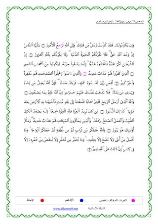  ‫א‬‫א‬‫א‬‫א‬


â¨$¨Ζ9$# $pκš‰r'≈tƒ ∩⊆∪ â‘θãΒW{$# ßìÄ_ös? «!$# ’n<Î)uρ 4 y7Î=ö7s% ⎯ÏiΒ ×≅ß™â‘ ôMt/Éj‹ä. ô‰s)sù š‚θç/Éj‹s3ãƒ βÎ)uρ
¨βÎ) ∩∈∪ â‘ρátóø9$# «!$$Î/ Νä3¯Ρ§äótƒ Ÿωuρ ( $u‹÷Ρ‘‰9$# äο4θu‹ysø9$# ãΝä3¯Ρ§äós? Ÿξsù ( A,ym «!$# y‰ôãuρ ¨βÎ)
ÎÏè¡¡9$# É=≈ptõ¾r& ô⎯ÏΒ (#θçΡθä3u‹Ï9 …çµt/÷“Ïm (#θããô‰tƒ $yϑ¯ΡÎ) 4 #‡ρß‰tã çνρä‹ÏƒªB$$sù Aρß‰tã ö/ä3s9 z⎯≈sÜø‹¤±9$#
×οtÏøó¨Β Μçλm; ÏM≈ysÎ=≈¢Á9$# (#θè=ÏΗxåuρ (#θãΖtΒ#u™ t⎦⎪Ï%©!$#uρ ∩∠∪ Ó‰ƒÏ‰x© Ò>#x‹tã öΝçλm; (#ρãxx. t⎦⎪Ï%©!$# ∩∉∪
â™!$t±o„ ⎯tΒ ‘≅ÅÒãƒ ©!$# ¨βÎ*sù ( $YΖ|¡ym çν#u™tsù ⎯Ï&Î#uΗxå â™þθß™ …çµs9 t⎦Éi⎪ã— ⎯yϑsùr& ∩∇∪ îÎ6x. Öô_r&uρ
∩®∪ tβθãèoΨóÁtƒ $yϑÎ/ 7Λ⎧Î=tæ !$# ¨βÎ) 4 BN≡uy£ym öΝÍκön=tã y7Ý¡øtΡ ó=yδõ‹s? Ÿξsù ( â™!$t±o„ ⎯tΒ “Ï‰öκu‰uρ
©
y‰÷èt/ uÚö‘F{$# ÏµÎ/ $uΖ÷u‹ômr'sù ;M÷‹¨Β 7$s#t/ 4’n<Î) çµ≈oΨø)Ý¡sù $/$ptx çÏWçFsù yx≈tƒÌh9$# Ÿ≅y™ö‘r& ü“Ï%©!$# ª!$#uρ
ÞΟÎ=s3ø9$# ß‰yèóÁtƒ Ïµø‹s9Î) 4 $·è‹ÏΗsd äο¢•Ïèø9$# ¬Tsù nο¨“Ïèø9$# ß‰ƒÌãƒ tβ%x. ⎯tΒ ∩⊇⊃∪ â‘θà±–Ψ9$# y7Ï9≡x‹x. 4 $pκÌEöθtΒ
ãõ3tΒuρ ( Ó‰ƒÏ‰x© Ò>#x‹tã öΝçλm; ÏN$t↔ÍhŠ¡¡9$# tβρãä3ôϑtƒ z⎯ƒÏ%©!$#uρ 4 …çµãèsùötƒ ßxÎ=≈¢Á9$# ã≅yϑyèø9$#uρ Ü=Íh‹©Ü9$#
$tΒuρ 4 %[`≡uρø—r& ö/ä3n=yèy_ ¢ΟèO 7πxõÜœΡ ⎯ÏΒ §ΝèO 5>#tè? ⎯ÏiΒ /ä3s)n=s{ ª!$#uρ ∩⊇⊇∪ â‘θç7tƒ uθèδ y7Í×≈s9'ρé&
ωÎ) ÿ⎯ÍνÌßϑãã ô⎯ÏΒ ßÈs)Ζãƒ Ÿωuρ 9£ϑyè•Β ⎯ÏΒ ã£ϑyèãƒ $tΒuρ 4 ⎯ÏµÏϑù=ÏèÎ/ ωÎ) ßìŸÒs? Ÿωuρ 4©sΡé& ô⎯ÏΒ ã≅ÏϑøtrB
∩⊇⊄∪ ×Å¡o„ «!$# ’n?tã y7Ï9≡sŒ ¨βÎ) 4 A=≈tFÏ. ’Îû

‫اﻹﻣﺎﻟﺔ‬

‫اﻹدﻏﺎم‬
www.islamweb.net

‫اﻟﺤﺮف اﻟﻤﺨﺎﻟﻒ ﻟﺤﻔﺺ‬
‫ﺍﻟﺸﺒﻜﺔ ﺍﻹﺴﻼﻤﻴﺔ‬

 