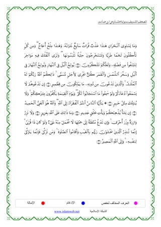  ‫א‬‫א‬‫א‬‫א‬


9e≅ä. ⎯ÏΒuρ ( Ól%y`é& ìxù=ÏΒ #x‹≈yδuρ …çµç/#uŸ° ÔÍ←!$y™ ÔN#tèù Ò>õ‹tã #x‹≈yδ Èβ#tóst7ø9$# “ÈθtGó¡o„ $tΒuρ
tÅz#uθtΒ ÏµŠÏù y7ù=àø9$# “ts?uρ ( $yγtΡθÝ¡t6ù=s? ZπuŠù=Ïm tβθã_Ì÷‚tFó¡n@uρ $wƒÌsÛ $Vϑóss9 tβθè=à2ù's?
’Îû u‘$yγ¨Ζ9$# ßkÏ9θãƒuρ Í‘$yγ¨Ζ9$# ’Îû Ÿ≅øŠ©9$# ßkÏ9θãƒ ∩⊇⊂∪ šχρãà6ô±n@ öΝä3¯=yès9uρ ⎯Ï&Î#ôÒsù ⎯ÏΒ (#θäótGö;tGÏ9
çµs9 öΝä3š/u‘ ª!$# ãΝà6Ï9≡sŒ 4 ‘wΚ|¡•Β 9≅y_L{ “Ìøgs† @≅à2 tyϑs)ø9$#uρ }§ôϑ¤±9$# t¤‚y™uρ È≅ø‹©9$#
Ÿω óΟèδθããô‰s? βÎ) ∩⊇⊆∪ AÏϑôÜÏ% ⎯ÏΒ šχθä3Î=÷Κtƒ $tΒ ⎯ÏµÏΡρßŠ ⎯ÏΒ šχθããô‰s? t⎦⎪Ï%©!$#uρ 4 Ûù=ßϑø9$#
Ÿωuρ 4 öΝä3Å2÷Å³Î0 tβρãàõ3tƒ Ïπyϑ≈uŠÉ)ø9$# tΠöθtƒuρ ( ö/ä3s9 (#θç/$yftGó™$# $tΒ (#θãèÏÿxœ öθs9uρ ö/ä.u™!$tãßŠ (#θãèyϑó¡o„
ß‰‹Ïϑysø9$# ©Í_tóø9$# uθèδ ª!$#uρ ( «!$# ’n<Î) â™!#ts)àø9$# ÞΟçFΡr& â¨$¨Ζ9$# $pκš‰r'≈tƒ * ∩⊇∈∪ 9Î7yz ã≅÷WÏΒ y7ã∞Îm;uΖãƒ
â‘Ì“s? Ÿωuρ ∩⊇∇∪ 9“ƒÍ•yèÎ/ «!$# ’n?tã y7Ï9≡sŒ $tΒuρ ∩⊇∠∪ 7‰ƒÏ‰y` 9,ù=sƒ¿2 ÏNù'tƒuρ öΝà6ö7Ïδõ‹ãƒ ù't±o„ βÎ) ∩⊇∉∪
3 #’n1öè% #sŒ tβ%x. öθs9uρ Ö™ó©x« çµ÷ΖÏΒ ö≅yϑøtä† Ÿω $yγÎ=÷Η¿q 4’n<Î) î's#s)÷WãΒ äíô‰s? βÎ)uρ 4 2”t÷zé& u‘ø—Íρ ×οu‘Î—#uρ
4’ª1u”tItƒ $yϑ¯ΡÎ*sù 4’ª1t“s? ⎯tΒuρ 4 nο4θn=¢Á9$# (#θãΒ$s%r&uρ Í=ø‹tóø9$$Î/ Νåκ®5u‘ šχöθt±øƒs† t⎦⎪Ï%©!$# â‘É‹Ζè? $yϑ¯ΡÎ)
∩⊇®∪ çÅÁyϑø9$# «!$# ’n<Î)uρ 4 ⎯ÏµÅ¡øuΖÏ9

‫اﻹﻣﺎﻟﺔ‬

‫اﻹدﻏﺎم‬
www.islamweb.net

‫اﻟﺤﺮف اﻟﻤﺨﺎﻟﻒ ﻟﺤﻔﺺ‬
‫ﺍﻟﺸﺒﻜﺔ ﺍﻹﺴﻼﻤﻴﺔ‬

 