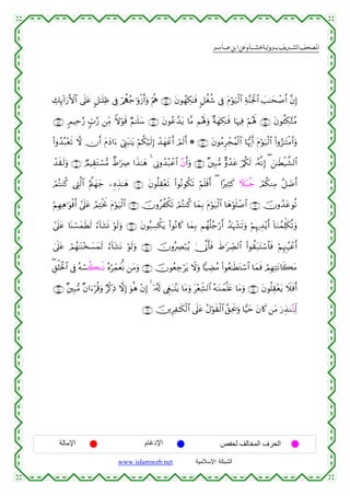  ‫א‬‫א‬‫א‬‫א‬


Å7Í←!#u‘F{$# ’n?tã @≅≈n=Ïß ’Îû ö/àSã_≡uρø—r&uρ öΛèε ∩∈⊆∪ tβθßγÅ3≈sù 9≅äóä© ’Îû tΠöθu‹ø9$# Ïπ¨Ψpgø:$# |=≈ysô¹r& ¨βÎ)
∩∈∠∪ 5ΟŠÏm§‘ 5b>§‘ ⎯ÏiΒ Zωöθs% ÖΝ≈n=y™ ∩∈∉∪ tβθãã£‰tƒ $¨Β Νçλm;uρ ×πyγÅ3≈sù $pκÏù öΝçλm; ∩∈∈∪ tβθä↔Å3§GãΒ
(#ρß‰ç7÷ès? ω χr& tΠyŠ#u™ û©Í_t6≈tƒ öΝä3ö‹s9Î) ô‰yγôãr& óΟs9r& * ∩∈∇∪ tβθãΒÌôfãΚø9$# $pκš‰r& tΠöθu‹ø9$# (#ρâ“≈tFøΒ$#uρ
ô‰s)s9uρ ∩∉⊃∪ ÒΟŠÉ)tGó¡•Β ÔÞ≡uÅÀ #x‹≈yδ 4 ’ÎΤρß‰ç6ôã$# ãβr&uρ ∩∈®∪ ×⎦⎫Î7•Β Aρß‰tã ö/ä3s9 …çµ¯ΡÎ) ( z⎯≈sÜø‹¤±9$#
óΟçFΖä. ©ÉL©9$# æΛ©⎝yγy_ ⎯ÍνÉ‹≈yδ ∩∉⊇∪ tβθè=É)ès? (#θçΡθä3s? öΝn=sùr& ( #·ÏWx. Uξ÷7ä_ óΟä3ΖÏΒ ¨≅|Êr&
÷
öΝÎγÏδ≡uθøùr& #’n?tã ÞΟÏFøƒwΥ tΠöθu‹ø9$# ∩∉⊂∪ šχρãàõ3s? óΟçFΖä. $yϑÎ/ tΠöθu‹ø9$# $yδöθn=ô¹$# ∩∉⊄∪ šχρß‰tãθè?
#’n?tã $oΨó¡yϑsÜs9 â™!$t±nΣ öθs9uρ ∩∉⊆∪ tβθç6Å¡õ3tƒ (#θçΡ%x. $yϑÎ/ Νßγè=ã_ö‘r& ß‰pκô¶s?uρ öΝÍκ‰É‰÷ƒr& !$uΖßϑÏk=s3è?uρ
4’n?tã óΟßγ≈oΨ÷‚|¡yϑs9 â™!$t±tΡ öθs9uρ ∩∉∈∪ šχρçÅÇö7ãƒ 4†¯Τr'sù xÞ≡tÅ_Á9$# (#θà)t7tFó™$$sù öΝÍκÈ]ã‹ôãr&
∃È,ù=sƒø:$# ’Îû çµó¡à6ΖnΡ çνöÏdϑyèœΡ ⎯tΒuρ ∩∉∉∪ šχθãèÅ_ötƒ Ÿωuρ $|‹ÅÒãΒ (#θãè≈sÜtGó™$# $yϑsù óΟÎγÏFtΡ%x6tΒ
∩∉∇∪ ×⎦⎫Î7•Β ×β#u™öè%uρ Öø.ÏŒ ωÎ) uθèδ ÷βÎ) 4 ÿ…ã&s! ©Èöt7.⊥tƒ $tΒuρ t÷èÏe±9$# çµ≈oΨôϑ¯=tæ $tΒuρ ∩∉∠∪ tβθè=É)÷ètƒ Ÿξsùr&
∩∉®∪ š⎥⎪ÍÏ≈s3ø9$# ’n?tã ãΑöθs)ø9$# ¨,Ïts†uρ $wŠym tβ%x. ⎯tΒ u‘É‹ΖçFÏj9

‫اﻹﻣﺎﻟﺔ‬

‫اﻹدﻏﺎم‬
www.islamweb.net

‫اﻟﺤﺮف اﻟﻤﺨﺎﻟﻒ ﻟﺤﻔﺺ‬
‫ﺍﻟﺸﺒﻜﺔ ﺍﻹﺴﻼﻤﻴﺔ‬

 