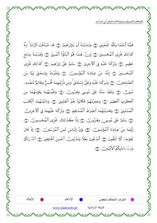  ‫א‬‫א‬‫א‬‫א‬


$¯ΡÎ) 4 !$tƒö™”9$# |Mø%£‰¹ ‰s% ∩⊇⊃⊆∪ ÞΟŠÏδ≡tö/Î*≈tƒ βr& çµ≈oΨ÷ƒy‰≈tΡuρ ∩⊇⊃⊂∪ È⎦⎫Î7yfù=Ï9 …ã&©#s?uρ $yϑn=ó™r& !$£ϑn=sù
?xö/É‹Î/ çµ≈oΨ÷ƒy‰sùuρ ∩⊇⊃∉∪ ß⎦⎫Î7ßϑø9$# (#àσ≈n=t7ø9$# uθçλm; #x‹≈yδ χÎ) ∩⊇⊃∈∪ t⎦⎫ÏΖÅ¡ósßϑø9$# “Ì“øgwΥ y7Ï9≡x‹x.
“Ì“øgwΥ y7Ï9≡x‹x. ∩⊇⊃®∪ zΟŠÏδ≡tö/Î) #’n?tã íΝ≈n=y™ ∩⊇⊃∇∪ t⎦⎪ÌÅzFψ$# ’Îû Ïµø‹n=tã $oΨø.ts?uρ ∩⊇⊃∠∪ 5ΟŠÏàtã
z⎯ÏiΒ $wŠÎ;tΡ t,≈ysó™Î*Î/ çµ≈tΡ÷¤³o0uρ ∩⊇⊇ ∪ š⎥⎫ÏΖÏΒ÷σßϑø9$# $tΡÏŠ$t6Ïã ô⎯ÏΒ …çµ¯ΡÎ) ∩⊇⊇⊃∪ t⎦⎫ÏΖÅ¡ósßϑø9$#
⎯ÏµÅ¡øuΖÏj9 ÖΝÏ9$sßuρ Ö⎯Å¡øtèΧ $yϑÎγÏF−ƒÍh‘èŒ ⎯ÏΒuρ 4 t,≈ysó™Î) #’n?tãuρ Ïµø‹n=tã $uΖø.t≈t/uρ ∩⊇⊇⊄∪ š⎥⎫ÅsÎ=≈¢Á9$#
z⎯ÏΒ $yϑßγtΒöθs%uρ $yϑßγ≈uΖøŠ¯gwΥuρ ∩⊇⊇⊆∪ šχρã≈yδuρ 4©y›θãΒ 4’n?tã $¨ΖoΨtΒ ô‰s)s9uρ ∩⊇⊇⊂∪ Ñ⎥⎫Î7ãΒ
|=≈tGÅ3ø9$# $yϑßγ≈oΨ÷s?#u™uρ ∩⊇⊇∉∪ t⎦⎫Î7Î=≈tóø9$# ãΝèδ (#θçΡ%s3sù öΝßγ≈tΡ|ÇtΡuρ ∩⊇⊇∈∪ ÉΟŠÏàyèø9$# É>öx6ø9$#
÷
š⎥⎪ÌÅzFψ$# ’Îû $yϑÎγøŠn=tæ $uΖø.ts?uρ ∩⊇⊇∇∪ tΛ⎧É)tGó¡ßϑø9$# xÞ≡uÅ_Ç9$# $yϑßγ≈oΨ÷ƒy‰yδuρ ∩⊇⊇∠∪ t⎦⎫Î6oKó¡ßϑø9$#
∩⊇⊄⊇∪ š⎥⎫ÏΖÅ¡ósßϑø9$# “Ì“øgwΥ šÏ9≡x‹Ÿ2 $¯ΡÎ) ∩⊇⊄⊃∪ šχρã≈yδuρ 4†y›θãΒ 4’n?tã íΟ≈n=y™ ∩⊇⊇®∪
tΑ$s% øŒÎ) ∩⊇⊄⊂∪ š⎥⎫Î=y™ößϑø9$# z⎯Ïϑ9 }¨$u‹ø9Î) ¨βÎ)uρ ∩⊇⊄⊄∪ š⎥⎫ÏΖÏΒ÷σßϑø9$# $tΡÏŠ$t6Ïã ô⎯ÏΒ $yϑåκ¨ΞÎ)
s
ö/ä3™/u‘ ϑΣ!$# ∩⊇⊄∈∪ t⎦⎫É)Î=≈sƒø:$# z⎯|¡ômr& šχρâ‘x‹s?uρ Wξ÷èt/ tβθããô‰s?r& ∩⊇⊄⊆∪ tβθà)−Gs? Ÿωr& ÿ⎯ÏµÏΒöθs)Ï9
∩⊇⊄∉∪ š⎥⎫Ï9¨ρF{$# ãΝä3Í←!$t/#u™ ‘>u‘uρ

‫اﻹﻣﺎﻟﺔ‬

‫اﻹدﻏﺎم‬
www.islamweb.net

‫اﻟﺤﺮف اﻟﻤﺨﺎﻟﻒ ﻟﺤﻔﺺ‬
‫ﺍﻟﺸﺒﻜﺔ ﺍﻹﺴﻼﻤﻴﺔ‬

 