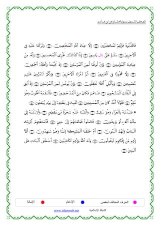  ‫א‬‫א‬‫א‬‫א‬


’Îû Ïµø‹n=tã $oΨø.ts?uρ ∩⊇⊄∇∪ š⎥⎫ÅÁÍ=ø⇐ßϑø9$# «!$# yŠ$t7Ïã ωÎ) ∩⊇⊄∠∪ tβρç|Øósßϑs9 öΝåκ¨ΞÎ*sù çνθç/¤‹s3sù
ô⎯ÏΒ …çµ¯ΡÎ) ∩⊇⊂⊇∪ t⎦⎫ÏΖÅ¡ósßϑø9$# “Ì“øgwΥ šÏ9≡x‹x. $¯ΡÎ) ∩⊇⊂⊃∪ t⎦⎫Å™$tƒ ÈΑ#vv™ #’n?tã íΝ≈n=y™ ∩⊇⊄®∪ t⎦⎪ÌÅzFψ$#
š⎥⎫ÏèuΗødr& ÿ…ã&s#÷δr&uρ çµ≈oΨø‹¯gwΥ øŒÎ) ∩⊇⊂⊂∪ t⎦⎫Î=y™ößϑø9$# z⎯Ïϑ©9 $WÛθä9 ¨βÎ)uρ ∩⊇⊂⊄∪ t⎦⎫ÏΖÏΒ÷σßϑø9$# $tΡÏŠ$t7Ïã
ΝÍκön=tã tβρ”ßϑtFs9 ö/ä3¯ΡÎ)uρ ∩⊇⊂∉∪ t⎦⎪ÌyzFψ$# $tΡö¨ΒyŠ §ΝèO ∩⊇⊂∈∪ t⎦⎪ÎÉ9≈tóø9$# ’Îû #Y—θègx” ωÎ) ∩⊇⊂⊆∪
t,t/r& øŒÎ) ∩⊇⊂®∪ t⎦⎫Î=y™ößϑø9$# z⎯Ïϑs9 }§çΡθãƒ ¨βÎ)uρ ∩⊇⊂∇∪ šχθè=É)÷ès? Ÿξsùr& 3 È≅ø‹©9$$Î/uρ ∩⊇⊂∠∪ t⎦⎫ÅsÎ6óÁ•Β
uθèδuρ ßNθçtø:$# çµyϑs)tGø9$$sù ∩⊇⊆⊇∪ t⎦⎫ÅÒymô‰ßϑø9$# z⎯ÏΒ tβ%s3sù zΝyδ$|¡sù ∩⊇⊆⊃∪ Èβθßsô±yϑø9$# Å7ù=àø9$# ’n<Î)
∩⊇⊆⊆∪ tβθèWyèö7ãƒ ÏΘöθtƒ 4’n<Î) ÿ⎯ÏµÏΖôÜt/ ’Îû y]Î7n=s9 ∩⊇⊆⊂∪ t⎦⎫ÅsÎm7|¡ßϑø9$# z⎯ÏΒ tβ%x. …çµ¯Ρr& Iωöθn=sù ∩⊇⊆⊄∪ ×Λ⎧Î=ãΒ
4’n<Î) çµ≈oΨù=y™ö‘r&uρ ∩⊇⊆∉∪ &⎦⎫ÏÜø)tƒ ⎯ÏiΒ Zοtyfx© Ïµø‹n=tã $uΖ÷Fu;/Ρr&uρ ∩⊇⊆∈∪ ÒΟŠÉ)y™ uθèδuρ Ï™!#tyèø9$$Î/ çµ≈tΡõ‹t6uΖsù *
y7În/tÏ9r& óΟÎγÏFøtGó™$$sù ∩⊇⊆∇∪ &⎦⎫Ïm 4’n<Î) öΝßγ≈oΨ÷è−GuΚsù (#θãΖtΒ$t↔sù ∩⊇⊆∠∪ šχρß‰ƒÌ“tƒ ÷ρr& A#ø9r& Ïπs($ÏΒ
Iωr& ∩⊇∈⊃∪ šχρß‰Îγ≈x© öΝèδuρ $ZW≈tΡÎ) sπx6Í×≈n=yϑø9$# $oΨø)n=yz ÷Πr& ∩⊇⊆®∪ šχθãΖt6ø9$# ÞΟßγs9uρ ßN$uΖt6ø9$#
’n?tã ÏN$oΨt7ø9$# ’s∀sÜô¹r& ∩⊇∈⊄∪ tβθç/É‹≈s3s9 öΝåκ¨ΞÎ)uρ ª!$# y‰s9uρ ∩⊇∈⊇∪ šχθä9θà)u‹s9 öΝÎγÅ3øùÎ) ô⎯ÏiΒ Νåκ¨ΞÎ)
∩⊇∈⊂∪ t⎦⎫ÏΖt6ø9$#

‫اﻹﻣﺎﻟﺔ‬

‫اﻹدﻏﺎم‬
www.islamweb.net

‫اﻟﺤﺮف اﻟﻤﺨﺎﻟﻒ ﻟﺤﻔﺺ‬
‫ﺍﻟﺸﺒﻜﺔ ﺍﻹﺴﻼﻤﻴﺔ‬

 