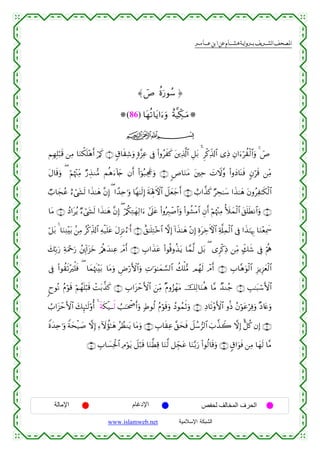  ‫א‬‫א‬‫א‬‫א‬



≈ üÉ äοu‘θß™ …
(86) $tγè?$tƒ#u™uρ îπ©ŠeÅ3⊗uuΒ
ijk
ΝÎγÎ=ö7s% ⎯ÏΒ $uΖõ3n=÷δr& ö/x. ∩⊇∪ 5−$s)Ï©uρ ;ο¨“Ïã ’Îû (#ρãxx. t⎦⎪Ï%©!$# È≅t/ # Ìø.Ïe%!$# “ÏŒ Éβ#u™öà)ø9$#uρ 4 üÉ
tΑ$s%uρ ( öΝåκ÷]ÏiΒ Ö‘É‹Ζ•Β Μèδu™!%y` βr& (#þθç6Ågx”uρ ∩⊄∪ <É$uΖΒ t⎦⎫Ïm |NŸω¨ρ (#ρyŠ$oΨsù 5βös% ⎯ÏiΒ
t
Ò>$yfãã í™ó©´s9 #x‹≈yδ ¨βÎ) ( #´‰Ïn≡uρ $Yγ≈s9Î) sπoλÎ;Fψ$# Ÿ≅yèy_r& ∩⊂∪ ë>#¤‹x. ÖÅs≈y™ #x‹≈yδ tβρãÏ≈s3ø9$#
y
$tΒ ∩∈∪ ßŠ#tãƒ Ö™ó©y´s9 #x‹≈yδ ¨βÎ) ( ö/ä3ÏGyγÏ9#u™ #’n?tã (#ρçÉ9ô¹$#uρ (#θà±øΒ$# Èβr& öΝåκ÷]ÏΒ _|yϑø9$# t,n=sÜΡ$#uρ ∩⊆∪
ö≅t/ 4 $uΖÏΨ÷t/ .⎯ÏΒ ãø.Ïe%!$# Ïµø‹n=tã tΑÌ“Ρâ™≡r& ∩∉∪ î,≈n=ÏG÷z$# ωÎ) !#x‹≈yδ ÷βÎ) ÍοtÅzFψ$# Ï'©#Ïϑø9$# ’Îû #x‹≈pκÍ5 $uΖ÷èÏÿxœ
y7În/u‘ ÏπuΗ÷qu‘ ß⎦É⎩!#t“yz ó/èφy‰ΨÏã ôΘ& ∩∠∪ É>#x‹tã (#θè%ρä‹tƒ $£ϑ©9 ≅t/ ( “Ìø.ÏŒ ⎯ÏiΒ 7e7x© ’Îû öΛèε
r
’Îû (#θà)s?÷zù=sù ( $yϑåκs]÷t/ $tΒuρ ÇÚö‘F{$#uρ ÏN≡uθ≈yϑ¡¡9$# à7ù=•Β Οßγs9 ôΘr& ∩∇∪ É>$¨δuθø9$# Í“ƒÍ“yèø9$#
8yθçΡ ãΠöθs% öΝßγn=ö6s% ôMt/¤‹x. ∩⊇⊃∪ É>#t“ômF{$# z⎯ÏiΒ ×Πρâ“ôγtΒ šÏ9$uΖèδ $¨Β Ó‰Ζã_ ∩®∪ É=≈t6ó™F{$#
Ü>#t“ômF{$# y7Í×≈s9'ρé& 4 sπs3ø‹⊗⊗r9 Ü=≈ptõ¾r&ρ 7Þθä9 ãΠöθs%uρ ßŠθßϑrOuρ ∩⊇⊇∪ ÏŠ$s?÷ρF{$# ρèŒ ãβöθtãöÏùuρ ×Š%tæuρ
u
Zοy‰Ïn≡uρ Zπysø‹|¹ ωÎ) Ï™Iωàσ≈yδ ãÝàΖtƒ $tΒuρ ∩⊇⊂∪ É>$s)Ïã ¨,yssù Ÿ≅ß™”9$# z>¤‹Ÿ2 ωÎ) <≅ä. βÎ) ∩⊇⊄∪
∩⊇∈∪ É>$|¡Ïtø:$# ÏΘöθtƒ Ÿ≅ö7s% $uΖ©ÜÏ% $uΖ©9 ≅Édftã $uΖ−/u‘ (#θä9$s%uρ ∩⊇⊆∪ 5−#uθù ⎯ÏΒ $yγs9 $¨Β
s

‫اﻹﻣﺎﻟﺔ‬

‫اﻹدﻏﺎم‬
www.islamweb.net

‫اﻟﺤﺮف اﻟﻤﺨﺎﻟﻒ ﻟﺤﻔﺺ‬
‫ﺍﻟﺸﺒﻜﺔ ﺍﻹﺴﻼﻤﻴﺔ‬

 