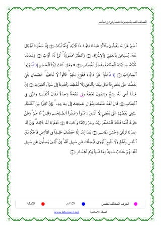  ‫א‬‫א‬‫א‬‫א‬


tΑ$t7Ågø:$# $tΡö¤‚y™ $¯ΡÎ) ∩⊇∉∪ ë>#¨ρr& ÿ…çµ¯ΡÎ) ( Ï‰÷ƒF{$# #sŒ yŠ…ãρ#yŠ $tΡy‰ö7tã öä.øŒ$#uρ tβθä9θà)tƒ $tΒ 4’n?tã ÷É9ô¹$#
$tΡ÷Šy‰x©uρ ∩⊇∇∪ Ò>#¨ρr& ÿ…ã&©! @≅ä. ( Zοu‘θà±øtxΧ uö©Ü9$#uρ ∩⊇∠∪ É−#uõ°M}$#uρ Äc©Å´yèø9$$Î/ z⎯ósÎm7|¡ç„ …çµyètΒ
(#ρâ‘§θ|¡¯? ŒÎ) ÄΝóÁy‚ø9$# (#àσt7tΡ y79s?r& ö≅yδuρ * ∩⊇®∪ É>$sÜÏƒø:$# Ÿ≅óÁsùuρ sπyϑõ3Åsø9$# çµ≈oΨ÷s?#u™uρ …çµs3ù=ãΒ
4©xöt/ Èβ$yϑóÁyz ( ô#y‚s? Ÿω (#θä9$s% ( öΝåκ÷]ÏΒ tíÌ“xsù yŠ…ãρ#yŠ 4’n?tã (#θè=yz¨Š ŒÎ) ∩⊄⊃∪ z>#tósÏϑø9$#
¨βÎ) ∩⊄⊇∪ ÅÞ≡uÅ_Ç9$# Ï™!#uθy™ 4’n<Î) !$tΡÏ‰÷δ$#uρ ñÝÏÜô±è@ Ÿωuρ Èd,ysø9$$Î/ $uΖoΨ÷t/ /ä3÷n$$sù <Ù÷èt/ 4’n?tã $uΖàÒ÷èt/
’Îû ’ÎΤ¨“tãuρ $pκÏΨù=Ïø.r& Α$s)sù ×οy‰Ïn≡uρ ×πyf÷ètΡ ’Í<uρ Zπyf÷ètΡ tβθãèó¡Î@uρ Óìó¡Î@ …çµs9 ©År& !#x‹≈yδ
t
Ï™!$sÜn=èƒø:$# z⎯ÏiΒ #ZÏVx. ¨βÎ)uρ ( ⎯ÏµÅ_$yèÏΡ 4’n<Î) y7ÏGyf÷ètΡ ÉΑ#xσÝ¡Î0 y7yϑn=sß ô‰s)s9 tΑ$s% ∩⊄⊄∪ É>$sÜÏƒø:$#
£⎯sßuρ 3 öΝèδ $¨Β ×≅‹Î=s%uρ ÏM≈ysÎ=≈¢Á9$# (#θè=Ïϑtãuρ (#θãΖtΒ#u™ t⎦⎪Ï%©!$# ωÎ) CÙ÷èt/ 4’n?tã öΝåκÝÕ÷èt/ ‘Éóö6u‹s9
…ã&s! ¨βÎ)uρ ( y7Ï9≡sŒ …çµs9 $tΡöxtósù ∩⊄⊂∪ ) z>$tΡr&uρ $YèÏ.#u‘ §yzuρ …çµ−/u‘ txøótGó™$$sù çµ≈¨ΨtGsù $yϑ¯Ρr& ßŠ…ãρ#yŠ
t⎦÷⎫t/ Λäl÷n$sù ÇÚö‘F{$# ’Îû Zπx‹Î=yz y7≈oΨù=yèy_ $¯ΡÎ) ßŠ…ãρ#y‰≈tƒ ∩⊄⊆∪ 7U$t↔tΒ z⎯ó¡ãmuρ 4’s∀ø9â“s9 $tΡy‰ΖÏã
$
È≅‹Î6y™ ⎯tã tβθ=ÅÒtƒ t⎦⎪Ï%©!$# ¨βÎ) 4 «!$# È≅‹Î6y™ ⎯tã y7¯=ÅÒãŠsù 3“uθyγø9$# ÆìÎ7®Ks? Ÿωuρ Èd,ptø:$$Î/ Ä¨$¨Ζ9$#
∩⊄∈∪ É>$|¡Ïtø:$# Πöθtƒ (#θÝ¡nΣ $yϑÎ/ 7‰ƒÏ‰x© Ò>#x‹tã öΝßγs9 «!$#
t

‫اﻹﻣﺎﻟﺔ‬

‫اﻹدﻏﺎم‬
www.islamweb.net

‫اﻟﺤﺮف اﻟﻤﺨﺎﻟﻒ ﻟﺤﻔﺺ‬
‫ﺍﻟﺸﺒﻜﺔ ﺍﻹﺴﻼﻤﻴﺔ‬

 