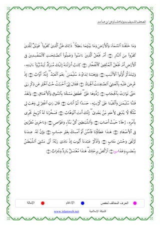  ‫א‬‫א‬‫א‬‫א‬


t⎦⎪Ï%©#Ïj9 ×≅÷ƒuθsù 4 (#ρãxx. t⎦⎪Ï%©!$# ⎯sß y7Ï9≡sŒ 4 WξÏÜ≈t/ $yϑåκs]÷t/ $tΒuρ uÚö‘F{$#uρ u™!$yϑ¡¡9$# $uΖø)n=yz $tΒuρ
’Îû t⎦⎪Ï‰Å¡øßϑø9$%x. ÏM≈ysÎ=≈¢Á9$# (#θè=Ïϑtãuρ (#θãΖtΒ#u™ t⎦⎪Ï%©!$# ã≅yèøgwΥ ôΘr& ∩⊄∉∪ Í‘$¨Ζ9$# z⎯ÏΒ (#ρãxx.
⎯ÏµÏG≈tƒ#u™ (#ÿρã−/£‰u‹Ïj9 Ô8t≈t6ãΒ y7ø‹s9Î) çµ≈oΨø9t“Ρr& ë=≈tGÏ. ∩⊄∠∪ Í‘$¤fàø9$%x. t⎦⎫É)−Gßϑø9$# ã≅yèøgwΥ ôΘr& ÇÚö‘F{$#
øŒÎ) ∩⊄®∪ ë>#¨ρr& ÿ…çµ¯ΡÎ) ( ß‰ö7yèø9$# zΝ÷èÏΡ 4 z⎯≈yϑøŠn=ß™ yŠ…ãρ#y‰Ï9 $uΖö7yδuρuρ ∩⊄∇∪ É=≈t6ø9F{$# (#θä9'ρé& t©.x‹tFuŠÏ9uρ
’În1u‘ Ìø.ÏŒ ⎯tã Îösƒø:$# ¡=ãm àMö6t7ômr& þ’ÎoΤÎ) tΑ$s)sù ∩⊂⊃∪ ßŠ$u‹Ågø:$# àM≈uΖÏ≈¢Á9$# Äc©Å´yèø9$$Î/ Ïµø‹n=tã uÚÌãã
ô‰s)s9uρ ∩⊂⊄∪ É−$uΖôãF{$#uρ É−θ¡9$$Î/ $Gsó¡tΒ t,ÏsÜsù ( ¥’n?tã $yδρ–Šâ‘ ∩⊂⊇∪ É>$yfÏtø:$$Î/ ôNu‘#uθs? 4©®Lym
’Í< ó=yδuρ ’Í< öÏøî$# Éb>u‘ tΑ$s% ∩⊂⊂∪ z>$tΡr& §ΝèO #Y‰|¡y_ ⎯ÏµÍh‹Å™öä. 4’n?tã $uΖøŠs)ø9r&uρ z⎯≈yϑø‹n=ß™ $¨ΖtFsù
“ÌøgrB yxƒÌh9$# çµs9 $tΡö¤‚|¡sù ∩⊂⊆∪ Ü>$¨δuθø9$# |MΡr& y7¨ΡÎ) ( ü“Ï‰÷èt/ .⎯ÏiΒ 7‰tnL{ ©Èöt7.⊥tƒ ω %Z3ù=ãΒ
t⎦⎫ÏΡ§s)ãΒ t⎦⎪Ìyz#u™uρ ∩⊂∉∪ É#§θxîuρ &™!$¨Ζt/ ¨≅ä. t⎦⎫ÏÜ≈u‹¤±9$#uρ ∩⊂∈∪ z>$|¹r& ß]ø‹ym ¹™!%s{â‘ ⎯ÍνÌøΒr'Î/
<
$tΡy‰ΖÏã …çµs9 ¨βÎ)uρ ∩⊂∇∪ 5>$|¡Ïm ÎötóÎ/ ô7Å¡øΒr& ÷ρr& ô⎯ãΨøΒ$$sù $tΡäτ!$sÜtã #x‹≈yδ ∩⊂∠∪ ÏŠ$xô¹F{$# ’Îû
ß⎯≈sÜø‹¤±9$# z©Í_¡¡tΒ ’ÎoΤr& ÿ…çµ−/u‘ 3“yŠ$tΡ øŒÎ) z>θ•ƒr& !$tΡy‰ö7tã öä.øŒ$#uρ ∩⊂®∪ >$t↔tΒ z⎯ó¡ãmuρ 4’s∀ø9â“s9
5
∩⊆⊇∪ >#uŸ°uρ ×ŠÍ‘$t/ 7≅|¡tFøóãΒ #x‹≈yδ ( y7Î=ô_ÌÎ/ ôÙä.ö‘$# ∩⊆⊃∪ B>#x‹tãuρ 5=óÁãΖÎ/
Ò

‫اﻹﻣﺎﻟﺔ‬

‫اﻹدﻏﺎم‬
www.islamweb.net

‫اﻟﺤﺮف اﻟﻤﺨﺎﻟﻒ ﻟﺤﻔﺺ‬
‫ﺍﻟﺸﺒﻜﺔ ﺍﻹﺴﻼﻤﻴﺔ‬

 