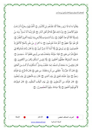  ‫א‬‫א‬‫א‬‫א‬


ôMxî#y— ÷Πr& $‡ƒÌ÷‚Å™ öΝßγ≈tΡõ‹sƒªBr& ∩∉⊇∪ Í‘#uõ°F{$# z⎯ÏiΒ Μèδ‘‰ãètΡ $¨Ζä. Zω%y`Í‘ 3“ttΡ Ÿω $uΖs9 $tΒ (#θä9$s%uρ
ô⎯ÏΒ $tΒuρ ( Ö‘É‹ΖãΒ O$tΡr& !$yϑ¯ΡÎ) ö≅è% ∩∉⊂∪ Í‘$¨Ζ9$# È≅÷δr& ãΛà¼$sƒrB A,ptm: y7Ï9≡sŒ ¨βÎ) ∩∉⊄∪ ã≈|Áö/F{$# ãΝåκ÷]tã
∩∉∈∪ ã≈¤tóø9$# â“ƒÍ“yè9$# $yϑåκs]÷t/ $tΒuρ ÇÚö‘F{$#uρ ÏN≡uθ≈yϑ¡¡9$# >u‘ ∩∉⊆∪ â‘$£γs)ø9$# ß‰Ïn≡uθø9$# ª!$# ωÎ) >µ≈s9Î)
ø
øŒÎ) #’n?ôãF{$# Z∼yϑø9$$Î/ ¥Οù=Ïæ ô⎯ÏΒ ’Í< tβ%x. $tΒ ∩∉∠∪ tβθàÊÌ÷èãΒ çµ÷Ζtã ÷Λä⎢Ρr& ∩∉∉∪ îΛ⎧Ïàtã (#îσt7tΡ uθèδ ö≅è%
’ÎoΤÎ) Ïπs3Í×≈n=yϑù=Ï9 y7•/u‘ tΑ$s% øŒÎ) ∩∉®∪ î⎦⎫Î7•Β ÖƒÉ‹tΡ O$tΡr& !$yϑ¯Ρr& HωÎ) ¥’n<Î) #©yrθãƒ βÎ) ∩∉∇∪ tβθßϑÅÁtGøƒs†
∩∠⊇∪ t⎦⎪Ï‰Éf≈y™ …çµs9 (#θãès)sù ©Çrρ•‘ ⎯ÏΒ ÏµŠÏù àM÷‚xtΡuρ …çµçG÷ƒ§θy™ #sŒÎ*sù ∩∠⊃∪ &⎦⎫ÏÛ ⎯ÏiΒ #Z|³o0 7,Î=≈yz
∩∠⊂∪ t⎦⎪ÍÏ≈s3ø9$# z⎯ÏΒ tβ%x.uρ uy9õ3tFó™$# }§ŠÎ=ö/Î) HωÎ) ∩∠⊄∪ tβθãèuΗødr& öΝßγ=à2 èπs3Í×≈n=yϑø9$# y‰yf|¡sù
t⎦,Î!$yèø9$# z⎯ÏΒ |MΖä. ÷Πr& |N÷y9õ3tGó™r& ( £“y‰u‹Î/ àMø)n=yz $yϑÏ9 y‰àfó¡n@ βr& y7yèuΖtΒ $tΒ ß§ŠÎ=ö/Î*≈tƒ tΑ$s%
y7¯ΡÎ*sù $pκ÷]ÏΒ ólã÷z$$sù tΑ$s% ∩∠∈∪ &⎦⎫ÏÛ ⎯ÏΒ …çµtGø)n=yzuρ 9‘$¯Ρ ⎯ÏΒ ©Í_tFø)n=yz ( çµ÷ΖÏiΒ ×öyz O$tΡr& tΑ$s% ∩∠⊆∪
tβθèWyèö7ãƒ ÏΘöθtƒ 4’n<Î) þ’ÎΤöÏàΡr'sù Éb>u‘ tΑ$s% ∩∠∠∪ È⎦⎪Ïd‰9$# ÏΘöθtƒ 4’n<Î) û©ÉLuΖ÷ès9 y7ø‹n=tã ¨βÎ)uρ ∩∠∉∪ ×Λ⎧Å_u‘
y7Ï?¨“ÏèÎ6sù tΑ$s% ∩∇⊃∪ ÏΘθè=÷èyϑø9$# ÏMø%uθø9$# ÏΘöθtƒ 4’n<Î) ∩∠®∪ t⎦⎪ÌsàΖßϑø9$# z⎯ÏΒ y7¯ΡÎ*sù tΑ$s% ∩∠∇∪
∩∇⊄∪ š⎥⎫ÅÁÍ=ø⇐ßϑø9$# ãΝßγ÷ΨÏΒ x8yŠ$t7Ïã ωÎ) ∩∇⊇∪ t⎦⎫ÏèuΗødr& öΝßγ¨ΖtƒÈθøî_{

‫اﻹﻣﺎﻟﺔ‬

‫اﻹدﻏﺎم‬
www.islamweb.net

‫اﻟﺤﺮف اﻟﻤﺨﺎﻟﻒ ﻟﺤﻔﺺ‬
‫ﺍﻟﺸﺒﻜﺔ ﺍﻹﺴﻼﻤﻴﺔ‬

 