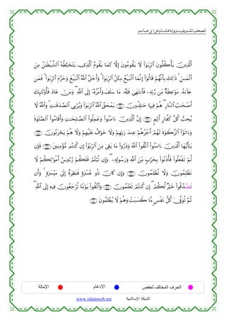  ‫א‬‫א‬‫א‬‫א‬


z⎯ÏΒ ß⎯≈sÜø‹¤±9$# çµäÜ¬6y‚tFtƒ ”Ï%©!$# ãΠθà)tƒ $yϑx. ωÎ) tβθãΒθà)tƒ Ÿω (#4θt/Ìh9$# tβθè=à2ù'tƒ š⎥⎪Ï%©!$#
⎯yϑsù 4 (#4θt/Ìh9$# tΠ§ymuρ yìø‹t7ø9$# ª!$# ¨≅ymr&uρ 3 (#4θt/Ìh9$# ã≅÷WÏΒ ßìø‹t7ø9$# $yϑ¯ΡÎ) (#þθä9$s% öΝßγ¯Ρr'Î/ y7Ï9≡sŒ 4 Äb§yϑø9$#
y7Í×≈s9'ρé'sù yŠ$tã ï∅tΒuρ ( «!$# ’n<Î) ÿ…çνãøΒr&uρ y#n=y™ $tΒ …ã&s#sù 4‘yγtFΡ$$sù ⎯ÏµÎn/§‘ ⎯ÏiΒ ×πsàÏãöθtΒ …çνu™!%y`
Ÿω ª!$#uρ 3 ÏM≈s%y‰¢Á9$# ‘Î/öãƒuρ (#4θt/Ìh9$# ª!$# ß,ysôϑtƒ ∩⊄∠⊆∪ šχρà$Î#≈yz $pκÏù öΝèδ ( Í‘$¨Ζ9$# Ü=≈ysô¹r&
nο4θn=¢Á9$# (#θãΒ$s%r&uρ ÏM≈ysÎ=≈¢Á9$# (#θè=Ïϑtãuρ (#θãΖtΒ#u™ š⎥⎪Ï%©!$# ¨βÎ) ∩⊄∠∈∪ ?Λ⎧ÏOr& A‘$¤x. ¨≅ä. =Åsãƒ
∩⊄∠∉∪ šχθçΡt“óstƒ öΝèδ Ÿωuρ öΝÎγøŠn=tæ ì∃öθyz Ÿωuρ öΝÎγÎn/u‘ y‰ΖÏã öΝèδãô_r& óΟßγs9 nο4θŸ2¨“9$# (#âθs?#u™uρ
βÎ*sù ∩⊄∠∠∪ t⎦⎫ÏΖÏΒ÷σ•Β ΟçFΖä. βÎ) (##θt/Ìh9$# z⎯ÏΒ u’Å+t/ $tΒ (#ρâ‘sŒuρ ©!$# (#θà)®?$# (#θãΖtΒ#u™ š⎥⎪Ï%©!$# $yγ•ƒr'≈tƒ
Ÿω öΝà6Ï9≡uθøΒr& â¨ρâ™â‘ öΝà6n=sù óΟçFö6è? βÎ)uρ ( ⎯Ï&Î!θß™u‘uρ «!$# z⎯ÏiΒ >öysÎ/ (#θçΡsŒù'sù (#θè=yèøs? öΝ©9
5
βr&uρ 4 ;οuy£÷tΒ 4’n<Î) îοtÏàoΨsù ;οuô£ãã ρèŒ šχ%x. βÎ)uρ ∩⊄∠∇∪ šχθßϑn=ôàè? Ÿωuρ šχθßϑÎ=ôàs?
( «!$# ’n<Î) ÏµŠÏù šχθãèy_öè? $YΒöθtƒ (#θà)¨?$#uρ ∩⊄∠®∪ šχθßϑn=÷ès? óΟçFΖä. βÎ) ( óΟà6©9 ×öyz (#θè%£‰£Ás?
∩⊄∇⊃∪ tβθãΚn=ôàãƒ Ÿω öΝèδuρ ôMt6|¡Ÿ2 $¨Β <§øtΡ ‘≅ä. 4†¯ûuθè? §ΝèO

‫اﻹﻣﺎﻟﺔ‬

‫اﻹدﻏﺎم‬
www.islamweb.net

‫اﻟﺤﺮف اﻟﻤﺨﺎﻟﻒ ﻟﺤﻔﺺ‬
‫ﺍﻟﺸﺒﻜﺔ ﺍﻹﺴﻼﻤﻴﺔ‬

 