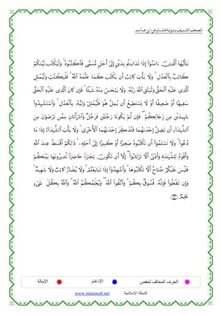  ‫א‬‫א‬‫א‬‫א‬


öΝä3uΖ÷−/ =çGõ3u‹ø9uρ 4 çνθç7çFò2$$sù ‘wΚ|¡•Β 9≅y_r& #’n<Î) A⎦ø⎪y‰Î/ Λä⎢Ζtƒ#y‰s? #sŒÎ) (#þθãΖtΒ#u™ š⎥⎪Ï%©!$# $yγ•ƒr'≈tƒ
È≅Î=ôϑãŠø9uρ ó=çGò6u‹ù=sù 4 ª!$# çµyϑ¯=tã $yϑŸ2 |=çFõ3tƒ βr& ë=Ï?%x. z>ù'tƒ Ÿωuρ 4 ÉΑô‰yèø9$$Î/ 7=Ï?$Ÿ2
‘,ysø9$# Ïµø‹n=tã “Ï%©!$# tβ%x. βÎ*sù 4 $↔ø‹x© çµ÷ΖÏΒ ó§y‚ö7tƒ Ÿωuρ …çµ−/u‘ ©!$# È,−Gu‹ø9uρ ‘,ysø9$# Ïµø‹n=tã “Ï%©!$#
(#ρß‰Îηô±tFó™$#uρ 4 ÉΑô‰yèø9$$Î/ …çµ•‹Ï9uρ ö≅Î=ôϑãŠù=sù uθèδ ¨≅Ïϑãƒ βr& ßì‹ÏÜtGó¡o„ Ÿω ÷ρr& $¸‹Ïè|Ê ÷ρr& $·γŠÏy™
z⎯ÏΒ tβöθ|Êös? ⎯£ϑÏΒ Èβ$s?r&zö∆$#uρ ×≅ã_tsù È⎦÷⎫n=ã_u‘ $tΡθä3tƒ öΝ©9 βÎ*sù ( öΝà6Ï9%y`Íh‘ ⎯ÏΒ È⎦ø⎪y‰‹Íκy−
$tΒ #sŒÎ) â™!#y‰pκ’¶9$# z>ù'tƒ Ÿωuρ 4 3“t÷zW{$# $yϑßγ1y‰÷nÎ) tÅe2x‹çFsù $yϑßγ1y‰÷nÎ) ¨≅ÅÒs? βr& Ï™!#y‰pκ’¶9$#
«!$# y‰ΖÏã äÝ|¡ø%r& öΝä3Ï9≡sŒ 4 ⎯Ï&Î#y_r& #’n<Î) #·Î7Ÿ2 ÷ρr& #·Éó|¹ çνθç7çFõ3s? βr& (#þθßϑt↔ó¡s? Ÿωuρ 4 (#θããßŠ
öΝà6oΨ÷t/ $yγtΡρãƒÏ‰è? ×οuÅÑ%tn îοu≈yfÏ? šχθä3s? βr& HωÎ) ( (#þθç/$s?ös? ωr& #’oΤ÷Šr&uρ Íοy‰≈pκ¤¶=Ï9 ãΠuθø%r&uρ
4 Ó‰‹Îγx© Ÿωuρ Ò=Ï?%x. §‘!$ŸÒãƒ Ÿωuρ 4 óΟçF÷ètƒ$t6s? #sŒÎ) (#ÿρß‰Îγô©r&uρ 3 $yδθç7çFõ3s? ωr& îy$uΖã_ ö/ä3ø‹n=tæ }§øŠn=sù
>™ó©x« Èe≅à6Î/ ª!$#uρ 3 ª!$# ãΝà6ßϑÏk=yèãƒuρ ( ©!$# (#θà)¨?$#uρ 3 öΝà6Î/ 8−θÝ¡èù …çµ¯ΡÎ*sù (#θè=yèøs? βÎ)uρ
∩⊄∇⊇∪ ÒΟŠÎ=tæ

‫اﻹﻣﺎﻟﺔ‬

‫اﻹدﻏﺎم‬
www.islamweb.net

‫اﻟﺤﺮف اﻟﻤﺨﺎﻟﻒ ﻟﺤﻔﺺ‬
‫ﺍﻟﺸﺒﻜﺔ ﺍﻹﺴﻼﻤﻴﺔ‬

 