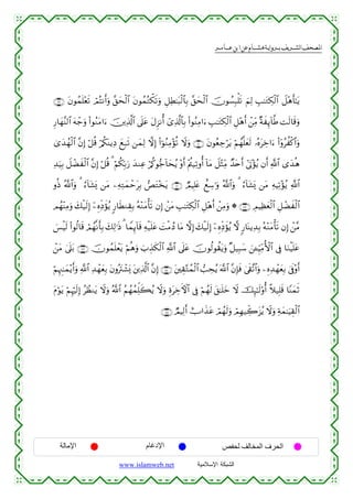  ‫א‬‫א‬‫א‬‫א‬


∩∉®∪ tβθßϑn=÷ès? óΟçFΡr&uρ ¨,ysø9$# tβθßϑçGõ3s?uρ È≅ÏÜ≈t6ø9$$Î/ ¨,ysø9$# šχθÝ¡Î6ù=s? zΝÏ9 É=≈tGÅ3ø9$# Ÿ≅÷δr'≈tƒ
Í‘$yγ¨Ψ9$# tµô_uρ (#θãΖtΒ#u™ š⎥⎪Ï%©!$# ’n?tã tΑÌ“Ρé& ü“Ï%©!$$Î/ (#θãΖÏΒ#u™ É=≈tGÅ3ø9$# È≅÷δr& ô⎯ÏiΒ ×πxÍ←!$©Û Ms9$s%uρ
3“y‰ßγø9$# ¨βÎ) ö≅% ö/ä3oΨƒÏŠ yìÎ7s? ⎯yϑÏ9 ωÎ) (#þθãΖÏΒ÷σè? Ÿωuρ ∩∠⊃∪ tβθãèÅ_ötƒ öΝßγ¯=yès9 …çνtÅz#u™ (#ÿρãàø.$#uρ
è
Ï‰uŠÎ/ Ÿ≅ôÒxø9$# ¨βÎ) ö≅è% 3 öΝä3În/u‘ y‰ΖÏã ö/ä.θ•_!$ysãƒ ÷ρr& ÷Λä⎢‹Ï?ρé& !$tΒ Ÿ≅÷WÏiΒ Ó‰tnr& #’tA÷σãƒ βr& «!$# “y‰èδ
ρèŒ ª!$#uρ 3 â™!$t±o„ ⎯tΒ ⎯ÏµÏGyϑômtÎ/ ÈtG÷‚tƒ ∩∠⊇∪ ÒΟŠÎ=tæ ììÅ™≡uρ ª!$#uρ 3 â™!$t±„ ⎯tΒ ÏµŠÏ?÷σãƒ «!$#
o
Οßγ÷ΨÏΒuρ y7ø‹s9Î) ÿ⎯ÍνÏjŠxσãƒ 9‘$sÜΖÉ)Î/ çµ÷ΖtΒù's? βÎ) ô⎯tΒ É=≈tGÅ3ø9$# È≅÷δr& ô⎯ÏΒuρ * ∩∠⊄∪ ÉΟŠÏàyèø9$# È≅ôÒxø9$#
}§øŠs9 (#θä9$s% óΟßγ¯Ρr'Î/ y7Ï9≡sŒ 3 $VϑÍ←!$s% Ïµø‹n=tã |MøΒßŠ $tΒ ωÎ) y7ø‹s9Î) ÿ⎯ÍνÏjŠxσãƒ ω 9‘$oΨƒÏ‰Î/ çµ÷ΖtΒù's? βÎ) ô⎯¨Β
ô⎯tΒ 4’n?t/ ∩∠⊂∪ šχθßϑn=ôètƒ öΝèδuρ z>É‹s3ø9$# «!$# ’n?tã šχθä9θà)tƒuρ ×≅‹Î6y™ z⎯↵ÍhŠÏiΒW{$# ’Îû $uΖøŠn=tã
öΝÍκÈ]≈yϑ÷ƒr&uρ «!$# Ï‰ôγyèÎ/ tβρçtIô±o„ t⎦⎪Ï%©!$# ¨βÎ) ∩∠⊆∪ t⎦⎫É)−Gßϑø9$# =Åsãƒ ©!$# ¨βÎ*sù 4’s+¨?$#uρ ⎯ÍνÏ‰ôγyèÎ/ 4’nû÷ρr&
tΠöθtƒ öΝÍκös9Î) ãÝàΖtƒ Ÿωuρ ª!$# ãΝßγßϑÏk=x6ãƒ Ÿωuρ ÍοtÅzFψ$# ’Îû öΝßγs9 t,≈n=yz Ÿω šÍ×≈s9'ρé& ¸ξ‹Î=s% $YΨyϑrO
∩∠∈∪ ÒΟŠÏ9r& ëU#x‹tã óΟßγs9uρ óΟÎγ‹Åe2t“ãƒ Ÿωuρ Ïπyϑ≈uŠÉ)ø9$#

‫اﻹﻣﺎﻟﺔ‬

‫اﻹدﻏﺎم‬
www.islamweb.net

‫اﻟﺤﺮف اﻟﻤﺨﺎﻟﻒ ﻟﺤﻔﺺ‬
‫ﺍﻟﺸﺒﻜﺔ ﺍﻹﺴﻼﻤﻴﺔ‬

 