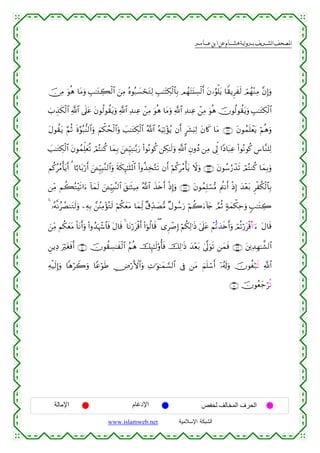  ‫א‬‫א‬‫א‬‫א‬


š∅ÏΒ uθèδ $tΒuρ É=≈tGÅ6ø9$# z⎯ÏΒ çνθç7|¡óstGÏ9 É=≈tFÅ3ø9$$Î/ ΟßγtFt⊥Å¡ø9r& tβ…âθù=tƒ $Z)ƒÌxs9 óΟßγ÷ΖÏΒ ¨βÎ)uρ
z>É‹s3ø9$# «!$# ’n?tã tβθä9θà)tƒuρ «!$# Ï‰ΨÏã ô⎯ÏΒ uθèδ $tΒuρ «!$# Ï‰ΨÏã ô⎯ÏΒ uθèδ šχθä9θà)tƒuρ É=≈tGÅ3ø9$#
tΑθà)tƒ §ΝèO nο§θç7–Ψ9$#uρ zΝõ3ßsø9$#uρ |=≈tGÅ3ø9$# ª!$# çµuŠÏ?÷σãƒ βr& @t±u;Ï9 tβ%x. $tΒ ∩∠∉∪ tβθßϑn=ôètƒ öΝèδuρ
|=≈tGÅ3ø9$# tβθßϑÏk=yèè? óΟçFΖä. $yϑÎ/ z⎯↵ÍhŠÏΨ≈−/u‘ (#θçΡθä. ⎯Å3≈s9uρ «!$# ÈβρßŠ ⎯ÏΒ ’Ík< #YŠ$t6Ïã (#θçΡθä. Ä¨$¨Ζ=Ï9
Νä.ããΒù'tƒr& 3 $¹/$t/ö‘r& z⎯↵Íh‹Î;¨Ζ9$#uρ sπs3Í×≈n=pRùQ$# #ρä‹Ï‚−Gs? βr& öΝä.tãΒù'tƒ Ÿωuρ ∩∠∠∪ tβθß™â‘ô‰s? óΟçFΖä. $yϑÎ/uρ
(
⎯ÏiΒ Νà6çG÷s?#u™ !$yϑs9 z⎯↵ÍhŠÎ;¨Ψ9$# t,≈sW‹ÏΒ ª!$# x‹s{r& øŒÎ)uρ ∩∠∇∪ tβθßϑÎ=ó¡•Β Λä⎢Ρr& øŒÎ) y‰÷èt/ Ìøä3ø9$$Î/
4 …çµ¯ΡãÝÁΨtGs9uρ ⎯ÏµÎ/ £⎯ãΨÏΒ÷σçGs9 öΝä3yètΒ $yϑÏj9 ×−Ïd‰|Á•Β ×Αθß™u‘ öΝà2u™!%y` ¢ΟèO 7πyϑõ3Ïmuρ 5=≈tGÅ2
z⎯ÏiΒ Νä3yètΒ O$tΡr&uρ (#ρß‰pκô−$$sù tΑ$s% 4 $tΡö‘tø%r& (#þθä9$s% ( “Ìô¹Î) öΝä3Ï9≡sŒ 4’n?tã ôΝèi?‹s{r&uρ óΟè?ö‘tø%$Ε#¨u™ tΑ$s%
š
Ç⎯ƒÏŠ uötósùr& ∩∇⊃∪ šχθà)Å¡≈xø9$# ãΝèδ Í×≈s9'ρé'sù šÏ9≡sŒ y‰÷èt/ 4’¯<uθs? ⎯yϑsù ∩∠®∪ t⎦⎪Ï‰Îγ≈¤±9$#
Ïµø‹s9Î)uρ $δöŸ2uρ $YãöθsÛ Ä⇓ö‘F{$#uρ ÏN≡uθ≈yϑ¡¡9$# ’Îû ⎯tΒ zΝn=ó™r& ÿ…ã&s!uρ šχθäóö7s? «!$#
∩∇⊇∪ šχθãèy_öè?

‫اﻹﻣﺎﻟﺔ‬

‫اﻹدﻏﺎم‬
www.islamweb.net

‫اﻟﺤﺮف اﻟﻤﺨﺎﻟﻒ ﻟﺤﻔﺺ‬
‫ﺍﻟﺸﺒﻜﺔ ﺍﻹﺴﻼﻤﻴﺔ‬

 