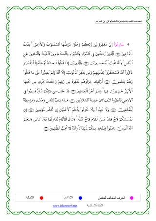  ‫א‬‫א‬‫א‬‫א‬


ôN£‰Ïãé& ÞÚö‘F{$#uρ ßN≡uθ≈yϑ¡¡9$# $yγàÊótã >π¨Ψy_uρ öΝà6În/§‘ ⎯ÏiΒ ;οtÏøótΒ 4’n<Î) (#þθããÍ‘$y™ *
Ç⎯tã t⎦⎫Ïù$yèø9$#uρ xáø‹tóø9$# t⎦⎫ÏϑÏà≈x6ø9$#uρ Ï™!#§œØ9$#uρ Ï™!#§œ£9$# ’Îû tβθà)ÏΖãƒ t⎦⎪Ï%©!$# ∩⊇⊂⊂∪ t⎦⎫É)−Gßϑù=Ï9
öΝæη|¡àΡr& (#þθßϑn=sß ÷ρr& ºπt±Ås≈sù (#θè=yèsù #sŒÎ) š⎥⎪Ï%©!$#uρ ∩⊇⊂⊆∪ š⎥⎫ÏΖÅ¡ósßϑø9$# =Ïtä† ª!$#uρ 3 Ä¨$¨Ψ9$#
(#θè=yèsù $tΒ 4’n?tã (#ρ•ÅÇãƒ öΝs9uρ ª!$# ωÎ) šUθçΡ—%!$# ãÏøótƒ ⎯tΒuρ öΝÎγÎ/θçΡä‹Ï9 (#ρãxøótGó™$$sù ©!$# (#ρãx.sŒ
$yγÏFøtrB ⎯ÏΒ “ÌøgrB ×M≈¨Ψy_uρ öΝÎγÎn/§‘ ⎯ÏiΒ ×οtÏøó¨Β Νèδäτ!#t“y_ y7Í×≈s9'ρé& ∩⊇⊂∈∪ šχθßϑn=ôètƒ öΝèδuρ
’Îû (#ρçÅ¡sù ×⎦s⎞ß™ öΝä3Î=ö6s% ⎯ÏΒ ôMn=yz ô‰s% ∩⊇⊂∉∪ t⎦,Î#Ïϑ≈yèø9$# ãô_r& zΝ÷èÏΡuρ 4 $pκÏù š⎥⎪Ï$Î#≈yz ã≈pκ÷ΞF{$#
×πsàÏãöθtΒuρ “Y‰èδuρ Ä¨$¨Ψ=Ïj9 ×β$u‹t/ #x‹≈yδ ∩⊇⊂∠∪ t⎦⎫Î/Éj‹s3ßϑø9$# èπt6É)≈tã tβ%x. y#ø‹x. (#ρãÝàΡ$$sù ÇÚö‘F{$#
βÎ) ∩⊇⊂®∪ t⎦⎫ÏΖÏΒ÷σ•Β ΟçGΨä. βÎ) tβöθn=ôãF{$# ãΝçFΡr&uρ (#θçΡt“øtrB Ÿωuρ (#θãΖÎγs? Ÿωuρ ∩⊇⊂∇∪ š⎥⎫É)−Gßϑù=Ïj9
zΝn=èu‹Ï9uρ Ä¨$¨Ψ9$# t⎦÷⎫t/ $yγä9Íρ#y‰çΡ ãΠ$−ƒF{$# y7ù=Ï?uρ 4 …ã&é#÷VÏiΒ Óyös% tΠöθs)ø9$# ¡§tΒ ô‰s)sù Óyös% öΝä3ó¡|¡ôϑtƒ
÷
∩⊇⊆⊃∪ t⎦⎫ÉΚÎ=≈©à9$# =Ïtä† Ÿω ª!$#uρ 3 u™!#y‰pκà− öΝä3ΖÏΒ x‹Ï‚−Gtƒuρ (#θãΖtΒ#u™ š⎥⎪Ï%©!$# ª!$#

‫اﻹﻣﺎﻟﺔ‬

‫اﻹدﻏﺎم‬
www.islamweb.net

‫اﻟﺤﺮف اﻟﻤﺨﺎﻟﻒ ﻟﺤﻔﺺ‬
‫ﺍﻟﺸﺒﻜﺔ ﺍﻹﺴﻼﻤﻴﺔ‬

 