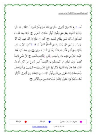  ‫א‬‫א‬‫א‬‫א‬


(#θä9$s% $tΒ Ü=çGõ3oΨy™ ¢ â™!$u‹ÏΖøîr& ß⎯øtwΥuρ ×É)sù ©!$# ¨βÎ) (#þθä9$s% š⎥⎪Ï%©!$# tΑöθs% ª!$# yìÏϑcy™ ‰ss)©9
ôMtΒ£‰s% $yϑÎ/ y7Ï9≡sŒ ∩⊇∇⊇∪ È,ƒÍy⇔ø9$# šU#x‹tã (#θè%ρèŒ ãΑθà)tΡuρ 9d,ym ÎötóÎ/ u™!$uŠÎ;/ΡF{$# ãΝßγn=÷Fs%uρ
ωr& !$uΖøŠs9Î) y‰Îγtã ©!$# ¨βÎ) (#þθä9$s% š⎥⎪Ï%©!$# ∩⊇∇⊄∪ Ï‰‹Î7yèù=Ïj9 5ΘξsàÎ/ }§øŠs9 ©!$# ¨βr&uρ öΝä3ƒÏ‰÷ƒr&
‘Î=ö7s% ⎯ÏiΒ ×≅ß™â‘ öΝä.u™!%£_ ‰s% ö≅è% 3 â‘$¨Ψ9$# ã&é#à2ù's? 5β$t/öà)Î/ $oΨtÏ?ù'tƒ 4©®Lym @Αθß™tÏ9 š∅ÏΒ÷σΡ
ç
ô‰s)sù x8θç/¤‹Ÿ2 βÎ*sù ∩⊇∇⊂∪ t⎦⎫Ï%Ï‰≈|¹ óΟçGΨä. βÎ) öΝèδθßϑçFù=tFs% zΟÎ=sù óΟçFù=è% “Ï%©!$$Î/uρ ÏM≈oΨÉit6ø9$$Î/
èπs)Í←!#sŒ <§øtΡ ‘≅ä. ∩⊇∇⊆∪ ÎÏΨßϑø9$# É=≈tGÅ3ø9$$Î/uρ Ìç/–“9$$Î/yρ ÏM≈oΨÉit6ø9$$Î/ ρâ™!%y` y7Î=ö7s% ⎯ÏiΒ ×≅ß™â‘ z>Éj‹ä.
Ÿ≅Åz÷Šé&uρ Í‘$¨Ψ9$# Ç⎯tã yyÌ“ômã— ⎯yϑsù ( Ïπyϑ≈uŠÉ)ø9$# tΠöθtƒ öΝà2u‘θã_é& šχöθ©ùuθè? $yϑ¯ΡÎ)uρ 3 ÏNöθpRùQ$#
öΝà6Ï9≡uθøΒr& þ’Îû χâθn=ö7çFs9 * ∩⊇∇∈∪ Í‘ρãäóø9$# ì≈tFtΒ ωÎ) !$u‹÷Ρ‘$!$# äο4θuŠy⇔ø9$# $tΒuρ 3 y—$sù ô‰s)sù sπ¨Ψyfø9$#
ß
(#þθä.uõ°r& š⎥⎪Ï%©!$# z⎯ÏΒuρ öΝà6Î=ö6s% ⎯ÏΒ |=≈tGÅ3ø9$# (#θè?ρé& z⎯ƒÏ%©!$# z⎯ÏΒ  ∅ãèyϑó¡tFs9uρ öΝà6Å¡àΡr&uρ
∩⊇∇∉∪ Í‘θãΒW{$# ÏΘ÷“tã ô⎯ÏΒ šÏ9≡sŒ ¨βÎ*sù (#θà)−Gs?uρ (#ρçÉ9óÁs? βÎ)uρ 4 #ZÏWx. ”]Œr&

‫اﻹﻣﺎﻟﺔ‬

‫اﻹدﻏﺎم‬
www.islamweb.net

‫اﻟﺤﺮف اﻟﻤﺨﺎﻟﻒ ﻟﺤﻔﺺ‬
‫ﺍﻟﺸﺒﻜﺔ ﺍﻹﺴﻼﻤﻴﺔ‬

 