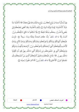  ‫א‬‫א‬‫א‬‫א‬


çµ÷ΖÏΒ (#ρä‹è{ù's? Ÿξsù #Y‘$sÜΖÏ% £⎯ßγ1y‰÷nÎ) óΟçF÷s?#u™uρ 8l÷ρy— šχ%x6¨Β 8l÷ρy— tΑ#y‰ö7ÏGó™$# ãΝ›?Šu‘r& ÷βÎ)uρ
4’n<Î) öΝà6àÒ÷èt/ 4©|Óøùr& ô‰s%uρ …çµtΡρä‹è{ù's? y#ø‹x.uρ ∩⊄⊃∪ $YΨÎ6•Β $VϑøOÎ)uρ $YΨ≈tGôγç/ …çµtΡρä‹äzù's?r& 4 $º↔ø‹x©
š∅ÏiΒ Νà2äτ!$t/#u™ yxs3tΡ $tΒ (#θßsÅ3Ζs? Ÿωuρ ∩⊄⊇∪ $Zà‹Î=xî $¸)≈sV‹ÏiΒ Νà6ΖÏΒ šχõ‹yzr&uρ <Ù÷èt/
ôMtΒÌhãm ∩⊄⊄∪ ¸ξ‹Î6y™ u™!$y™uρ $Fø)tΒuρ Zπt±Ås≈sù tβ$Ÿ2 …çµ¯ΡÎ) 4 y#n=¢™ ‰s% $tΒ ωÎ) Ï™!$|¡ÏiΨ9$#
ßN$oΨt/uρ ËˆF{$# ßN$oΨt/uρ öΝä3çG≈n=≈yzuρ öΝä3çG≈£ϑtãuρ öΝà6è?≡uθyzr&uρ öΝä3è?$oΨt/uρ öΝä3çG≈yγ¨Βé& öΝà6ø‹n=tã
öΝä3Í←!$|¡ÎΣ àM≈yγ¨Βé&uρ Ïπyè≈|Ê§9$# š∅ÏiΒ Νà6è?≡uθyzr&uρ öΝä3oΨ÷è|Êö‘r& û©ÉL≈©9$# ãΝà6çF≈yγ¨Βé&uρ ÏM÷zW{$#
(#θçΡθä3s? öΝ©9 βÎ*sù £⎯ÎγÎ/ ΟçFù=yzyŠ ©ÉL≈©9$# ãΝä3Í←!$|¡ÎpΣ ⎯ÏiΒ Νà2Í‘θàfãm ’Îû ©ÉL≈©9$# ãΝà6ç6Í×≈t/u‘uρ
βr&uρ öΝà6Î7≈n=ô¹r& ô⎯ÏΒ t⎦⎪É‹©9$# ãΝà6Í←!$oΨö/r& ã≅Í×≈n=ymuρ öΝà6ø‹n=tæ yy$oΨã_ Ÿξsù  ∅ÎγÎ/ ΟçFù=yzyŠ
∩⊄⊂∪ $VϑŠÏm§‘ #Y‘θàxî tβ%x. ©!$# χÎ) 3 y#n=¢™ ‰s% $tΒ ωÎ) È⎦÷⎫tG÷zW{$# š⎥÷⎫t/ (#θãèyϑôfs?

‫اﻹﻣﺎﻟﺔ‬

‫اﻹدﻏﺎم‬
www.islamweb.net

‫اﻟﺤﺮف اﻟﻤﺨﺎﻟﻒ ﻟﺤﻔﺺ‬
‫ﺍﻟﺸﺒﻜﺔ ﺍﻹﺴﻼﻤﻴﺔ‬

 