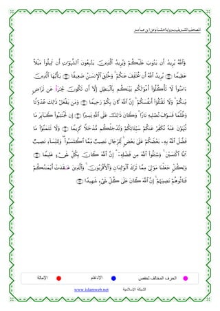  ‫א‬‫א‬‫א‬‫א‬


¸ξøŠtΒ (#θè=ŠÏÿsC βr& ÏN≡uθpκ¤¶9$# tβθãèÎ7−Gtƒ š⎥⎪Ï%©!$# ß‰ƒÌãƒuρ öΝà6ø‹n=tæ z>θçGtƒ βr& ß‰ƒÌãƒ ª!$#uρ
š⎥⎪Ï%©!$# $yγ•ƒr'≈tƒ ∩⊄∇∪ $Z‹Ïè|Ê ß⎯≈|¡ΡM}$# t,Î=äzρ 4 öΝä3Ψtã y#Ïesƒä† βr& ª!$# ß‰ƒÌãƒ ∩⊄∠∪ $VϑŠÏàtã
u
<Ú#ts? ⎯tã îοt≈pgÏB šχθä3s? βr& HωÎ) È≅ÏÜ≈t6ø9$$Î/ Μà6oΨ÷t/ Νä3s9≡uθøΒr& (#þθè=à2ù's? Ÿω (#θãΨtΒ#u™
$ZΡ≡uρô‰ãã y7Ï9≡sŒ ö≅yèøtƒ ⎯tΒuρ ∩⊄®∪ $VϑŠÏmu‘ öΝä3Î/ tβ%x. ©!$# ¨βÎ) 4 öΝä3|¡àΡr& (#þθè=çFø)s? Ÿωuρ 4 öΝä3ΖÏiΒ
$tΒ tÍ←!$t6Ÿ2 (#θç6Ï⊥tFøgrB βÎ) ∩⊂⊃∪ #·Å¡o„ «!$# ’n?tã šÏ9≡sŒ tβ%Ÿ2uρ 4 #Y‘$tΡ ÏµŠÎ=óÁçΡ t∃öθ|¡sù $Vϑù=àßuρ
$tΒ (#öθ¨ΨyϑtGs? Ÿωuρ ∩⊂⊇∪ $VϑƒÌx. Wξyzô‰•Β Νà6ù=Åzô‰çΡuρ öΝä3Ï?$t↔Íh‹y™ öΝä3Ψtã öÏes3çΡ çµ÷Ψtã tβöθpκ÷]è?
Ò=ŠÅÁtΡ Ï™!$|¡ÏiΨ=Ï9uρ ( (#θç6|¡oKò2$# $£ϑÏiΒ Ò=ŠÅÁtΡ ÉΑ%y`Ìh=Ïj9 4 <Ù÷èt/ 4’n?tã öΝä3ŸÒ÷èt/ ⎯ÏµÎ/ !$# Ÿ≅Òsù
ª
∩⊂⊄∪ $VϑŠÎ=tã >™ó_x« Èe≅ä3Î/ šχ%Ÿ2 ©!$# ¨βÎ) 3 ÿ⎯Ï&Î#ôÒsù ⎯ÏΒ ©!$# (#θè=t↔ó™uρ 4 t⎦÷⎤|¡tGø.$# $®ÿÊeΕ
öΝà6ãΖ≈yϑ÷ƒr& ôNy‰s)4ΤΤtã t⎦⎪Ï%©!$#uρ 4 šχθç/tø%F{$#uρ Èβ#t$Î!≡uθø9$# x8ts? $£ϑÏΒ u’Í<≡uθtΒ $oΨù=yèy_ 9e≅à6Ï9uρ
∩⊂⊂∪ #´‰‹Îγx© &™ó©x« Èe≅à2 4’n?tã tβ%Ÿ2 ©!$# ¨βÎ) 4 öΝåκ:ÅÁtΡ öΝèδθè?$t↔sù
z

‫اﻹﻣﺎﻟﺔ‬

‫اﻹدﻏﺎم‬
www.islamweb.net

‫اﻟﺤﺮف اﻟﻤﺨﺎﻟﻒ ﻟﺤﻔﺺ‬
‫ﺍﻟﺸﺒﻜﺔ ﺍﻹﺴﻼﻤﻴﺔ‬

 