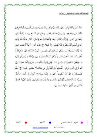  ‫א‬‫א‬‫א‬‫א‬


tβθèùÌhptä† (#ρßŠ$yδ t⎦⎪Ï%©!$# z⎯ÏiΒ ∩⊆∈∪ #ZÅÁtΡ «!$$Î/ 4’s∀x.uρ $wŠÏ9uρ «!$$Î/ 4’s∀x.uρ 4 öΝä3Í←!#y‰ôãr'Î/ ãΝn=ôãr& ª!$#uρ
öΝÍκÉJt⊥Å¡ø9r'Î/ $CŠs9 $uΖÏã≡u‘uρ 8ìyϑó¡ãΒ uöxî ôìoÿôœ$#uρ $uΖøŠ|Átãuρ $oΨ÷èÏÿxœ tβθä9θà)tƒuρ ⎯ÏµÏèÅÊ#uθ¨Β ⎯tã zΝÎ=s3ø9$#
tΠuθø%r&uρ öΝçλ°; #Zöyz tβ%s3s9 $tΡóÝàΡ$#uρ ôìoÿôœ$#uρ $uΖ÷èsÛr&uρ $oΨ÷èÏÿxœ (#θä9$s% öΝåκ¨Ξr& öθs9uρ 4 È⎦⎪Ïd‰9$# ’Îû $YΨ÷èsÛuρ
(#θãΨÏΒ#u™ |=≈tGÅ3ø9$# (#θè?ρé& t⎦⎪Ï%©!$# $pκš‰r'≈tƒ ∩⊆∉∪ WξŠÎ=s% ωÎ) tβθãΨÏΒ÷σãƒ Ÿξsù ÷Λ¿εÌøä3Î/ ª!$# ãΝåκs]yè©9 ⎯Å3≈s9uρ
÷ρr& !$yδÍ‘$t/÷Šr& #’n?tã $yδ¨Šçt∴sù $δθã_ãρ }§ÏϑôÜ¯Ρ βr& È≅ö6s% ⎯ÏiΒ Νä3yètΒ $yϑÏj9 $]%Ïd‰|ÁãΒ $uΖø9¨“tΡ $oÿÏ3
x8uô³ç„ βr& ãÏøótƒ Ÿω ©!$# ¨βÎ) ∩⊆∠∪ »ωθãèøtΒ «!$# ãøΒr& tβ%x.uρ 4 ÏMö6¡¡9$# |=≈ptõ¾r& !$¨Ψyès9 $yϑx. öΝåκs]yèù=tΡ
∩⊆∇∪ $¸ϑŠÏàtã $¸ϑøOÎ) #“utIøù$# Ï‰s)sù «!$$Î/ õ8Îô³ç„ ⎯tΒuρ 4 â™!$t±o„ ⎯yϑÏ9 y7Ï9≡sŒ tβρßŠ $tΒ ãÏøótƒuρ ⎯ÏµÎ/
öÝàΡ$# ∩⊆®∪ ºξ‹ÏGsù tβθßϑn=ôàãƒ Ÿωuρ â™!$t±o„ ⎯tΒ ’Éj1t“ãƒ ª!$# È≅t/ 4 Νåκ|¦àΡr& tβθ’.t“ãƒ t⎦⎪Ï%©!$# ’n<Î) ts? öΝs9r&
(#θè?ρé& š⎥⎪Ï%©!$# ’n<Î) ts? öΝs9r& ∩∈⊃∪ $·ΖÎ7•Β $VϑøOÎ) ÿ⎯ÏµÎ/ 4’s∀x.uρ ( z>É‹s3ø9$# «!$# ’n?tã tβρçtIøtƒ y#ø‹x.
Ï™Iωàσ≈yδ (#ρãxx. t⎦⎪Ï%©#Ï9 tβθä9θà)tƒuρ ÏNθäó≈©Ü9$#uρ ÏMö6Éfø9$$Î/ tβθãΨÏΒ÷σãƒ É=≈tGÅ6ø9$# z⎯ÏiΒ $Y7ŠÅÁtΡ
∩∈⊇∪ ¸ξ‹Î6y™ (#θãΨtΒ#u™ t⎦⎪Ï%©!$# z⎯ÏΒ 3“y‰÷δr&

‫اﻹﻣﺎﻟﺔ‬

‫اﻹدﻏﺎم‬
www.islamweb.net

‫اﻟﺤﺮف اﻟﻤﺨﺎﻟﻒ ﻟﺤﻔﺺ‬
‫ﺍﻟﺸﺒﻜﺔ ﺍﻹﺴﻼﻤﻴﺔ‬

 