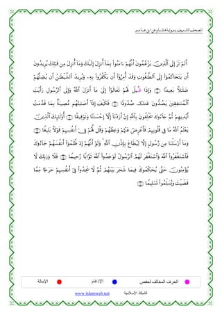  ‫א‬‫א‬‫א‬‫א‬


tβρß‰ƒÌãƒ y7Î=ö6s% ⎯ÏΒ tΑÌ“Ρé& !$tΒuρ y7ø‹s9Î) tΑÌ“Ρé& !$yϑÎ/ (#θãΨtΒ#u™ öΝßγ¯Ρr& tβθßϑãã÷“tƒ š⎥⎪Ï%©!$# ’n<Î) ts? öΝs9r&
öΝßγ¯=ÅÒãƒ βr& ß⎯≈sÜø‹¤±9$# ß‰ƒÌãƒuρ ⎯ÏµÎ/ (#ρãàõ3tƒ βr& (#ÿρâÉ∆é& ô‰s%uρ ÏNθäó≈©Ü9$# ’n<Î) (#þθßϑx.$y⇔tFtƒ βr&
|M÷ƒr&u‘ ÉΑθß™§9$# ’n<Î)uρ ª!$# tΑt“Ρr& !$tΒ 4’n<Î) (#öθs9$yès? öΝçλm; Ÿ≅Š⊗Ε⊗% #sŒÎ)uρ ∩∉⊃∪ #Y‰‹Ïèt/ Kξ≈n=|Ê
ôMtΒ£‰s% $yϑÎ/ 8πt7ŠÅÁ•Β Νßγ÷Fu;≈|¹r& !#sŒÎ) y#ø‹s3sù ∩∉⊇∪ #YŠρß‰ß¹ šΖtã tβρ‘‰ÝÁtƒ t⎦⎫É)Ï≈uΖßϑø9$#
š⎥⎪É‹©9$# y7Í×≈s9'ρé& ∩∉⊄∪ $¸)‹Ïùöθs?uρ $YΖ≈|¡ômÎ) HωÎ) !$tΡ÷Šu‘r& ÷βÎ) «!$$Î/ tβθàÎ=øts† x8ρâ™!%y` §ΝèO öΝÍγƒÏ‰÷ƒr&
∩∉⊂∪ $ZóŠÎ=t/ Kωöθs% öΝηÅ¡àΡr& þ_Îû öΝçλ°; ≅è%uρ öΝßγôàÏãuρ öΝåκ÷]tã óÚÌôãr'sù óΟÎηÎ/θè=è% ’Îû $tΒ ª!$# ãΝn=÷ètƒ
Î
x8ρâ™!$y_ öΝßγ|¡àΡr& (#þθßϑn=¤ß ŒÎ) öΝßγ¯Ρr& öθs9uρ 4 «!$# ÂχøŒÎ*Î/ tí$sÜã‹Ï9 ωÎ) @Αθß™§‘ ⎯ÏΒ $uΖù=y™ö‘r& !$tΒuρ
Ÿω y7În/u‘uρ Ÿξsù ∩∉⊆∪ $VϑŠÏm§‘ $/#§θs? ©!$# (#ρß‰y`uθs9 ãΑθß™§9$# ÞΟßγs9 txøótGó™$#uρ !$# (#ρãxøótGó™$$sù
©
$£ϑÏiΒ %[`tym öΝÎηÅ¡àΡr& þ’Îû #ρß‰Ågs† Ÿω §ΝèO óΟßγoΨ÷t/ tyfx© $yϑŠÏù x8θßϑÅj3ysãƒ 4©®Lym šχθãΨÏΒ÷σãƒ
(
∩∉∈∪ $VϑŠÎ=ó¡n@ (#θßϑÏk=|¡ç„uρ |MøŠŸÒs%

‫اﻹﻣﺎﻟﺔ‬

‫اﻹدﻏﺎم‬
www.islamweb.net

‫اﻟﺤﺮف اﻟﻤﺨﺎﻟﻒ ﻟﺤﻔﺺ‬
‫ﺍﻟﺸﺒﻜﺔ ﺍﻹﺴﻼﻤﻴﺔ‬

 