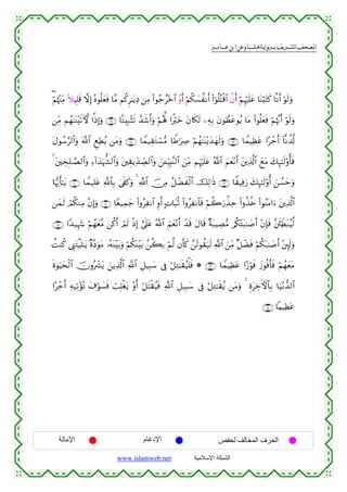  ‫א‬‫א‬‫א‬‫א‬


∃öΝåκ÷]ÏiΒ ξŠÎ=s% ωÎ) çνθè=yèsù $¨Β Νä.Ì≈tƒÏŠ ⎯ÏΒ (#θã_ã÷z$# ãρr& öΝä3|¡àΡr& (#þθè=çFø%$# àβr& öΝÍκön=tã $oΨö;tFx. $¯Ρr& öθs9uρ
⎯ÏiΒ Νßγ≈oΨ÷s?`ψ #]ŒÎ)uρ ∩∉∉∪ $GÎ7÷Vs? £‰x©r&uρ öΝçλ°; #Zöyz tβ%s3s9 ⎯ÏµÎ/ tβθÝàtãθãƒ $tΒ (#θè=yèsù öΝåκ¨Ξr& öθs9uρ
tΑθß™§9$#uρ ©!$# ÆìÏÜãƒ ⎯tΒuρ ∩∉∇∪ $Vϑ‹É)tGó¡•Β $WÛ≡uÅÀ öΝßγ≈oΨ÷ƒy‰yγs9uρ ∩∉∠∪ $VϑŠÏàtã #·ô_r& !$¯Ρà$©!
4 t⎦⎫ÅsÎ=≈¢Á9$#uρ Ï™!#y‰pκ’¶9$#uρ t⎦⎫É)ƒÏd‰Å_Á9$#uρ z⎯↵ÍhŠÎ;¨Ψ9$# z⎯ÏiΒ ΝÍκön=tã ª!$# zΝyè÷Ρr& t⎦⎪Ï%©!$# yìtΒ y7Í×≈s9'ρé'sù
$pκš‰r'≈tƒ ∩∠⊃∪ $Vϑ‹Î=tã «!$$Î/ 4’s∀x.uρ 4 «!$# š∅ÏΒ ã≅ôÒxø9$# šÏ9≡sŒ ∩∉®∪ $Z)ŠÏùu‘ y7Í×≈s9ρé& z⎯Ý¡ymuρ
'
⎯yϑs9 óΟä3ΖÏΒ ¨βÎ)uρ ∩∠⊇∪ $Yè‹Ïϑy_ (#ρãÏΡ$# Íρr& BN$t6èO (#ρãÏΡ$$sù öΝà2u‘õ‹Ïm (#ρä‹è{ (#θãΨtΒ#u™ t⎦⎪Ï%©!$#
∩∠⊄∪ #Y‰‹Íκy− öΝßγyè¨Β ⎯ä.r& óΟs9 øŒÎ) ¥’n?tã ª!$# zΝyè÷Ρr& ô‰s% tΑ$s% ×πt7ŠÅÁ•Β /ä3÷Gt6≈|¹r& ÷βÎ*sù ¨⎦s⎮ÏeÜt7ã‹©9
àMΨä. ©Í_tGøŠn=≈tƒ ×ο¨ŠuθtΒ …çµoΨ÷t/uρ öΝä3oΨ÷t/ .⎯ä6sƒ öΝ©9 βr'x. £⎯s9θà)u‹s9 «!$# z⎯ÏiΒ ×≅Òsù öΝä3t7≈|¹r& ÷⎦È⌡s9uρ
ô
nο4θuŠysø9$# šχρçô³tƒ z⎯ƒÏ%©!$# «!$# È≅‹Î6y™ ’Îû ö≅ÏG≈s)ã‹ù=sù * ∩∠⊂∪ $VϑŠÏàtã #·—öθsù y—θèùr'sù öΝßγyètΒ
#·ô_r& Ïµ‹Ï?÷σçΡ t∃öθ|¡sù ó=Î=øótƒ ÷ρr& ö≅tFø)ã‹sù «!$# È≅‹Î6y™ ’Îû ö≅ÏG≈s)ãƒ ⎯tΒuρ 4 ÍοtÅzFψ$$Î/ $u‹÷Ρ‘‰9$#
∩∠⊆∪ $Κ‹Ïàtã

‫اﻹﻣﺎﻟﺔ‬

‫اﻹدﻏﺎم‬
www.islamweb.net

‫اﻟﺤﺮف اﻟﻤﺨﺎﻟﻒ ﻟﺤﻔﺺ‬
‫ﺍﻟﺸﺒﻜﺔ ﺍﻹﺴﻼﻤﻴﺔ‬

 