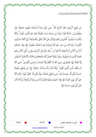  ‫א‬‫א‬‫א‬‫א‬


∩∇⊃∪ $ZàŠÏym öΝÎγøŠn=tæ y7≈oΨù=y™ö‘r& !$yϑsù 4’¯<uθs? ⎯tΒuρ ( ©!$# tí$sÛr& ô‰s)sù tΑθß™§9$# ÆìÏÜãƒ ⎯¨Β
ª!$#uρ ( ãΑθà)s? “Ï%©!$# uöxî öΝåκ÷]ÏiΒ ×πxÍ←!$sÛ |M¨Št/ x8Ï‰ΨÏã ô⎯ÏΒ (#ρã—tt/ #sŒÎ*sù ×πtã$sÛ šχθä9θà)tƒuρ
tβρã−/y‰tFtƒ Ÿξsùr& ∩∇⊇∪ ¸ξ‹Ï.uρ «!$$Î/ 4’s∀x.uρ 4 «!$# ’n?tã ö≅©.uθs?uρ öΝåκ÷]tã óÚÍôãr'sù ( tβθçGÍhŠu;ãƒ $tΒ Ü=çGõ3tƒ
öΝèδu™!%y` #sŒÎ)uρ ∩∇⊄∪ #ZÏWŸ2 $Z≈n=ÏF÷z$# ÏµŠÏù (#ρß‰y`uθs9 «!$# Îöxî Ï‰ΖÏã ô⎯ÏΒ tβ%x. öθs9uρ 4 tβ#u™ö)ø9$#
à
öΝåκ÷]ÏΒ ÌøΒF{$# ’Í<'ρé& #†n<Î)uρ ÉΑθß™§9$# ’n<Î) çνρ–Šu‘ öθs9uρ ( ⎯ÏµÎ/ (#θãã#sŒr& Å∃öθy‚ø9$# Íρr& Ç⎯øΒF{$# z⎯ÏiΒ ÖøΒr&
z⎯≈sÜøŠ¤±9$# ÞΟçF÷èt6¨?]ω …çµçGuΗ÷qu‘uρ öΝà6øŠn=tã «!$# ã≅ôÒsù Ÿωöθs9uρ 3 öΝåκ÷]ÏΒ …çµtΡθäÜÎ7/ΖoKó¡o„ t⎦⎪Ï%©!$# çµyϑÎ=yès9
ª!$# ©|¤tã ( t⎦⎫ÏΖÏΒ÷σçRùQ$# ÇÚÌhymuρ 4 y7|¡øtΡ ωÎ) ß#¯=s3è? Ÿω «!$# È≅‹Î6y™ ’Îû ö≅ÏF≈s)sù ∩∇⊂∪ WξŠÎ=s% ωÎ)
ºπyè≈xx© ôìxô±o„ ⎯¨Β ∩∇⊆∪ WξŠÅ3Ζs? ‘‰x©r&uρ $U™ù't/ ‘‰x©r& ª!$#uρ 4 (#ρãx. t⎦⎪Ï%©!$# }¨ù't/ £#ä3tƒ βr&
x
ª!$# tβ%x.uρ 3 $yγ÷ΨÏiΒ ×≅øÏ. …ã&©! ⎯ä3tƒ Zπy∞ÍhŠy™ Zπyè≈xx© ôìxô±o„ ⎯tΒuρ ( $pκ÷]ÏiΒ Ò=ŠÅÁtΡ …ã&©! ⎯ä3tƒ ZπuΖ|¡ym
tβ%x. ©!$# ¨βÎ) 3 !$yδρ–Šâ‘ ÷ρr& !$pκ÷]ÏΒ z⎯|¡ômr'Î/ (#θ–Šyssù 7π¨ŠÅstFÎ/ Λä⎢ŠÍh‹ãm #sŒÎ)uρ ∩∇∈∪ $F‹É)•Β &™ó©x« Èe≅ä. 4’n?tã
∩∇∉∪ $·7ŠÅ¡ym >™ó©x« Èe≅ä. 4’n?tã

‫اﻹﻣﺎﻟﺔ‬

‫اﻹدﻏﺎم‬
www.islamweb.net

‫اﻟﺤﺮف اﻟﻤﺨﺎﻟﻒ ﻟﺤﻔﺺ‬
‫ﺍﻟﺸﺒﻜﺔ ﺍﻹﺴﻼﻤﻴﺔ‬

 