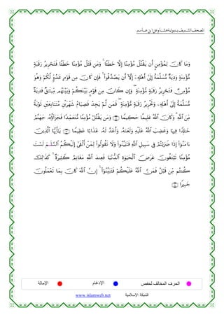  ‫א‬‫א‬‫א‬‫א‬


7πt7s%u‘ ãƒÌóstGsù $↔sÜyz $·ΨÏΒ÷σãΒ Ÿ≅tFs% ⎯tΒuρ 4 $↔sÜyz ωÎ) $·ΖÏΒ÷σãΒ Ÿ≅çFø)tƒ βr& ?⎯ÏΒ÷σßϑÏ9 šχ%x. $tΒuρ
uθèδuρ öΝä3©9 5iρß‰tã BΘöθs% ⎯ÏΒ šχ%x. βÎ*sù 4 (#θè%£‰¢Átƒ βr& HωÎ) ÿ⎯Ï&Î#÷δr& #’n<Î) îπyϑ¯=|¡•Β ×πtƒÏŠuρ 7πoΨÏΒ÷σ•Β
×πtƒÏ‰sù ×,≈sV‹ÏiΒ ΟßγoΨ÷t/uρ öΝà6oΨ÷t/ ¤Θöθs% ⎯ÏΒ šχ%Ÿ2 βÎ)uρ ( 7πoΨÏΒ÷σ•Β 7πt6s%u‘ ãƒÌóstGsù Ñ∅ÏΒ÷σãΒ
Zπt/öθs? È⎦÷⎫yèÎ/$tFtFãΒ È⎦ø⎪tôγx© ãΠ$u‹ÅÁsù ô‰Éftƒ öΝ©9 ⎯yϑsù ( 7πoΨÏΒ÷σ•Β 7πt6s%u‘ ãƒÌøtrBuρ ⎯Ï&Î#÷δr& #’n<Î) îπyϑ¯=|¡•Β
ÞΟ¨Ψyγy_ …çνäτ!#t“yfsù #Y‰ÏdϑyètG•Β $YΨÏΒ÷σãΒ ö≅çFø)tƒ ⎯tΒuρ ∩®⊄∪ $VϑŠÅ6ym $¸ϑŠÎ=tã !$# šχ%x.uρ 3 «!$# z⎯ÏiΒ
ª
š⎥⎪Ï%©!$# $pκš‰r'≈tƒ ∩®⊂∪ $VϑŠÏàtã $¹/#x‹tã …çµs9 £‰tãr&uρ …çµuΖyès9uρ Ïµø‹n=tã ª!$# |=ÅÒxîuρ $pκÏù #V$Î#≈yz
|Mó¡s9 zΝ⊗⊗n=¡¡9$# ãΝà6øŠs9Î) #’s+ø9r& ô⎯yϑÏ9 (#θä9θà)s? Ÿωuρ (#θãΖ¨Šu;tFsù «!$# È≅‹Î6y™ ’Îû óΟçFö/uŸÑ #sŒÎ) (#þθãΖtΒ#u™
šÏ9≡x‹x. 4 ×οtŠÏVŸ2 ÞΟÏΡ$tótΒ «!$# y‰ΖÏèsù $u‹÷Ρ‘‰9$# Íο4θuŠysø9$# š⇓ttã šχθäótGö;s? $YΖÏΒ÷σãΒ
šχθè=yϑ÷ès? $yϑÎ/ šχ%x. ©!$# χÎ) 4 (#þθãΖ¨t7tFsù öΝà6ø‹n=tã ª!$#  ∅yϑsù ã≅ö6s% ⎯ÏiΒ ΝçGΨà2
∩®⊆∪ #ZÎ6yz

‫اﻹﻣﺎﻟﺔ‬

‫اﻹدﻏﺎم‬
www.islamweb.net

‫اﻟﺤﺮف اﻟﻤﺨﺎﻟﻒ ﻟﺤﻔﺺ‬
‫ﺍﻟﺸﺒﻜﺔ ﺍﻹﺴﻼﻤﻴﺔ‬

 