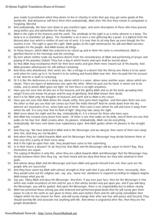 your maids to prostitution when they desire to live in chastity in order that you may get some goods of this
worlds life. And whosoever will force them then undoubtedly, Allah after this that they remain in compulsion is
Forgiving, Merciful.
34. And undoubtedly, We have sent down to you manifest signs, and some description of those who have passed
away before you and admonition for those who fear.
35. Allah is the Light of the heavens and the earth. The similitude of His Light is as a niche wherein is a lamp. The
lamp is in a chandelier (of glass). The chandelier is as it were a star glittering like a pearl; it is lighted from the
blessed olive tree which is neither of east nor of west, it is near that its oil may flare up even though the fire
touches it not. The Light is upon the Light. Allah guides to His Light whomsoever He will and Allah narrates
examples for the people. And Allah knows all things.
36. In those houses, which Allah has ordered to be raised up and in them His name is remembered, Allah is
glorified therein in the mornings and the evenings.
37. By men whom neither trade nor business diverts from the remembrance of Allah and performing of prayer and
paying of the poordue (Zakat) They fear a day in which hearts and eyes shall be turned about.
38. So that Allah may recompense them for their best works and give them more reward out of His bounty. And
Allah provides whomsoever He will without reckoning.
39. And those who disbelieved, their works are- like a mirage in a desert that the thirsty one thinks it to be water
until when he came up to it, he found it to be nothing and found Allah near him, then He paid him his account
in full. And He is Swift in reckoning.
40. Or it is like the darknesses in a deep sea, above which is a wave, above wave another wave, above which are
clouds. There are layers of darknesses one upon the other. When he puts out his hand, it seems not to be
visible, and to whom Allah gives not light; for him there is no light anywhere.
41. Have you not seen that all who are in the heavens and the glofiry Allah and so do the birds spreading their
wings? Every one knows his prayer and his way of glorifying. And Allah knows their deeds.
42. And it is for Allah only the Kingdom of heavens and earth and to Allah is the return.
43. Have you not seen that Allah drives the clouds softly, then joins them together, and then piles them one over
the other so that you see that rain comes out from the midst thereof? And He sends down from the sky
wherein are mountains of ice, some hails out of them; then casts it over whom He will and turns it away from
whom He will. It is very near that its flash of light: ding may take away the sight.
44. Allah turns about the night and the day. Undoubtedly in, it is a lesson for those who have eyes.
45. And Allah has created every beast from water. Of them is one that walks on his belly, and of them are one that
walks on his four feet. Allah creates what, He pleases. Undoubtedly, Allah can do everything.
46. Undoubtedly, We have sent down clear explanatory signs. And Allah guides whom He pleases to the straight
path.
47. And they say, 'We have believed in Allah and in the Messenger and we obeyed, then some of them turn away
after this. And they are not Muslims.
48. And when they are called towards Allah and His Messenger that the Messenger may decide between them at
that very time a party of them turns away.
49. And if the right be upon their side, they would have come to him submitting.
50. Is in their hearts a disease? Or do they fear that Allah and His Messenger will be unjust to them? Nay, they
themselves are unjust.
51. The saying of Muslims is only this, when they are called towards Allah and Messenger that the Messenger may
decide between them then they say, 'we have heard and we obey And these are they who attained to their
goals.
52. And whoso obeys Allah and His Messenger and fears Allah and guards himself from evil, then such are the
people who are successful.
53. And they have sworn by Allah with utmost strength in their oath that if you will order them, necessarily, then
they would come out for religious war, say, you, 'swear not; obedience is required according to religious dogma
Allah knows what you do.
54. Say you, 'Obey Allah and obey His Messenger; therefore, if you turn your face, then for the Messenger is that
which was made incumbent on him and for you is that whose burden was put upon you, and if you will obey
the Messenger, you will be guided. And upon the Messenger, there is no responsibility but to deliver clearly.
55. Allah has promised those among you who believed and performed good deeds that He will surely give them
power to rule in the earth as was given to those who were before them and He will surely consolidate their
religion which He has chosen for them, and will surely change their after war fear with peace and Security They
should worship Me and associate not anything with Me. And whose is ungrateful after this, then they are the
people disobedient.
Al-Quran English Translation (Kanz-ul-Eeman)
NooreMadinah Network - http://www.NooreMadinah.net
 