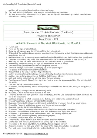 and they will be received there in with greetings and peace.
76. They shall abide therein forever, what a decent place of abode and habitation.
77. Say you, 'you are of no value to my Lord, if you do not worship Him; then indeed; you belied, therefore now
there will be a cleaving torment.
Surah Number 26: Ash-Shu`arâ` (The Poets)
Revealed at: Makkah
Total Verses: 227
ALLAH in the name of The Most Affectionate, the Merciful.
1. Ta, Sin, Mim
2. These are the signs of a bright Book.
3. Haply you will lay down your life in their grief that they believed not.
4. If We willed, We could send down any sign upon them from the heavens, so that their high ones would remain
bowed down before it.
5. And there comes not to them any new admonition from the Most Affectionate, but they turn their faces from it.
6. Therefore, undoubtedly they belied, now soon there is to come to them the tidings of their mocking at.
7. Have they not seen the earth, how many noble pairs have We caused to grow therein?
8. Undoubtedly, therein necessarily is a sign, but most of them are not to believe.
9. And undoubtedly, your Lord necessarily He is Dignified, Merciful.
10. And recall when your Lord called Musa saying, 'go to the people unjust'.
11. The people of Pharaoh (Firawn) Will they not fear?
12. He submitted, 'O my Lord', I fear that they will belie me.
13. And my breast straitens and my tongue moves not fluently, therefore make Haroon a Messenger.
14. And they have a charge against me, so that I fear that they may kill me.
15. Allah said, 'not so; go both of you with Our signs, We hear with you.
16. Therefore go to Pharaoh (Firawn) then say to him, 'both of us are the Messengers of Him Who is the Lord of
the worlds.
17. That send you the children of Israel with us.
18. Firawn said, 'did We not bring you up among us in your childhood, and you did pass among us many years of
your life?
19. And you did your deed you did and you were ungrateful.
20. Musa said, 'I did do it when I was unaware of the path.
21. Therefore, I went away from you when I was afraid of you, then my Lord bestowed me wisdom and made me
one of the Messengers.
22. And this is any grace of which you speak to me that you have enslaved the children of Israel.
23. Firawn (Pharaoh) said 'and what is the Lord of the Worlds?
24. Musa said, 'the Lord of the heavens and the earth and of all that is between them if you would believe.
25. Firawn (the Pharaoh), said to those around him, 'do you not hear carefully?
26. Musa told, 'your Lord and the Lord of farmer fathers'.
27. Firawn said, 'your this Messenger who has been sent to you has necessarily, no wisdom'.
28. Musa said, 'the Lord of east and west and what ever is between them if you have wisdom'.
29. Firawn said, 'if you will take a god other than me, then I will certainly imprison you'.
30. Musa said, 'what, even though I bring you something bright?
31. Firawn said, 'Bring it then, if you are truthful'?
32. Therefore Musa threw down his staff hence it became a serpent manifest.
33. And he drew forth his hand, henceforth it was shining light to the beholders.
34. Firawn said to the chiefs around him, 'undoubtedly, he is a magician learned'.
35. He desires to expel you from your land by the power of his magic, then what do you advice'?
36. They said, 'make him and his brother stay and send collectors in the cities'.
Al-Quran English Translation (Kanz-ul-Eeman)
NooreMadinah Network - http://www.NooreMadinah.net
 