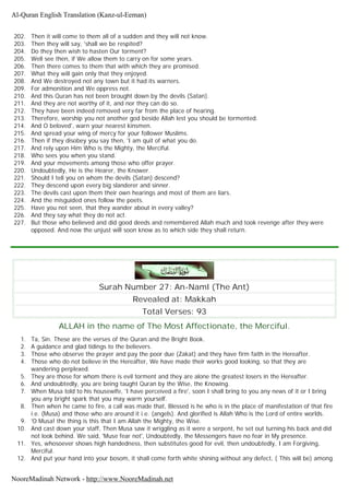 202. Then it will come to them all of a sudden and they will not know.
203. Then they will say, 'shall we be respited?
204. Do they then wish to hasten Our torment?
205. Well see then, if We allow them to carry on for some years.
206. Then there comes to them that with which they are promised.
207. What they will gain only that they enjoyed.
208. And We destroyed not any town but it had its warners.
209. For admonition and We oppress not.
210. And this Quran has not been brought down by the devils (Satan).
211. And they are not worthy of it, and nor they can do so.
212. They have been indeed removed very far from the place of hearing.
213. Therefore, worship you not another god beside Allah lest you should be tormented.
214. And O beloved', warn your nearest kinsmen.
215. And spread your wing of mercy for your follower Muslims.
216. Then if they disobey you say then, 'I am quit of what you do.
217. And rely upon Him Who is the Mighty, the Merciful.
218. Who sees you when you stand.
219. And your movements among those who offer prayer.
220. Undoubtedly, He is the Hearer, the Knower.
221. Should I tell you on whom the devils (Satan) descend?
222. They descend upon every big slanderer and sinner.
223. The devils cast upon them their own hearings and most of them are liars.
224. And the misguided ones follow the poets.
225. Have you not seen, that they wander about in every valley?
226. And they say what they do not act.
227. But those who believed and did good deeds and remembered Allah much and took revenge after they were
opposed. And now the unjust will soon know as to which side they shall return.
Surah Number 27: An-Naml (The Ant)
Revealed at: Makkah
Total Verses: 93
ALLAH in the name of The Most Affectionate, the Merciful.
1. Ta, Sin. These are the verses of the Quran and the Bright Book.
2. A guidance and glad tidings to the believers.
3. Those who observe the prayer and pay the poor due (Zakat) and they have firm faith in the Hereafter.
4. Those who do not believe in the Hereafter, We have made their works good looking, so that they are
wandering perplexed.
5. They are those for whom there is evil torment and they are alone the greatest losers in the Hereafter.
6. And undoubtedly, you are being taught Quran by the Wise, the Knowing.
7. When Musa told to his housewife, 'I have perceived a fire', soon I shall bring to you any news of it or I bring
you any bright spark that you may warm yourself.
8. Then when he came to fire, a call was made that, Blessed is he who is in the place of manifestation of that fire
i.e. (Musa) and those who are around it i.e. (angels). And glorified is Allah Who is the Lord of entire worlds.
9. 'O Musa! the thing is this that I am Allah the Mighty, the Wise.
10. And cast down your staff, Then Musa saw it wriggling as it were a serpent, he set out turning his back and did
not look behind. We said, 'Muse fear not', Undoubtedly, the Messengers have no fear in My presence.
11. Yes, whosoever shows high handedness, then substitutes good for evil, then undoubtedly, I am Forgiving,
Merciful.
12. And put your hand into your bosom, it shall come forth white shining without any defect, ( This will be) among
Al-Quran English Translation (Kanz-ul-Eeman)
NooreMadinah Network - http://www.NooreMadinah.net
 