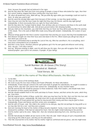 them, because the people had not believed in Our signs.
83. And the Day when We shall raise from every group of people a troop of those who belied Our signs, then their
first comers shall be stopped that those coming after may meet them.
84. Till, when all would have come, Allah will say, 'did you belie My signs while your knowledge could not reach to
them. Or what you used to do?
85. And the word has already fallen upon them because of their wrongs, so now they speak nothing.
86. Have they not seen that We have made the night that they may rest therein, and the day sight giving?
Undoubtedly, in them necessarily there are signs for those who believe.
87. And the Day when the Trumpet shall be blown, then all those who are in heavens and those in the earth shall
be unnerved but he whom Allah wills. And all were present before Him showing humility.
88. And you shall see the mountains, you shall think that they are fixed, but they will be passing (like) the passing
of the clouds. This is the work of Allah Who made every thing with wisdom. Undoubtedly, He is aware of your
works.
89. Whoever brings good for him there is better reward than that and they are secure that Day from bewilderment.
90. And whoever brought evil, then their faces were lied down in the Fire. What reward you will get but only of
that which you used to do.
91. I have been commanded only to worship the Lord of this city, Who has sanctified it, His is everything, and I
have been commanded to be of obedients.
92. And that I recite Quran; therefore whoever got guidance got it for his own good and whoever went astray,
then, say you, 'I am only a warner'.
93. And say, 'All praise belongs to Allah, soon He will show you His signs, then you will recognise them. And O
beloved prophet; your Lord is not unaware, O people, of your doings.
Surah Number 28: Al-Qasas (The Story)
Revealed at: Makkah
Total Verses: 88
ALLAH in the name of The Most Affectionate, the Merciful.
1. Ta-Sin-Mim.
2. These are the verses of the luminous Book.
3. We recite to you the true news of Musa and Firawn (Pharaoh), for those who believe.
4. Undoubtedly, Firawn had got control in the earth and made its people his subordinates, he sought to weaken a
group of them, slay their sons and let their women live. Undoubtedly, he was mischief-maker.
5. And We desired that We should be gracious to those weakened, make them leaders, and should make them
the inheritors of their country and wealth.
6. And We should establish them in the earth and show to Firawn, Haman, and their armies the same, which they
par, from them.
7. And We inspired the mother of Musa, suckle him, when you may have fear for him, then cost him into river and
fear not and nor grieve; undoubtedly, We shall return him to you and shall make him Messenger.
8. Then the family of Firawn picked him up that he may become their enemy and there may be grief to them.
Undoubtedly, Firawn and Haman and their armies were wrongdoers.
9. And the wife of Firawn, said, 'this child is the comfort to me and you, slay him not perhaps he may profit us or
we may take him for a son,' and they were unaware.
10. And next morning the heart of the mother of Musa became impatient. Surely, it was near that she might have
disclosed his condition, if We had not solaced her heart, that she might remain believing on Our promise.
11. And his mother said to his sister, 'follow him', then she remained observing from a far, and they were not
aware.
12. And We had already for bidden all wet nurses to him, then she said, 'shall I tell you of such a household who
may bring up this child of yours, and they are his well wishers.
13. Then We returned him to his mother that his mother might be comforted and not grieve, and she might know
Al-Quran English Translation (Kanz-ul-Eeman)
NooreMadinah Network - http://www.NooreMadinah.net
 