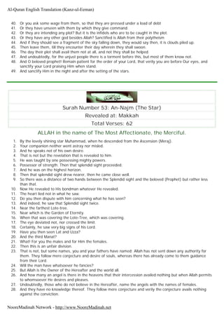 40. Or you ask some wage from them, so that they are pressed under a load of debt
41. Or they have unseen with them by which they give command.
42. Or they are intending any plot? But it is the infidels who are to be caught in the plot.
43. Or they have any other god besides Allah? Sanctified is Allah from their polytheism
44. And if they should see a fragment of the sky falling down, they would say then, it is clouds piled up.
45. Then leave them, till they encounter their day wherein they shall swoon.
46. The day their plot shall avail them not at all, and not they shall be helped.
47. And undoubtedly, for the unjust people there is a torment before this, but most of them know not.
48. And O beloved prophet! Remain patient for the order of your Lord, that verily you are before Our eyes, and
sanctify your Lord praising Him when stand.
49. And sanctify Him in the night and after the setting of the stars.
Surah Number 53: An-Najm (The Star)
Revealed at: Makkah
Total Verses: 62
ALLAH in the name of The Most Affectionate, the Merciful.
1. By the lovely shining star Muhammad, when he descended from the Ascension (Meraj).
2. Your companion neither went astray nor misled.
3. And he speaks not of his own desire.
4. That is not but the revelation that is revealed to him.
5. He was taught by one possessing mighty powers.
6. Possessor of strength. Then that splendid sight proceeded.
7. And he was on the highest horizon.
8. Then that splendid sight drew nearer, then he came close well.
9. So there was a distance of two hands between the Splendid sight and the beloved (Prophet) but rather less
than that.
10. Now He revealed to His bondman whatever He revealed.
11. The heart lied not in what he saw.
12. Do you then dispute with him concerning what he has seen?
13. And indeed, he saw that Splendid sight twice.
14. Near the farthest Lote-tree.
15. Near which is the Garden of Eternity.
16. When that was covering the Lote-Tree, which was covering.
17. The eye deviated not, nor crossed the limit.
18. Certainly, he saw very big signs of his Lord.
19. Have you then seen Lat and Uzza?
20. And the third Manat?
21. What! For you the males and for Him the females.
22. Then this is an unfair division.
23. That is not, but some names, you and your fathers have named; Allah has not sent down any authority for
them. They follow mere conjecture and desire of souls, whereas there has already come to them guidance
from their Lord.
24. Will the man have whatsoever he fancies?
25. But Allah is the Owner of the Hereafter and the world all.
26. And how many an angel is there in the heavens that their intercession availed nothing but when Allah permits
to whomsoever He desires and pleases.
27. Undoubtedly, those who do not believe in the Hereafter, name the angels with the names of females.
28. And they have no knowledge thereof. They follow mere conjecture and verily the conjecture avails nothing
against the conviction.
Al-Quran English Translation (Kanz-ul-Eeman)
NooreMadinah Network - http://www.NooreMadinah.net
 